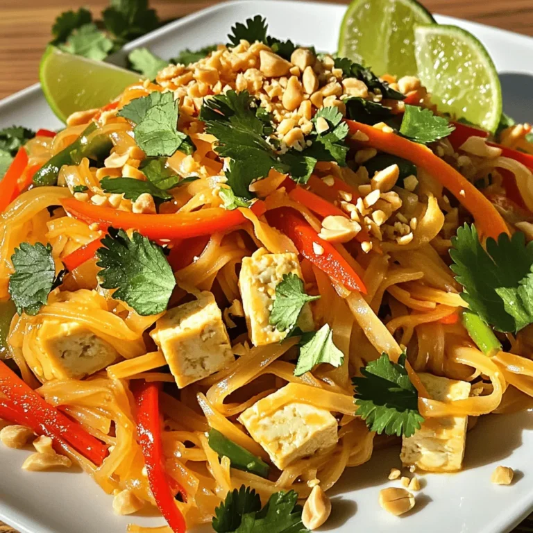 - 8 oz rice noodles - 1 cup firm tofu, cubed - 1 cup carrots, julienned - 1 red bell pepper, thinly sliced - 1 cup bean sprouts To make a great Vegetable Pad Thai, you need a few key ingredients. Rice noodles serve as the base. They soak up flavors and give a nice chewy texture. Firm tofu adds protein and a good bite. Fresh vegetables like carrots and red bell pepper bring color and crunch. Finally, bean sprouts add a fun crunch and freshness to each bite. - 3 tablespoons soy sauce - 1 tablespoon tamarind paste - 1 tablespoon brown sugar - 1 teaspoon chili powder The sauces make the dish shine. Soy sauce adds saltiness and depth. Tamarind paste gives a unique tang that’s hard to resist. Brown sugar balances the flavors with sweetness. Adjust the chili powder to your spice level. You want a kick but not too much heat. - 2 eggs (for non-vegan version) - 1/4 cup crushed peanuts - Fresh cilantro for garnish - Lime wedges for serving For extra flavor, you can add eggs. They make the dish richer and heartier. Crushed peanuts not only give crunch but also add a nutty taste. Fresh cilantro brightens the dish and lime wedges add a zesty finish. These garnishes make your Vegetable Pad Thai look and taste amazing. For the full recipe, check out the details above! Boiling the rice noodles is easy. Start by bringing a large pot of water to a boil. Add 8 oz of rice noodles and cook them for about 4-6 minutes. Check the package for exact times. Once cooked, drain the noodles and rinse them under cold water. This stops the cooking and helps prevent sticking. Set them aside for later. Tofu adds great texture. Heat 2 tablespoons of vegetable oil in a large skillet over medium-high heat. Carefully add 1 cup of cubed firm tofu. Sauté the tofu for about 5-7 minutes. You want it golden brown and crispy on all sides. Once done, take the tofu out and keep it warm on a plate. Add flavor with garlic. In the same skillet, toss in 2 cloves of minced garlic. Sauté for 30 seconds until it smells good. Next, add 1 cup of julienned carrots and 1 thinly sliced red bell pepper. Stir-fry these for 3-4 minutes until they start to soften. You want them tender but still crunchy. Now, combine everything. Push the vegetables to one side of the skillet. If you are using eggs, pour in 2 lightly beaten eggs in the cleared space. Scramble them until fully set. Mix them together with the veggies. Then, add the cooked rice noodles and sautéed tofu back into the skillet. For the final touch, add 1 cup of bean sprouts and half of the chopped green onions. Cook for another 1-2 minutes until everything is hot. This keeps the bean sprouts crunchy. When serving, make it pretty. Use a large, shallow bowl for the pad thai. Top each serving with crushed peanuts, the rest of the green onions, and fresh cilantro. Don't forget lime wedges on the side for a zesty kick. Each bite will be packed with flavor and nutrition, thanks to this full recipe! You can easily customize your Vegetable Pad Thai. If you don't like tofu, try other plant-based proteins like tempeh or seitan. These alternatives add different flavors and textures. Feel free to swap out vegetables too. If you prefer broccoli or snap peas, add them! Use what you have on hand or what you love. This dish is all about flexibility. To avoid sticky noodles, rinse them under cold water after cooking. This step helps separate the noodles. You want them to be soft but not mushy. Stir-frying requires high heat. Use a large skillet or wok to ensure even cooking. High heat helps all ingredients cook quickly and keeps them crisp. This way, you get the best texture and flavor. Spice up your Pad Thai with fresh herbs like basil or mint. These add a nice pop of flavor. You can also use crushed red pepper for extra heat. Pair flavors by serving lime wedges alongside your dish. The citrus brightens the taste. It also enhances the rich flavors of the sauce. For the full recipe, check out the details above. {{image_4}} You can make a vegan version of Vegetable Pad Thai easily. Just skip the eggs. Instead, add more plant-based proteins like chickpeas or edamame. These options boost protein and taste. You still get a filling meal without eggs. Using tofu alone gives a nice texture but more protein is always better! For a gluten-free Pad Thai, use rice noodles. They are naturally gluten-free and ideal for this dish. Also, choose gluten-free sauces, like tamari instead of soy sauce. Check labels to ensure all sauces are gluten-free. This way, you can enjoy this dish without worry. The flavor stays rich and satisfying! If you love heat, make your Pad Thai spicy! Start by adding more chili powder to the sauce. You can also throw in fresh chilies for an extra kick. Adjust the spice level based on your taste. Remember, you can always add more heat, but it’s hard to take it away. Spice lovers will enjoy this version! For the full recipe, check the Veggie Delight Pad Thai section. To keep your Vegetable Pad Thai fresh, cool it quickly. Spread it out in a shallow dish. This helps the heat escape fast. Once cooled, place it in an airtight container. Glass containers work well for storage. They keep flavors and are easy to clean. When it’s time to eat your leftovers, choose the right method. The stovetop is best for reheating. It keeps the noodles from becoming mushy. Simply add a splash of water and stir until heated. If you use a microwave, heat in short bursts. Stir between sessions to avoid hot spots. In the fridge, your Vegetable Pad Thai lasts about three days. After that, check for spoilage. If it smells sour or has a slimy texture, it’s time to toss it. Always trust your senses to ensure safety. For the best taste, eat it within a day or two. For the complete recipe, check out the Full Recipe. The best noodles for Pad Thai are rice noodles. They are gluten-free and soak up flavors well. You can find them in various widths. You can also use flat rice noodles for a chewy texture. If you can’t find rice noodles, you can try using egg noodles. However, the taste will differ. Yes, you can make Pad Thai ahead of time. You can cook the noodles and store them separately. Keep the cooked noodles in a sealed container. Store the sauce and veggies in another container. When ready to eat, just combine them in a skillet. Heat everything until warm. This method keeps flavors fresh and bright. To make your Vegetable Pad Thai spicier, add more chili powder. You can also use fresh chilies like Thai bird's eye chilies. Start with a small amount and taste as you go. For more heat, try adding sriracha or sambal oelek. These sauces add both heat and flavor. Tamarind paste is a thick, dark paste from tamarind fruit. It has a sour and sweet flavor. This flavor adds depth to Pad Thai. You can find tamarind paste in Asian markets or online. It often comes in jars or blocks. Yes, this Vegetable Pad Thai is great for meal prep. You can chop veggies in advance and store them in the fridge. Cooked noodles can also be made ahead and stored separately. Just mix everything together before serving. This keeps your meal fresh and tasty. Yes, you can omit tofu from the recipe. If you want protein, consider using chickpeas or tempeh. You can also add more vegetables like mushrooms or zucchini. This keeps it filling and nutritious. Check out the full recipe for more ideas! You learned about making Vegetable Pad Thai, focusing on key ingredients and process. From rice noodles to crisp tofu and vibrant veggies, each part is important. Customize your dish with tips on spices and substitutions. Remember, it’s easy to adapt this recipe to suit your taste. Enjoy your meal and explore different variations. With a little practice, you’ll master this tasty dish and impress your friends. Happy cooking!