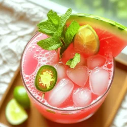 To make a Spicy Watermelon Margarita Mocktail, you need fresh, simple ingredients. Here is what you'll need: - 2 cups of seedless watermelon, cut into cubes - 1/4 cup of freshly squeezed lime juice (about 2 limes) - 1 tablespoon of agave syrup (for sweetness) - 1 jalapeño pepper, thinly sliced (remove seeds for less heat) - Sparkling water or club soda, for topping - Ice cubes, as needed - Lime wedges and watermelon slices, for garnish - Fresh mint leaves, for garnish These ingredients come together to create a refreshing drink. The watermelon adds sweetness, while lime gives a tangy kick. The jalapeño adds spice, making this drink unique. You can enhance your mocktail with extra flavors. Here are some optional additions: - Fresh basil or cilantro for a herbaceous note - A splash of orange juice for a citrus boost - Coconut water for a tropical twist - A sprinkle of sea salt to balance the sweetness Feel free to mix in any extras you like. Each will create a different flavor profile and make your drink special. To prepare this mocktail, you’ll need some simple tools: - Blender for mixing the watermelon and lime juice - Fine sieve or cheesecloth to strain the mixture - Pitcher for combining ingredients - Glasses for serving - Ice scoop for adding cubes Having the right equipment makes the process smooth. Each tool plays an important role in creating your drink. To start, grab 2 cups of seedless watermelon. Cut it into small cubes. Next, squeeze 1/4 cup of fresh lime juice. This usually comes from about 2 limes. Place the watermelon cubes and lime juice into a blender. Blend it on high until it is smooth. This will give you a bright and tasty mix. Now, take a large pitcher. Strain the blended mix through a fine sieve or cheesecloth. This helps to remove any pulp, making the drink smooth. Pour the liquid back into the pitcher. Add 1 tablespoon of agave syrup for a touch of sweetness. Then, add 1 thinly sliced jalapeño, seeds removed if you want less heat. Stir well to mix it all together. Let it sit for about 10 minutes. This allows the jalapeño to add its spicy kick. If you like, you can take the jalapeño out sooner for less spice. Take some glasses and fill each halfway with ice cubes. Pour the watermelon-lime juice mixture in until it is two-thirds full. Now, top each glass with sparkling water or club soda. Fill it to the brim and stir gently. This blends the flavors without losing the bubbles. For a nice touch, garnish with a lime wedge, a watermelon slice, and a sprig of fresh mint. This drink not only tastes great but looks stunning too. Enjoy your refreshing Spicy Watermelon Margarita Mocktail! For the full recipe, check the details above. Choosing the right watermelon is key. Look for watermelons that feel heavy for their size. This means they are juicy. Check for a uniform shape and a creamy yellow spot. This spot shows where the watermelon rested on the ground and ripened. A good watermelon should have a dull skin and a firm feel. If it sounds hollow when you tap it, that’s a good sign! You can change the spice and sweetness to match your taste. For less spice, remove the jalapeño seeds and use less of the slices. If you want more heat, let the jalapeño infuse longer. You can also add more slices if you like it hot. For sweetness, start with the one tablespoon of agave syrup. Taste and add more if you need a sweeter drink. This way, you create a balance that suits your palate. Making your mocktail look great adds to the fun! Use tall, clear glasses to show off the vibrant pink color. Add ice first, then pour in the drink, leaving some space at the top. Garnish with lime wedges, watermelon slices, and fresh mint leaves for a bright touch. You can even rim the glasses with salt or sugar for extra flair. For a party, place all garnishes on a platter so guests can decorate their drinks. This makes each drink feel special! {{image_4}} You can change the flavor of your Spicy Watermelon Margarita Mocktail by adding fruits. Try mixing in fresh strawberries or mango. These fruits add sweetness and a fun twist. You can also use pineapple for a tropical vibe. Just blend your chosen fruit with the watermelon for a new taste. The key is to keep the balance between sweet and spicy. If you want to swap out agave syrup, you have options. Honey works well as a natural sweetener. You can also use maple syrup for a unique flavor. If you prefer a sugar-free option, try stevia or monk fruit. Each sweetener will change the taste slightly, so taste as you go. You can also mix in different sodas like ginger ale for a spicy kick. For a creamy twist, add Greek yogurt to your mocktail. This change boosts the protein content. Start with a small amount, about 1/4 cup, and blend it with the watermelon. The yogurt makes the drink rich and filling. It also adds a smooth texture that is refreshing. Just remember to adjust the sweetness to balance the yogurt's tang. For the complete recipe, check the Full Recipe section. If you have any Spicy Watermelon Margarita Mocktail left over, store it in the fridge. Use an airtight container to keep it fresh. This drink tastes best when cold, so chill it well before serving again. You can also keep the mocktail in a glass jar with a tight lid. This helps keep the flavors locked in. To keep your ingredients fresh, follow these tips: - Watermelon: Store it whole in a cool place. If cut, wrap it tightly in plastic wrap and refrigerate. - Lime Juice: Fresh juice lasts best in a sealed jar in the fridge. Use it within a week. - Agave Syrup: Keep it in a cool, dry place. It will last a long time. - Jalapeño: Store it in the fridge. Use it within a week for the best flavor. The mocktail will stay fresh in the fridge for up to three days. If you want to freeze it, pour the mixture into ice cube trays. This way, you can enjoy it later. Just thaw the cubes and mix them with sparkling water when you're ready to sip. However, avoid freezing the garnishes like mint or lime. They don’t hold up well in the freezer. For the full recipe, check out the complete guide on making this refreshing delight! Yes, you can prepare the watermelon-lime juice ahead of time. Just blend the watermelon and lime juice, then strain it. Store the liquid in the fridge for up to two days. When ready to serve, add jalapeño slices and mix with ice and sparkling water. This keeps it fresh and tasty. For a non-alcoholic twist, try using flavored sparkling water or non-alcoholic tequila. You can also use a mix of lime juice and agave syrup for a sweet base. These options give you the same fun flavors without alcohol. To make your mocktail spicier, leave the jalapeño slices in the mix longer. You can also add a pinch of cayenne pepper or use a spicier pepper. Start with small amounts and taste as you go. This way, you can find the perfect heat level for your drink. You now have all the key steps to make a spicy watermelon margarita mocktail. We covered key ingredients, tasty options, and the right tools for great results. You learned how to blend flavors, add heat, and make your drink look festive. Don't forget the tips for selecting the best watermelon and adjusting spice levels. Try the fun variations and enjoy this refreshing drink. Practice these methods, and impress your friends with your skills! Enjoy your mocktail and keep experimenting!