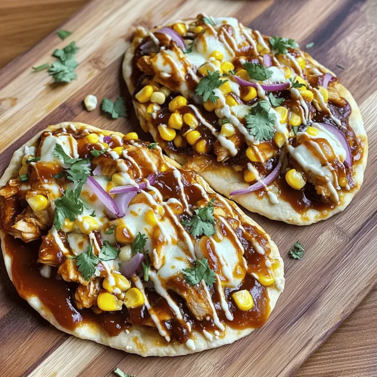 - 2 flatbreads or naan - 1 cup cooked chicken, shredded - 1 cup BBQ sauce (homemade or store-bought) - 1 cup mozzarella cheese, shredded - 1/2 cup red onion, thinly sliced - 1/2 cup corn kernels - 1/4 cup fresh cilantro, finely chopped - 1 tablespoon olive oil - Salt and pepper to taste - Baking sheet - Parchment paper - Medium bowl - Spatula When I set out to make BBQ chicken flatbread, I love gathering my ingredients first. This step makes cooking smoother and more fun. Start with the flatbreads or naan; they form the base. Then, grab the cooked chicken. I always keep some cooked chicken on hand. It saves time and makes meals easy. Next, choose your BBQ sauce. I like to use homemade when I can, but store-bought works well too. The flavor it brings is key to this dish. Mozzarella cheese is a must; it melts beautifully and adds creaminess. Red onion adds a nice crunch and sharp taste. Corn kernels give sweetness and texture. Finally, fresh cilantro brightens the whole dish. It’s the final touch that makes everything pop. For tools, a baking sheet and parchment paper help keep things tidy. A medium bowl is great for mixing the chicken and sauce. Lastly, a spatula makes spreading easy. Gather all these items before you start cooking, and you’ll be ready to make a tasty meal. Don't forget to check the [Full Recipe] for all the steps and tips! - Preheat the oven to 400°F (200°C). - In a medium bowl, combine the shredded chicken with BBQ sauce. Mix well until all the chicken is coated in sauce. - Brush both sides of the flatbreads with olive oil. - Spread the BBQ chicken mixture evenly over the flatbread, leaving a little space around the edges. - Sprinkle mozzarella cheese on top of the chicken. Then, add the red onion and corn evenly. - Place the flatbreads on a lined baking sheet to prevent sticking. - Bake for 12-15 minutes until the cheese is bubbly and golden brown. - Allow the flatbreads to cool for a few minutes. Then, garnish with chopped cilantro for a fresh touch. How to choose the right flatbread or naan I love using flatbreads or naan for this dish. They cook fast and taste great. Look for fresh, soft flatbreads. You want them to hold the toppings well. Whole wheat or garlic naan adds a fun twist and more flavor. Tips for a crispy crust To get that nice, crispy crust, brush your flatbread lightly with olive oil. This helps it brown well in the oven. Preheat your oven to 400°F (200°C) before baking. Baking on a hot surface gives the best results. For extra crunch, bake directly on the oven rack for the last few minutes. Suggestions for additional toppings You can mix it up with toppings. Try adding sliced bell peppers, jalapeños, or black olives. A sprinkle of feta cheese adds a nice salty kick. You can even toss on some arugula after baking for a fresh touch. How to make homemade BBQ sauce Making your own BBQ sauce is simple. Mix ketchup, brown sugar, vinegar, and spices like garlic powder and smoked paprika. Adjust the sweetness and heat to your taste. Homemade BBQ sauce can take this flatbread to the next level. Use it in the recipe for great flavor. For the full recipe, check out the link. {{image_4}} You can make a tasty vegetarian BBQ flatbread by swapping out chicken. Try using roasted vegetables like bell peppers, zucchini, and mushrooms. They add great flavor and color. For cheese lovers, use vegan cheese alternatives. These melt well and keep your dish creamy. This option is perfect if you want to be dairy-free. If you love pizza, try using pizza dough instead of flatbread. It gives a nice chewy texture. Roll out the dough to your desired thickness. Adjust the baking time if you use pizza dough. It may need a bit longer, around 15 to 20 minutes. Watch closely until it turns golden brown. These variations make BBQ chicken flatbread fun and flexible. You can enjoy it in new ways every time! For the full recipe, check out the BBQ Chicken Flatbread Delight. To store leftovers, first let your BBQ chicken flatbread cool completely. Then, wrap each piece in plastic wrap or foil. This keeps the flatbread fresh. Place the wrapped flatbreads in an airtight container. Store them in the fridge for up to three days. If you want to keep them longer, you can freeze them. Wrap each flatbread tightly in plastic wrap, then place them in a freezer bag. They can last up to three months in the freezer. When you're ready to enjoy your flatbread again, there are a few great ways to reheat it. The best method is to use an oven. Preheat it to 350°F (175°C). Place the flatbread directly on the oven rack or on a baking sheet. Heat for about 10 minutes. This will help keep the crust crispy. If you're in a hurry, you can use a microwave. Place the flatbread on a microwave-safe plate. Heat it for 30 seconds to 1 minute. To keep the crust from getting soggy, place a paper towel under the flatbread. This absorbs extra moisture. Remember, reheating in the oven gives the best texture. Enjoy your tasty BBQ Chicken Flatbread! For the full recipe, check the details above. You can use naan, pita bread, or even pizza dough. Each option offers a unique taste. Naan adds a soft and chewy texture. Pita is great for a lighter base. Pizza dough gives a thicker crust. BBQ Chicken Flatbread lasts about 3 days in the fridge. Make sure to store it in an airtight container. This helps keep it fresh and tasty. Yes, you can prepare the BBQ chicken mix in advance. Just store it in the fridge until you're ready to bake. Assemble your flatbreads just before cooking for the best results. Here are some great sides to serve: - Coleslaw - Grilled veggies - Corn on the cob - A fresh garden salad These dishes add balance and freshness to your meal. You can find the full recipe [here](#). In this blog post, we covered the ingredients and steps to make BBQ Chicken Flatbread. We talked about how to prepare, assemble, and bake it for a tasty meal. I shared tips for perfect texture and flavor, plus variations for different diets. Make sure to store leftovers properly and check the FAQs for common questions. This dish is easy to enjoy and customize. Now it’s time to get cooking and enjoy your creation!