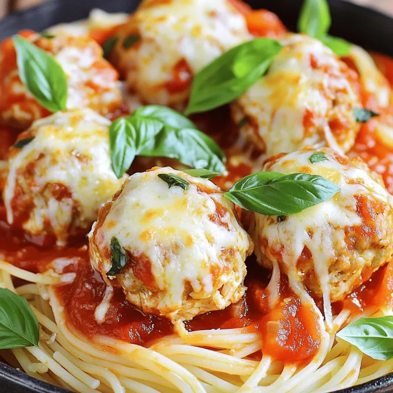 To make Chicken Parmesan meatballs, you need fresh and simple ingredients. Here's what you'll need: - 1 lb ground chicken - 1 cup breadcrumbs (Italian-seasoned for extra flavor) - ½ cup grated Parmesan cheese - ½ cup shredded mozzarella cheese - 1 large egg - 2 cloves garlic, finely minced - 1 teaspoon dried oregano - 1 teaspoon dried basil - ½ teaspoon salt - ¼ teaspoon freshly ground black pepper - 1 cup marinara sauce (store-bought or homemade) - Fresh basil leaves for garnish These ingredients come together to create a dish full of flavor. The ground chicken serves as a light and healthy base. The breadcrumbs add texture, while the cheeses bring richness and depth. The egg helps bind everything together. Garlic, oregano, and basil infuse each bite with Italian flair. Marinara sauce completes the dish, making it comforting and delicious. And don’t forget the fresh basil for a pop of color. For the full recipe, check out the complete steps to craft this delightful meal. - Preheat the oven and prepare the baking sheet. Set your oven to 400°F (200°C). Line your baking sheet with parchment paper. This helps with easy cleanup and prevents sticking. - Combine all ingredients in a mixing bowl. In a large bowl, mix ground chicken, breadcrumbs, grated Parmesan cheese, shredded mozzarella, egg, minced garlic, and herbs. Make sure everything is well blended. - Shape the meatballs and arrange on the baking sheet. Use clean hands to scoop out portions. Roll them into balls, about 1.5 inches wide. Place each meatball on the baking sheet with space between them. - Bake the meatballs to perfection. Place the baking sheet in the oven and bake for 20 to 25 minutes. Look for a nice golden-brown color. Check the meatballs to ensure the inside reaches 165°F (74°C). - Heat up marinara sauce. While the meatballs bake, pour marinara sauce into a small saucepan. Heat it over medium heat. Stir occasionally until it warms up nicely. - Toss meatballs in sauce. Once baked, transfer the meatballs to the saucepan. Gently toss them in the sauce to coat them well. - Presentation tips for serving. For a beautiful plate, put the meatballs on a plate. Add extra marinara sauce and sprinkle fresh basil on top. If you like, add more grated Parmesan for extra flavor. For the full recipe, please refer to the original instructions. - How to keep meatballs moist: Use ground chicken with some fat. Adding breadcrumbs helps too. Mix in some grated cheese for more moisture. - Alternatives to ground chicken: You can use ground turkey or lean beef. Pork also works well for a different taste. - Importance of even meatball size: Make meatballs the same size for even cooking. Aim for 1.5 inches in diameter. This helps them cook through at the same rate. - Checking for doneness: Use a meat thermometer. The internal temperature should reach 165°F (74°C). If you don’t have one, cut a meatball in half. It should look white, not pink. - Adjusting baking time based on size: Larger meatballs need more time. If your meatballs are bigger than 1.5 inches, add 5-10 minutes. Keep an eye on them to avoid overcooking. - Adding extra spices: Try adding red pepper flakes for heat. A pinch of smoked paprika gives a nice depth. Fresh herbs like parsley can brighten the flavors. - Cheese options for added richness: Use a mix of cheeses. Mozzarella offers stretch, while provolone adds a sharp taste. For a stronger flavor, go for aged Parmesan. These tips will elevate your Chicken Parmesan meatballs and make them a crowd favorite. For the complete recipe, check out the Full Recipe section. Enjoy crafting this delightful dish! {{image_4}} If you need a gluten-free option, use gluten-free breadcrumbs. They work well and keep the meatballs tasty. You can find these at most stores or make your own by grinding gluten-free bread. For those who want to skip dairy, try using dairy-free cheese. Brands like Daiya or Violife offer great alternatives. They melt nicely and add flavor without the dairy. You can add vegetables to the meat mixture for extra nutrition. Chopped spinach or grated zucchini blends in well. They add moisture and flavor. You can also switch up the sauce. Instead of marinara, try pesto or Alfredo. Each sauce brings a new twist to the dish and keeps it fresh. Pair these meatballs with pasta or a fresh salad. They soak up the sauce and add heartiness to your meal. If you want a fun twist, serve them in a sub sandwich. Just place the meatballs in a hoagie roll and top with extra cheese and sauce. It's a delicious way to enjoy this dish on the go. For the full recipe, check out the Chicken Parmesan Meatballs Delight section. After you enjoy your Chicken Parmesan meatballs, store any leftovers right away. Place them in an airtight container. Make sure they cool down slightly before sealing. This helps keep them fresh. You can also freeze the meatballs for later. Arrange them in a single layer on a baking sheet. Freeze until firm, then transfer to a freezer bag. This way, you can enjoy them later without losing flavor. When it’s time to reheat, you want to keep them tasty. The best way is to use the oven. Preheat it to 350°F (175°C). Place the meatballs on a baking sheet. Cover them with foil to keep moisture in. Heat for about 10-15 minutes. You can also use the microwave. But be careful! Heat them in short bursts. Check every 30 seconds to avoid drying them out. In the fridge, your chicken meatballs last for about 3-4 days. If you want to keep them longer, the freezer is your friend. They can stay good for up to 3 months. Just remember to label your bags with the date. This helps you keep track of their freshness. For the full recipe, check out the details above. Can I make Chicken Parmesan Meatballs ahead of time? Yes, you can make Chicken Parmesan meatballs ahead of time. Prepare the meatballs and store them in the fridge for up to 24 hours. You can also freeze them for longer storage. Just make sure to cook them before serving. What can I serve with Chicken Parmesan Meatballs? I love serving these meatballs with spaghetti. You can also pair them with a fresh salad or garlic bread. They work great in a sub sandwich, too! How can I tell if the meatballs are cooked through? To check if your meatballs are done, use a meat thermometer. The center should reach 165°F (74°C). You can also cut one open. It should be juicy and no longer pink. Can I grill these meatballs instead of baking? Absolutely! Grilling adds a nice smoky flavor. Just shape the meatballs and grill them over medium heat. Cook for about 10-15 minutes, turning often. How do I make the recipe spicy? To spice it up, add red pepper flakes to the meat mixture. You can also mix in diced jalapeños or hot sauce for extra heat. Calories and macros per serving Each serving of Chicken Parmesan meatballs has about 350 calories. You get around 25g of protein, 15g of fat, and 30g of carbs. Health benefits of the ingredients used Ground chicken is lean and low in fat. Garlic boosts your immune system. Fresh herbs add flavor without extra calories. Plus, cheese gives you calcium for strong bones. For the complete recipe, check out the Full Recipe section. In this blog post, we explored a tasty Chicken Parmesan Meatballs recipe. We covered key ingredients like ground chicken and cheese, followed by easy steps to prepare and cook. I shared tips to keep your meatballs moist and variations to suit your taste. Remember to store leftovers correctly for the best flavor. Enjoy these meatballs with pasta or in a sub sandwich. They are simple to make and great for any meal. Try out this recipe, and you will make delicious meatballs every time.