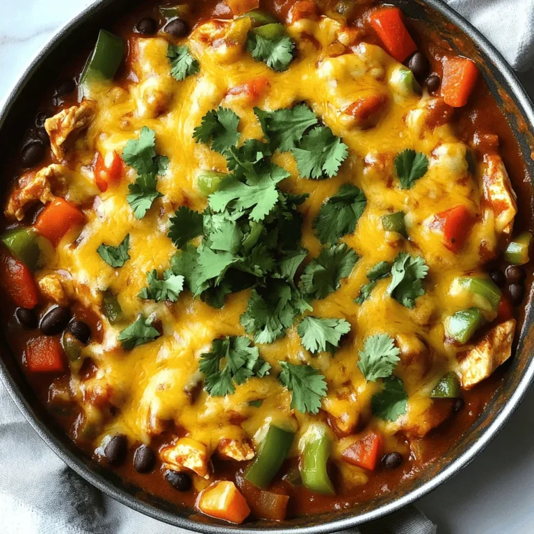 - 1 lb boneless, skinless chicken breasts, cut into small cubes - 1 tablespoon extra virgin olive oil - 1 medium onion, finely chopped - 2 cloves garlic, minced - 1 bell pepper, diced - 1 can (10 oz) enchilada sauce - 1 can (15 oz) black beans, drained and rinsed - 1 cup corn kernels, drained - 2 cups cooked rice, white or brown - 1 teaspoon ground cumin - 1 teaspoon chili powder - Salt and black pepper to taste - 1 ½ cups shredded cheese, like Cheddar or Monterey Jack - Fresh cilantro leaves, chopped The main ingredients create a great base for the dish. The chicken adds protein and flavor. The onion, garlic, and bell pepper give it a nice aroma. The additional ingredients, like the enchilada sauce and black beans, bring in the authentic enchilada taste. Corn adds sweetness, while rice makes it hearty. For a cheesy finish, you need a good amount of cheese. I recommend using a mix, so you get a rich taste. The cilantro at the end adds freshness and color. You can find the full recipe in the earlier section if you need more details. - Heat the olive oil in the skillet. - Season and sauté the chicken. First, grab a large skillet and heat the olive oil over medium heat. Once the oil is hot, add the chicken cubes. Make sure to season the chicken with salt, pepper, cumin, and chili powder. Sauté the chicken for about 5 to 7 minutes. Stir occasionally until the chicken turns golden and is no longer pink. This step ensures your chicken will be juicy and flavorful. - Incorporate onion, garlic, and bell pepper. - Cook until softened. Next, add the chopped onion, minced garlic, and diced bell pepper to the skillet. Stir them in with the chicken. Cook everything for about 3 to 4 minutes. The goal is to soften the veggies and let their flavors mingle. You'll know it's ready when the kitchen smells great! - Pour in enchilada sauce and add beans, corn, and rice. - Mix thoroughly and heat through. Now it's time to bring it all together! Carefully pour in the enchilada sauce. Then, add the drained black beans, corn, and cooked rice. Mix everything well so that the sauce coats all the ingredients. Heat this mixture for about 5 minutes. Stir occasionally to warm it evenly. This step is where you truly create a comforting and hearty dish. - Preheat the oven's broiler. - Sprinkle cheese and broil until melted. Before finishing up, preheat your oven’s broiler to high. Once the mixture is heated through, sprinkle the shredded cheese on top. Place the skillet under the broiler for 2 to 3 minutes. Keep a close eye on it! You want the cheese to melt and turn bubbly without burning. This step adds a delicious, gooey layer that pulls the dish together. Enjoy making this Cheesy Chicken Enchilada Skillet with the full recipe provided! - Always check that your chicken is fully cooked. The inside should be white, not pink. - Broil the cheese carefully. It melts fast, so keep an eye on it to avoid burning. - Spice up your dish! Add more chili powder or cumin based on your taste. - A splash of lime juice can bring a bright zing to your skillet. It adds freshness. - Serve the dish right from the skillet. It looks great and keeps it warm. - Garnish with chopped cilantro. It adds a pop of color and enhances the flavor. For the complete recipe with all details, check the Full Recipe. {{image_4}} You can switch things up with your Cheesy Chicken Enchilada Skillet. Try using turkey instead of chicken for a leaner option. If you want a plant-based meal, tofu works great too. You can also change the cheese. Cheddar adds a sharp taste, while Monterey Jack gives a creamy touch. Need it gluten-free? Use gluten-free enchilada sauce. For a vegan option, simply replace chicken and cheese with plant-based versions. There are many great products that taste amazing. This way, everyone can enjoy the dish! You can serve this dish in many ways. Warm tortillas are perfect for scooping up the enchiladas. Or, put it on a bed of lettuce for a fresh twist. For extra flavor, pair it with guacamole or salsa. These sides add a nice touch and make the meal even more fun. For the full recipe, check the details above! To keep your cheesy chicken enchilada skillet fresh, refrigerate it in an airtight container. This dish tastes best when enjoyed within 3-4 days. The flavors meld beautifully, making it even more delicious on the second day. When you want to enjoy your leftovers, reheat them in the skillet over medium heat. This method helps maintain the texture and flavor. If you're in a hurry, you can also use a microwave for quick reheating. For easy future meals, freeze the skillet in portions. This way, you can enjoy a hearty meal anytime. Make sure to thaw it overnight in the refrigerator before reheating. This keeps the dish flavorful and safe to eat. Enjoy your cheesy chicken enchilada skillet later with great taste! Yes, you can prepare Cheesy Chicken Enchilada Skillet ahead of time. Just cook the dish as directed. Once it's ready, let it cool down. Then, store it in the fridge or freezer. If you store it in the fridge, it stays good for 3-4 days. If you freeze it, it lasts for about 2-3 months. Reheat it when you're ready to enjoy this tasty meal. To kick up the heat, add jalapeños to the skillet. You can slice them and mix them in with the chicken and veggies. Another option is to use a spicy enchilada sauce. This sauce can really bring out the flavors and add that extra zing. Adjust the spice level to your liking for the perfect kick. You can serve Cheesy Chicken Enchilada Skillet with a few tasty sides. Tortilla chips work great for scooping. Guacamole adds a creamy touch. A fresh salad with crunchy veggies also pairs well. These sides balance the richness of the skillet and make for a fun meal. Absolutely! You can swap chicken for your favorite protein. Turkey or tofu are great choices. If you want a vegetarian dish, just leave out the meat. Use extra beans or veggies instead. The flavors will still shine through, making it a delicious option for everyone. This Cheesy Chicken Enchilada Skillet combines simple ingredients and easy steps. You learned how to prepare tasty chicken with veggies and cheese. Cooking tips help you avoid common mistakes, while variations offer fun options. Store leftovers for later meals, and answers to FAQs provide clarity. Enjoy making this dish your own, tailoring flavors and proteins to fit your taste. This recipe is sure to become a favorite for quick, delicious meals.