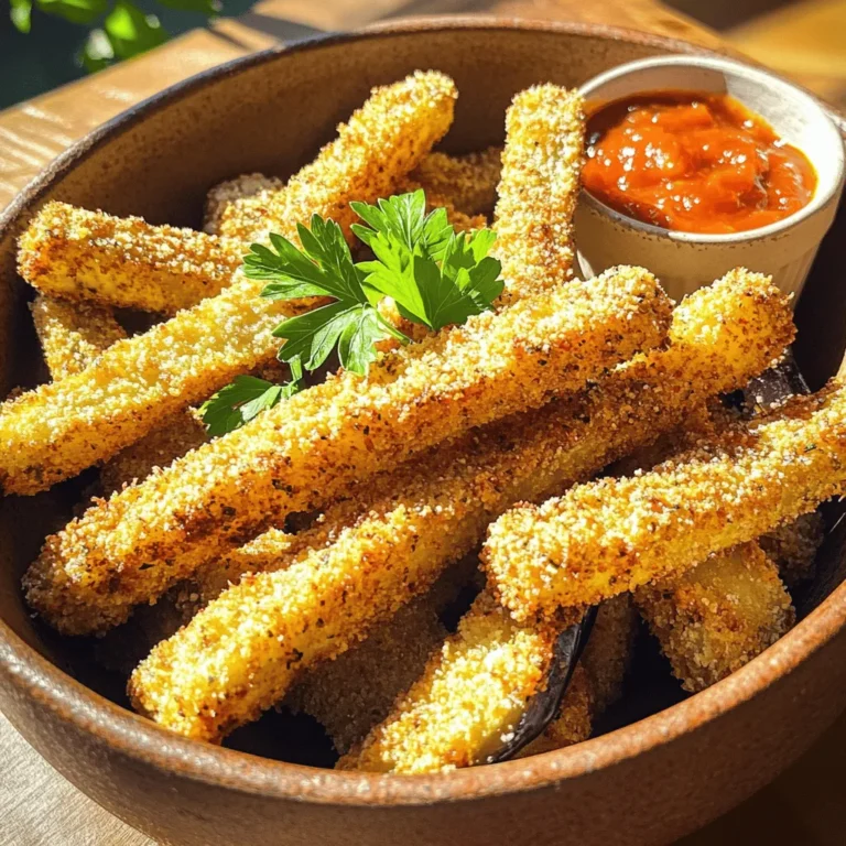 - Medium-sized eggplant - Olive oil spray - Panko breadcrumbs - All-purpose flour - Garlic powder - Onion powder - Smoked paprika - Salt and pepper - Large eggs To make crispy air fryer eggplant fries, you will need fresh and dry ingredients. The heart of this recipe is a medium-sized eggplant. Choose one that feels firm and looks shiny. This eggplant will give you the best flavor and texture. You will also need olive oil spray. This helps achieve that perfect crispiness without using too much oil. For the dry ingredients, grab panko breadcrumbs. They add a fantastic crunch. You will also need some all-purpose flour. Flour helps the coating stick to the eggplant. Season the flour with garlic powder, onion powder, smoked paprika, salt, and pepper. These spices add great flavor to your fries. Finally, you need two large eggs. Beaten eggs act as a binder and help the breadcrumbs stick. Check out the Full Recipe to see how these ingredients come together for a tasty snack! First, you need to preheat the air fryer to 400°F (200°C). This step is key for getting those fries crispy. While the air fryer warms up, set up your dredging station. You will need three bowls for this. In the first bowl, mix all-purpose flour with a sprinkle of salt and pepper. In the second bowl, beat two large eggs until smooth. In the third bowl, combine panko breadcrumbs with garlic powder, onion powder, smoked paprika, and a little more salt and pepper. This mix will give your fries great flavor! Now, let’s coat those eggplant fries. Take each fry one by one. First, dredge it in the seasoned flour. Make sure to shake off any extra flour. Next, dip it into the beaten eggs, letting any extra drip off. Finally, roll the fry in the breadcrumb mix, pressing gently so the crumbs stick well. This process ensures a crunchy coating. Once your fries are coated, it’s time to cook. Arrange the eggplant fries in a single layer inside the air fryer basket. Avoid overcrowding them, or they won’t cook evenly. If you have a lot, you might need to do this in batches. Next, lightly spray the fries with olive oil. This step helps them crisp up nicely. Now, air fry the eggplant fries for about 12 to 15 minutes. Flip them halfway through to ensure they cook evenly. When they are done, they should be golden brown and crunchy. Remove them from the air fryer and enjoy them right away for the best taste. For the full recipe, check out the detailed instructions. To get the best crispiness, avoid overcrowding the air fryer. When you place too many fries in the basket, they steam instead of fry. This makes them soggy. Instead, fry them in small batches. This way, each fry gets enough hot air to crisp up nicely. Another key to great fries is using the right spraying method. Lightly spray the fries with olive oil spray before cooking. This little step helps them turn golden and crunchy. Make sure to spray evenly for a consistent texture. Pair your crispy eggplant fries with delicious dips. Marinara sauce is a classic choice. It adds a nice tang. Garlic aioli also works well for a rich flavor. You can even mix up the dips to keep things fresh. For presentation, serve the fries in a stylish bowl. Place a small dish of your chosen dip right next to them. This makes it easy to grab a fry and dip it in the sauce. To make the plate pop, sprinkle some chopped fresh parsley on top. This simple touch adds color and makes your dish look even more appetizing. Enjoy your crispy air fryer eggplant fries with flair! For the full recipe, check out the details above. {{image_4}} You can make your eggplant fries more exciting. Adding Parmesan cheese gives a rich flavor. Just sprinkle it on top of the fries before cooking. Spicing up with chili powder adds a kick. Mix it into the breadcrumb mix for a spicy twist. Adjust the amount based on your taste. If you prefer gluten-free options, use almond flour instead of regular flour. You can also try gluten-free breadcrumbs. They both work well to keep the fries crunchy. Get creative by making loaded fries. Top your eggplant fries with cheese, diced tomatoes, and green onions. It makes a fun party snack. Serving with different sauces can change the game. Try marinara, ranch, or a spicy aioli. Each sauce brings a unique taste to the dish. For the full recipe, check out the Crispy Air Fryer Eggplant Fries section above. To keep your crispy air fryer eggplant fries fresh, follow these easy steps: - Refrigeration: Place the fries in an airtight container. This keeps out moisture and air. - Maintain Crispiness: Before sealing the container, let the fries cool. This helps prevent sogginess. When you're ready to enjoy your leftovers, reheating is key: - Air Fryer Method: Preheat your air fryer to 350°F (175°C). Place the fries in a single layer. Heat for about 5-7 minutes. This will help restore their crispy texture. - Oven Method: Preheat your oven to 375°F (190°C). Spread the fries on a baking sheet. Bake for 10-15 minutes, flipping halfway through for even warming. Following these tips will help you enjoy your crispy air fryer eggplant fries even after storing! For the full recipe, check back for more delicious details. Can I use other vegetables instead of eggplant? Yes, you can use other vegetables. Zucchini, sweet potatoes, or carrots work well too. Just cut them into fry shapes. The cooking time may change. Keep an eye on them while they fry. How do I make air fryer eggplant fries without breadcrumbs? You can skip breadcrumbs. Just coat the eggplant with flour and egg. For more flavor, add spices like garlic powder or paprika to the flour. This will still give you a tasty fry. Eggplant is low in calories and rich in fiber. A serving has about 25 calories. It is also full of vitamins and antioxidants. Eating eggplant can support heart health. It aids digestion and may help with weight loss. Enjoying these fries can be a healthy choice. What if my fries are not crispy enough? If your fries aren't crispy, try these tips: - Ensure you coat them well with the breadcrumbs. - Avoid overcrowding the air fryer basket. Give them space to cook. - Spray more olive oil for better crispiness. You can add a few more minutes to the cooking time too. Test them until they reach your desired crispiness. This blog post covered all you need to make air fryer eggplant fries. We looked at fresh and dry ingredients, step-by-step cooking, and tips to get that perfect crisp. You learned how to enhance flavors and store leftovers properly. These fries are tasty and easy to make. Experiment with different coatings and dips to find your favorites. Enjoy your cooking!