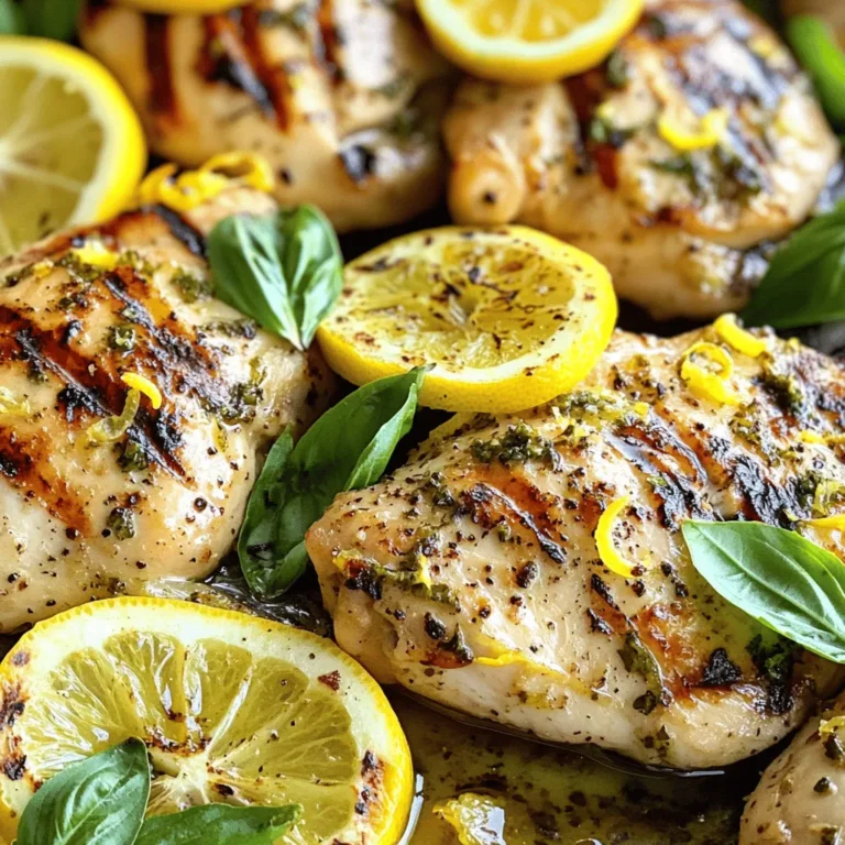 To make a tasty Lemon Basil Chicken, gather these key items: - 4 boneless, skinless chicken breasts - 1/4 cup freshly squeezed lemon juice - Zest of 1 lemon - 1/4 cup extra virgin olive oil - 3 cloves garlic, finely minced - 1 teaspoon natural honey - Salt and freshly cracked black pepper, to taste These ingredients create a bright and flavorful marinade. The lemon juice adds zing, while the honey gives a touch of sweetness. The garlic brings depth, and the olive oil helps keep the chicken moist. For a lovely finish, use these garnishing items: - 1 cup fresh basil leaves, roughly chopped - Lemon slices, for elegant garnish - Extra fresh basil leaves, for additional garnish Fresh basil and lemon slices not only add color but also enhance the dish's aroma. The basil's herbal notes balance the lemon's acidity, making every bite refreshing. You can also add extra basil leaves for a pop of color and flavor. You can find the full recipe for Lemon Basil Chicken at the end of this article. To start, gather your ingredients. You need fresh lemon juice, olive oil, minced garlic, honey, and chopped basil. In a large mixing bowl, combine these ingredients. Whisk them well to mix. This forms a bright and fragrant marinade. Next, season the mixture with salt and pepper. This step boosts the flavor of your chicken. Make sure to taste it before moving on. Now, take your chicken breasts and place them in the bowl. Coat each piece thoroughly in the marinade. This helps the flavors soak in. Cover the bowl and refrigerate it. Let the chicken marinate for at least 30 minutes. For the best flavor, aim for 2 hours if you have time. When you’re ready to cook, preheat your grill. Aim for a medium-high heat. This temperature gives you nice grill marks. Take the chicken out of the marinade, letting the excess drip off. Discard the leftover marinade to keep things safe. Place the chicken on the hot grill. Cook for about 6-7 minutes on each side. The chicken is done when it reaches 165°F (75°C). Look for beautiful grill marks and slight caramelization on the outside. Once cooked, move the chicken to a cutting board. Let it rest for about 5 minutes. This allows the juices to settle. Now, slice the chicken into thick pieces. Serve warm with lemon slices and fresh basil. For the full recipe, click [Full Recipe]. To make your marinade even better, try adding a splash of white wine. A bit of Dijon mustard can also add a nice kick. When it comes to timing, marinating for at least 30 minutes is key. For a deeper flavor, let it soak for two hours. The longer you marinate, the tastier your chicken will be. For even cooking, make sure your grill is hot before you start. Place the chicken on the grill and leave it alone for a few minutes. This helps form great grill marks. Use a meat thermometer to check the internal temperature. Aim for 165°F (75°C) for juicy, safe chicken. To make your dish look gourmet, slice the chicken into thick pieces. Arrange them on a nice platter. Scatter fresh basil and lemon slices on top. This adds color and freshness to your meal. Serve with a side of grilled veggies or a light salad for a complete dinner. For the full recipe, check out the [Full Recipe]. Enjoy your delicious Lemon Basil Chicken! {{image_4}} Adding seasonal veggies to the grill makes this dish even better. You can use bell peppers, zucchini, or asparagus. These veggies soak up the lemon basil flavor. Just toss them in olive oil, salt, and pepper. Grill them alongside the chicken. This method adds color and nutrition to your meal. Transforming lemon basil chicken into a fresh salad is easy. After grilling the chicken, slice it into strips. Toss it on a bed of mixed greens. Add cherry tomatoes, cucumbers, and avocado for extra flavor. Drizzle with a light lemon vinaigrette for a zesty kick. This salad is perfect for lunch or a light dinner. You can switch proteins for more variety. Shrimp works wonderfully with the lemon and basil. Marinate the shrimp just like you do with chicken. Grill them for a quick meal. Tofu is another great option. It absorbs flavors well, making it a tasty choice for plant-based diets. Use the same marinade and grill until golden. For the full recipe, check out the details earlier in this article. After making Lemon Basil Chicken, you may have some leftovers. Store them in an airtight container. This keeps the chicken fresh and safe. Place it in the fridge if you plan to eat it within three days. Make sure it cools down before sealing. For longer storage, use the freezer. Freezing is great for extending the life of cooked chicken. Wrap each piece tightly in plastic wrap. Then place the wrapped chicken in a freezer bag. Squeeze out any air to prevent freezer burn. Label the bag with the date. Chicken can last up to three months in the freezer. To enjoy your Lemon Basil Chicken later, reheating properly is key. Use an oven or stovetop for the best results. For the oven, preheat to 350°F (175°C). Place the chicken in a baking dish, add a splash of water, and cover with foil. This keeps the chicken moist. Heat for about 15 minutes or until warm. If using the stovetop, add a little oil to a pan. Heat on medium until warm, turning occasionally. Enjoy your flavorful meal again! For the full recipe, check out the recipe section above. For the best flavor, marinate the chicken for at least 30 minutes. You can let it sit for up to 2 hours for full flavor. To marinate, mix lemon juice, olive oil, garlic, honey, and basil in a bowl. Coat the chicken well and cover it. Refrigerate while it marinates. Using a bowl allows the chicken to soak up the flavors evenly. Yes, you can use dried basil, but it will taste different. Fresh basil has a bright and vibrant flavor. Dried basil is more concentrated and can be bitter. If you use dried, cut the amount in half. This change can still give your dish a nice taste, but fresh is always better when you can get it. Great side dishes include: - Grilled vegetables, like zucchini or bell peppers - A fresh green salad with lemon vinaigrette - Rice or quinoa for a hearty base - Garlic bread to soak up extra juices These sides enhance the meal and balance the bright flavors of the chicken. They add color and texture, making your plate look beautiful. For more ideas, check out the Full Recipe for inspiration. In this blog post, we covered how to make lemon basil chicken. You learned about essential and garnishing ingredients. I provided step-by-step instructions for marinating and grilling. Tips for perfecting your dish and variations for extra flavor were shared, too. Remember, using fresh ingredients enhances taste. Feel free to get creative; this dish is versatile. With the right techniques, your lemon basil chicken can impress at any meal. Enjoy your cooking journey!