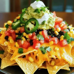 To make loaded nachos, gather these key items: - 1 bag of crisp tortilla chips - 1 cup of shredded sharp cheddar cheese - 1 cup of black beans, thoroughly rinsed and drained - 1 cup of succulent diced tomatoes (fresh or canned) - 1 jalapeño, sliced thinly (adjust for spice preference) - ½ cup of corn (fresh or canned, drained if canned) - ½ cup of creamy guacamole - ½ cup of tangy sour cream - ¼ cup of fresh cilantro, chopped finely - 1 teaspoon of taco seasoning for extra flavor - Salt and pepper to taste These ingredients create a perfect blend of taste and texture. The cheese melts beautifully over the chips, while the beans and tomatoes add heartiness. You can customize your nachos with these tasty toppings: - Sliced olives - Chopped green onions - Diced avocado - Fresh salsa - Crumbled queso fresco Adding these toppings lets you mix flavors. Each bite can be a new experience. To make your meal even better, serve loaded nachos with: - Fresh salsa or pico de gallo - A side of refried beans - A simple green salad These sides balance the meal and add freshness. They enhance the nacho experience, making it even more enjoyable. For the full recipe, check the earlier section. Start by gathering all your ingredients. You need: - 1 bag of crisp tortilla chips - 1 cup of shredded sharp cheddar cheese - 1 cup of black beans, rinsed and drained - 1 cup of diced tomatoes - 1 jalapeño, sliced thinly - ½ cup of corn - ½ cup of guacamole - ½ cup of sour cream - ¼ cup of chopped cilantro - 1 teaspoon of taco seasoning - Salt and pepper Preheat your oven to 350°F (175°C). This is key for crispy nachos! Spread the tortilla chips in a single layer on a baking sheet. This helps the cheese melt evenly. Now, sprinkle the shredded cheese generously over the chips. You want every chip covered! In a bowl, mix black beans, tomatoes, corn, taco seasoning, salt, and pepper. Stir to combine. Next, spoon this mixture over the chips and cheese. Add the sliced jalapeños on top for heat. Place the baking sheet in the oven for about 10 minutes. The cheese should be melty and bubbly. Keep an eye on it to avoid burning. When done, take the nachos out carefully. Top the hot nachos with guacamole and sour cream. These creamy additions make a big difference! Finish with chopped cilantro for a fresh look. Serve immediately for the best flavor. Enjoy your loaded nachos fiesta! For the full recipe, check out the detailed instructions above. To get that cheese just right, choose sharp cheddar. It melts well and adds great flavor. Layer the cheese thickly over the chips. The more cheese, the better! Bake them at 350°F for about 10 minutes. Keep an eye on them. When the cheese bubbles, it’s ready. This is the key to gooey nachos. For great nachos, use sturdy tortilla chips. Look for ones that won’t break easily. Thick chips hold toppings better. Brands like Tostitos or Mission are popular choices. You want chips that are crisp and fresh. Avoid chips that are too salty, as they can overpower your dish. Seasonings can take your nachos to the next level. Taco seasoning is my go-to for a bold taste. You can also sprinkle on some cumin or paprika for warmth. A pinch of salt and pepper elevates the flavors nicely. Don’t forget to mix in spices with your bean and tomato mix. It spreads the flavor throughout each bite. {{image_4}} For a tasty vegetarian twist, swap out the black beans for refried beans. Add a layer of sautéed peppers and onions for extra flavor. You can also mix in some sliced olives and diced avocados. These add creaminess and a nice texture. Don’t forget the cheese! Use a mix of Monterey Jack and cheddar for a rich taste. To make vegan loaded nachos, replace cheese with a nut-based cheese. You can find many brands at stores. Or, blend soaked cashews with nutritional yeast and lemon juice for a creamy topping. Use black beans, corn, and fresh tomatoes as your base. Top with sliced jalapeños and fresh cilantro. Serve with guacamole made from ripe avocados, lime juice, and spices. Want to impress your friends? Try adding gourmet toppings! Drizzle a spicy aioli over the nachos for a kick. You can also use truffle oil for a unique flavor. Consider adding pulled pork or grilled shrimp for a protein boost. Finally, sprinkle some microgreens or edible flowers for a beautiful finish. These toppings will make your nachos stand out at any gathering. For the full recipe, don’t forget to check out the Loaded Nachos Fiesta page! To store leftover nachos, place them in an airtight container. This keeps them fresh. Make sure to cover them well. You should store them in the fridge. They last about 2-3 days. Keep in mind, the chips may get a bit soft. When you're ready to enjoy your nachos again, reheating is simple. Preheat your oven to 350°F (175°C). Spread the nachos on a baking sheet. Heat them for about 5-10 minutes. This helps make the cheese melty again. You can also use a microwave, but the chips won't stay crisp. Heat in short bursts of 30 seconds until warm. Freezing nachos is an option, but it requires some care. I recommend freezing only the toppings and chips separately. Place the chips in a freezer bag, and seal tightly. For toppings, use small containers. They will keep for about 1-2 months. When you're ready to eat, bake the chips and add the toppings fresh. This keeps the crunch and taste. For the full recipe, check out Loaded Nachos Fiesta. Yes, you can make Loaded Nachos without an oven. You can use a microwave or stovetop instead. For the microwave, layer your chips and toppings in a microwave-safe dish. Heat it for about 2-3 minutes or until the cheese melts. On the stovetop, use a skillet. Add your chips and toppings, cover, and heat on low until everything is warm and cheesy. The best toppings for Loaded Nachos really depend on your taste. Here are some popular options: - Shredded cheese (like cheddar or Monterey Jack) - Black beans or pinto beans - Fresh diced tomatoes - Sliced jalapeños - Chopped onions or green onions - Creamy guacamole - Tangy sour cream - Fresh cilantro - Salsa or pico de gallo Mix and match these to create your perfect plate of nachos! To make Loaded Nachos gluten-free, choose tortilla chips that are labeled gluten-free. Many brands offer chips made from corn without any wheat. For toppings, use gluten-free beans and fresh vegetables. Check sauces and seasonings for hidden gluten. This way, you can enjoy your nachos without worry! For the full recipe, you can find all the details in the recipe section above. Loaded nachos are fun and tasty. We explored key ingredients, preparation steps, and storage tips. You learned how to create perfect nachos with melted cheese. We also discussed variations, like vegetarian and gourmet options. Remember, you can customize nachos to suit your tastes. Enjoy making them for your next gathering or a cozy night in. Great nachos bring joy and flavor to every bite. So get cooking and enjoy your creation!