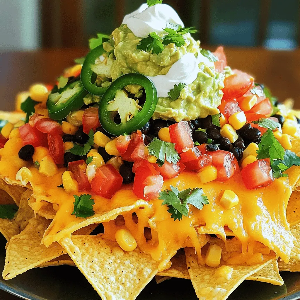 To make loaded nachos, gather these key items: - 1 bag of crisp tortilla chips - 1 cup of shredded sharp cheddar cheese - 1 cup of black beans, thoroughly rinsed and drained - 1 cup of succulent diced tomatoes (fresh or canned) - 1 jalapeño, sliced thinly (adjust for spice preference) - ½ cup of corn (fresh or canned, drained if canned) - ½ cup of creamy guacamole - ½ cup of tangy sour cream - ¼ cup of fresh cilantro, chopped finely - 1 teaspoon of taco seasoning for extra flavor - Salt and pepper to taste These ingredients create a perfect blend of taste and texture. The cheese melts beautifully over the chips, while the beans and tomatoes add heartiness. You can customize your nachos with these tasty toppings: - Sliced olives - Chopped green onions - Diced avocado - Fresh salsa - Crumbled queso fresco Adding these toppings lets you mix flavors. Each bite can be a new experience. To make your meal even better, serve loaded nachos with: - Fresh salsa or pico de gallo - A side of refried beans - A simple green salad These sides balance the meal and add freshness. They enhance the nacho experience, making it even more enjoyable. For the full recipe, check the earlier section. Start by gathering all your ingredients. You need: - 1 bag of crisp tortilla chips - 1 cup of shredded sharp cheddar cheese - 1 cup of black beans, rinsed and drained - 1 cup of diced tomatoes - 1 jalapeño, sliced thinly - ½ cup of corn - ½ cup of guacamole - ½ cup of sour cream - ¼ cup of chopped cilantro - 1 teaspoon of taco seasoning - Salt and pepper Preheat your oven to 350°F (175°C). This is key for crispy nachos! Spread the tortilla chips in a single layer on a baking sheet. This helps the cheese melt evenly. Now, sprinkle the shredded cheese generously over the chips. You want every chip covered! In a bowl, mix black beans, tomatoes, corn, taco seasoning, salt, and pepper. Stir to combine. Next, spoon this mixture over the chips and cheese. Add the sliced jalapeños on top for heat. Place the baking sheet in the oven for about 10 minutes. The cheese should be melty and bubbly. Keep an eye on it to avoid burning. When done, take the nachos out carefully. Top the hot nachos with guacamole and sour cream. These creamy additions make a big difference! Finish with chopped cilantro for a fresh look. Serve immediately for the best flavor. Enjoy your loaded nachos fiesta! For the full recipe, check out the detailed instructions above. To get that cheese just right, choose sharp cheddar. It melts well and adds great flavor. Layer the cheese thickly over the chips. The more cheese, the better! Bake them at 350°F for about 10 minutes. Keep an eye on them. When the cheese bubbles, it’s ready. This is the key to gooey nachos. For great nachos, use sturdy tortilla chips. Look for ones that won’t break easily. Thick chips hold toppings better. Brands like Tostitos or Mission are popular choices. You want chips that are crisp and fresh. Avoid chips that are too salty, as they can overpower your dish. Seasonings can take your nachos to the next level. Taco seasoning is my go-to for a bold taste. You can also sprinkle on some cumin or paprika for warmth. A pinch of salt and pepper elevates the flavors nicely. Don’t forget to mix in spices with your bean and tomato mix. It spreads the flavor throughout each bite. {{image_4}} For a tasty vegetarian twist, swap out the black beans for refried beans. Add a layer of sautéed peppers and onions for extra flavor. You can also mix in some sliced olives and diced avocados. These add creaminess and a nice texture. Don’t forget the cheese! Use a mix of Monterey Jack and cheddar for a rich taste. To make vegan loaded nachos, replace cheese with a nut-based cheese. You can find many brands at stores. Or, blend soaked cashews with nutritional yeast and lemon juice for a creamy topping. Use black beans, corn, and fresh tomatoes as your base. Top with sliced jalapeños and fresh cilantro. Serve with guacamole made from ripe avocados, lime juice, and spices. Want to impress your friends? Try adding gourmet toppings! Drizzle a spicy aioli over the nachos for a kick. You can also use truffle oil for a unique flavor. Consider adding pulled pork or grilled shrimp for a protein boost. Finally, sprinkle some microgreens or edible flowers for a beautiful finish. These toppings will make your nachos stand out at any gathering. For the full recipe, don’t forget to check out the Loaded Nachos Fiesta page! To store leftover nachos, place them in an airtight container. This keeps them fresh. Make sure to cover them well. You should store them in the fridge. They last about 2-3 days. Keep in mind, the chips may get a bit soft. When you're ready to enjoy your nachos again, reheating is simple. Preheat your oven to 350°F (175°C). Spread the nachos on a baking sheet. Heat them for about 5-10 minutes. This helps make the cheese melty again. You can also use a microwave, but the chips won't stay crisp. Heat in short bursts of 30 seconds until warm. Freezing nachos is an option, but it requires some care. I recommend freezing only the toppings and chips separately. Place the chips in a freezer bag, and seal tightly. For toppings, use small containers. They will keep for about 1-2 months. When you're ready to eat, bake the chips and add the toppings fresh. This keeps the crunch and taste. For the full recipe, check out Loaded Nachos Fiesta. Yes, you can make Loaded Nachos without an oven. You can use a microwave or stovetop instead. For the microwave, layer your chips and toppings in a microwave-safe dish. Heat it for about 2-3 minutes or until the cheese melts. On the stovetop, use a skillet. Add your chips and toppings, cover, and heat on low until everything is warm and cheesy. The best toppings for Loaded Nachos really depend on your taste. Here are some popular options: - Shredded cheese (like cheddar or Monterey Jack) - Black beans or pinto beans - Fresh diced tomatoes - Sliced jalapeños - Chopped onions or green onions - Creamy guacamole - Tangy sour cream - Fresh cilantro - Salsa or pico de gallo Mix and match these to create your perfect plate of nachos! To make Loaded Nachos gluten-free, choose tortilla chips that are labeled gluten-free. Many brands offer chips made from corn without any wheat. For toppings, use gluten-free beans and fresh vegetables. Check sauces and seasonings for hidden gluten. This way, you can enjoy your nachos without worry! For the full recipe, you can find all the details in the recipe section above. Loaded nachos are fun and tasty. We explored key ingredients, preparation steps, and storage tips. You learned how to create perfect nachos with melted cheese. We also discussed variations, like vegetarian and gourmet options. Remember, you can customize nachos to suit your tastes. Enjoy making them for your next gathering or a cozy night in. Great nachos bring joy and flavor to every bite. So get cooking and enjoy your creation!