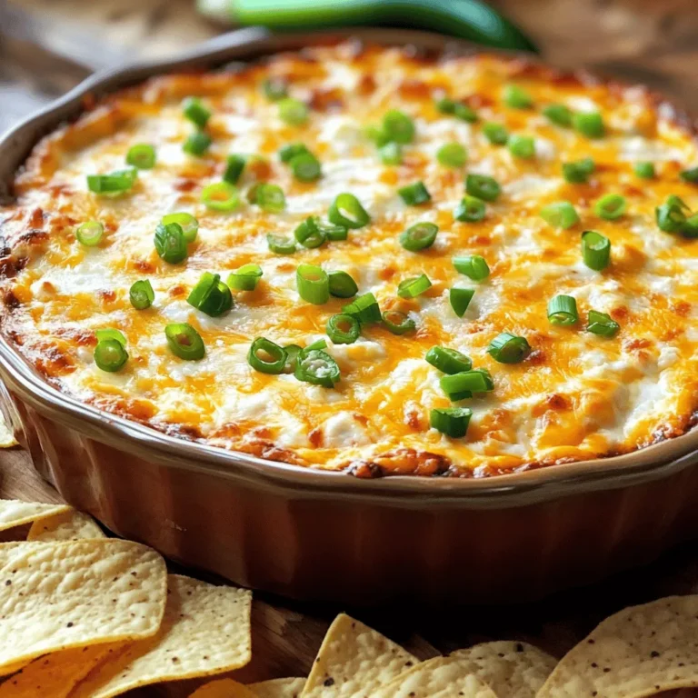 To make this dip, you'll need these key ingredients: - 8 oz cream cheese, softened to room temperature - 1 cup sharp cheddar cheese, finely shredded - 1/2 cup mozzarella cheese, finely shredded - 1/4 cup sour cream, for creaminess - 1/4 cup mayonnaise, for richness - 2-3 fresh jalapeños, seeded and finely chopped - 2 cloves garlic, minced - 1 teaspoon onion powder - 1/2 teaspoon smoked paprika - Salt and black pepper, to taste - 1/4 cup green onions, finely chopped (for garnish) These ingredients create a creamy and cheesy base. The jalapeños add spice and character. You can adjust the amount of jalapeños based on your warmth preference. Seasonings can enhance the dip's flavor. I use garlic and onion powder for depth. Smoked paprika adds a subtle smokiness. Once baked, sprinkle green onions on top for a fresh finish. This dip shines when served warm. Use tortilla chips for a crunchy contrast. You can also offer sliced vegetables like carrots, cucumbers, or bell peppers. They add a fresh, crisp touch. Serve everything on a colorful platter for a festive look. For the full recipe, follow the steps to create this crowd-pleaser. Enjoy! 1. First, preheat your oven to 350°F (175°C). This step ensures even cooking. 2. In a medium bowl, combine 8 oz of softened cream cheese, 1/4 cup sour cream, and 1/4 cup mayonnaise. Blend it well until smooth. 3. Next, fold in 1 cup of sharp cheddar cheese, 1/2 cup of mozzarella cheese, 2 cloves of minced garlic, 1 teaspoon of onion powder, and 1/2 teaspoon of smoked paprika. 4. Add 2-3 finely chopped jalapeños. Adjust based on how spicy you want it! 5. Taste the mixture and add salt and black pepper to your liking. 6. Transfer your creamy dip mixture into a medium-sized baking dish. Spread it evenly for nice baking. 7. Place the dish in the oven for 25-30 minutes. The dip should bubble and turn golden on top. 8. After baking, let it cool for about 5 minutes. This helps set the dip. 9. Garnish with 1/4 cup of finely chopped green onions. This adds color and freshness. 10. Serve your warm dip with tortilla chips or sliced veggies for dipping. Enjoy this fun and tasty treat! You can find the Full Recipe for more details. You can easily swap some ingredients for a healthier version. Use low-fat cream cheese instead of regular cream cheese. Greek yogurt can replace sour cream and mayonnaise, adding protein and reducing fat. You might also try using reduced-fat cheese. This keeps the flavor while cutting some calories. To elevate the taste, think about adding fresh herbs. Chopped cilantro or parsley can add a fresh twist. If you want more depth, consider adding a pinch of cumin or chili powder. These spices can enhance the overall flavor. Try adding a squeeze of lime juice for a zesty kick. To control the heat, adjust the jalapeños. For a milder dip, use fewer jalapeños or remove the seeds. If you crave more heat, add more jalapeños or even a dash of hot sauce. Remember, taste as you go! You can always add more, but it’s hard to take it away once added. For the full recipe, please refer to the [Full Recipe]. {{image_4}} You can enjoy Jalapeño Popper Dip without meat or dairy. For a vegetarian dip, use cream cheese made from plants. Replace sour cream and mayonnaise with plant-based options. Nutritional yeast adds a cheesy flavor without dairy. You can also use vegan cheese instead of regular cheese. This dip stays creamy and tasty! Want to amp up the flavor? Add crispy bacon bits for a smoky twist. You can mix in different cheeses, too. Pepper jack brings heat, while gouda adds a rich taste. You can even try cream cheese with herbs for a fresh touch. Customize it to fit your taste buds! Serve the dip hot for a gooey, melty treat. It pairs well with tortilla chips or veggies. If you want to try something different, serve it cold. A chilled version works great as a spread on sandwiches. Add fresh herbs on top for a pop of color and flavor. After your gathering, let the Jalapeño Popper Dip cool completely. Transfer any leftovers into an airtight container. Seal it well to keep out air and moisture. Store the dip in the refrigerator. It will last for about 3 to 5 days. When you're ready to enjoy the dip again, preheat your oven to 350°F (175°C). Place the dip in an oven-safe dish. Cover it with foil to prevent it from drying out. Heat for about 15-20 minutes, or until it’s warm and bubbly. You can also microwave it. Heat in 30-second intervals, stirring in between, until it's hot. To save time, you can prepare the dip ahead of time. Mix all the ingredients and place them in your baking dish. Cover with plastic wrap and refrigerate. Bake it just before your guests arrive. This way, you can serve it warm and fresh from the oven. For an easy serving option, consider portioning the dip into small ramekins. This makes it easy for guests to grab their own. Feel free to check out the Full Recipe for detailed instructions! Serve Jalapeño Popper Dip warm. It tastes best when hot and bubbly. Use tortilla chips for dipping. You can also use sliced veggies for a fresh crunch. Arrange everything nicely on a platter. This adds to the fun and makes it look inviting. Jalapeño Popper Dip will stay good for about 3 to 5 days in the fridge. Store it in an airtight container to keep it fresh. If you want to enjoy it later, just reheat it. It will still taste great! Yes, you can make Jalapeño Popper Dip ahead of time. Prepare the dip and store it in the fridge before baking. You can bake it just before your gathering. This saves time and allows you to enjoy the party too. Check out the Full Recipe for details on how to prepare it! You learned how to make a delicious Jalapeño Popper Dip. We covered key ingredients, prep steps, and storage tips. Remember, you can adjust flavors and spiciness to fit your taste. Don't hesitate to try different add-ins or serve it cold. This dip is a fun option for any gathering. With these tips, you'll impress everyone and keep them coming back for more. Enjoy making and sharing this tasty treat!