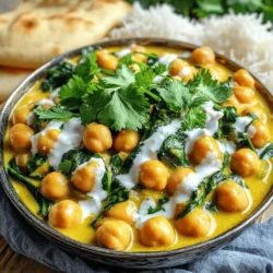 - 2 cups canned chickpeas - 1 medium onion - 3 cloves garlic - 1 tablespoon fresh ginger - 1 can (14 oz) coconut milk - 1 can (14 oz) diced tomatoes To make a great chickpea curry, start with the main ingredients. The chickpeas give a hearty base. Onions, garlic, and ginger add depth. Coconut milk lends creaminess. Diced tomatoes bring acidity and sweetness. You can find all these at your local store. - 2 tablespoons curry powder - 1 teaspoon turmeric powder - 1 teaspoon cumin powder - 1 teaspoon garam masala - Salt and pepper to taste Next, spices bring the dish to life. Curry powder gives warmth. Turmeric adds color and health benefits. Cumin gives a nutty flavor. Garam masala adds a lovely blend of spices. Don’t forget to season with salt and pepper for balance. - 2 cups fresh spinach - Fresh cilantro for garnish - Cooked basmati rice or naan for serving Finally, fresh additions elevate your curry. Spinach adds a pop of green and nutrients. Cilantro offers bright flavor and color. Serve your curry over fluffy basmati rice or with warm naan. For the full recipe, check out the details above. - Dice the onion and mince the garlic and ginger - Gather all ingredients for assembly Start by heating the vegetable oil in a large pot over medium heat. Once hot, add the diced onion. Sauté for about 5 to 7 minutes. The onion should be soft and clear. Next, stir in the minced garlic and grated ginger. Cook for 1 to 2 minutes more. You want the mix to smell great. Now, it’s time for the spices. Sprinkle in the curry powder, turmeric, cumin, and garam masala. Stir well to coat the onion mix. Let it cook for about a minute. This helps the spices bloom and release their flavors. Pour in the can of diced tomatoes with their juices. Stir everything together. Allow this mix to simmer for about 5 minutes. This lets the tomatoes release their flavors into the pot. Next, add the rinsed chickpeas and the can of coconut milk. Stir to blend everything well. Lower the heat a bit and let the curry simmer gently. Cook uncovered for 15 to 20 minutes. Stir occasionally to combine the flavors. In the last few minutes, fold in the chopped spinach. Cook until just wilted, which takes about 2 to 3 minutes. Taste the curry and add salt and pepper as needed. To serve, ladle the chickpea curry over cooked basmati rice or with warm naan. A sprinkle of fresh cilantro on top makes it look and taste amazing. For the full recipe, check the details above! To make your chickpea curry shine, let your spices bloom. Heat them in oil before adding other ingredients. This brings out their best taste. Use quality tomatoes and coconut milk. Look for tomatoes with no added sugar. Choose full-fat coconut milk for a richer flavor. Want more heat? Toss in some chili peppers. They add a nice kick. For a creamier texture, stir in cream or yogurt. This makes the dish even more delightful. Serve your curry in attractive dishes. Deep bowls work great. Drizzle a bit of coconut milk on top for a creamy look. Finish with a sprinkle of fresh cilantro for a pop of color. This simple touch elevates your meal. For the full recipe, check out the detailed steps provided above. {{image_4}} You can make chickpea curry in two main styles: creamy and broth-based. - Creamy Chickpea Curry: This type uses coconut milk, making the dish rich and smooth. The coconut milk gives it a lovely texture and flavor. - Broth-Based Chickpea Curry: This style has more liquid and a lighter feel. It often uses vegetable broth instead of coconut milk. Regional variations also shine in chickpea curry. For instance, Indian-style curries often pack more spices, while Middle Eastern versions may add tahini for a unique taste. Each region brings its own twist to this dish, making it exciting to explore. You can customize your chickpea curry with various add-ins. - Vegetable Options: Bell peppers, carrots, and zucchini add color and nutrients. Just chop them and toss them in with the chickpeas. - Protein Additions: For more protein, add tofu or tempeh. Just cube them and cook until golden. This not only boosts nutrition but also creates a heartier meal. Chickpea curry can fit many diets. - Vegan and Gluten-Free: This recipe is naturally vegan and gluten-free. All ingredients are plant-based, making it perfect for everyone. - Low-Sodium Options: If you watch your salt intake, use low-sodium vegetable broth and rinse the chickpeas well. You can also skip added salt in the recipe and rely on spices for flavor. Exploring these variations can make your chickpea curry unique each time you cook it. For the full recipe, check out the [Full Recipe]. Store leftover chickpea curry in an airtight container. It keeps well in the fridge for up to four days. To reheat, place it in a pot over low heat. Stir often to prevent burning. You can also use a microwave. Heat in short bursts, stirring in between. To freeze chickpea curry, let it cool completely first. Then, pour it into freezer-safe containers. Leave some space at the top for expansion. It stays fresh for up to three months. To thaw, place it in the fridge overnight. You can also use the microwave for faster results. Preparing chickpea curry in advance saves time during busy weeks. Make a big batch and store it in individual portions. This way, you can easily grab a serving when needed. It’s a great option for quick lunches or dinners. You can enjoy chickpea curry with several tasty sides. Here are my favorites: - Cooked basmati rice - Warm naan bread - Quinoa for a healthy twist - Steamed veggies for extra crunch - A fresh salad for brightness These sides make the meal feel complete. Each option adds a new layer of flavor. Chickpea curry stays good in the fridge for about 3 to 4 days. Store it in an airtight container. Always check for signs of spoilage before eating. If you see any mold or it smells sour, toss it out for safety. Yes, you can use dried chickpeas! Start by soaking them overnight. Then, cook them until soft before adding to your curry. This takes about 1 to 2 hours. Using dried chickpeas can add a richer texture to your dish. To spice up your chickpea curry, try these tips: - Add fresh chili peppers, chopped finely - Include cayenne pepper for heat - Use a spicier curry powder - Toss in a dash of hot sauce These options let you control the heat to match your taste. Enjoy experimenting! Chickpea curry is easy to make and packed with flavor. We covered its key ingredients, spices, and fresh additions. You learned about cooking steps, tips for flavor, and variations to try. Remember, you can customize this dish to fit your taste. Don't hesitate to experiment with veggies or spice levels. Whether for a weeknight meal or meal prep, it's a flexible recipe. Enjoy making this dish and sharing it with others. Your taste buds will thank you!