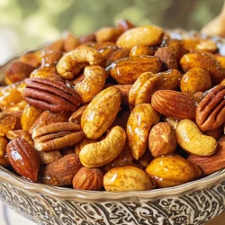 To make sweet and spicy roasted nuts, gather these simple ingredients. Each one adds flavor and crunch. - 2 cups mixed nuts (almonds, cashews, pecans, walnuts) - 2 tablespoons olive oil - 3 tablespoons honey - 1 teaspoon ground cinnamon - 1/2 teaspoon cayenne pepper - 1/2 teaspoon smoked paprika - 1/2 teaspoon sea salt - 1/4 cup brown sugar - 1 teaspoon vanilla extract - A pinch of black pepper These ingredients work together to create a delicious snack. The mixed nuts bring a variety of textures. The honey adds sweetness, while cayenne pepper gives a kick. Smoked paprika brings warmth and depth. Each ingredient plays a role in making this snack special. When you gather your ingredients, aim for fresh nuts. Their flavor will shine through in the final dish. Using high-quality honey also makes a difference. It enhances the overall taste and sweetness. You can find these ingredients in any grocery store. They are easy to find and affordable. Once you have everything, you are ready to create a tasty treat. For the full recipe, check the previous section. Enjoy these nuts as a snack or share them with friends! Start by preheating your oven to 350°F (175°C). This step is key for even roasting. While the oven heats, line a baking sheet with parchment paper. This makes cleanup easy and prevents sticking. In a large bowl, combine 2 cups of mixed nuts with 2 tablespoons of olive oil. Use a spatula or your hands to toss them. Make sure all the nuts get a nice coat of oil. This will help the honey spice mixture stick later. In a separate small bowl, mix together the honey, ground cinnamon, cayenne pepper, smoked paprika, sea salt, brown sugar, vanilla extract, and black pepper. Whisk until smooth. This mixture brings all the sweet and spicy flavors together. Drizzle the honey spice mixture over the nuts. Stir well with a spatula so each nut gets a thick layer of the mixture. This step is important for flavor and that crunchy texture. Spread the coated nuts in a single layer on the prepared baking sheet. This helps them roast evenly. Place the sheet in the oven and roast for 15-20 minutes. Stir the nuts halfway to ensure they brown nicely. Keep an eye on them to avoid burning. Once the nuts are golden brown and smell great, take the baking sheet out of the oven. Let the nuts cool completely on the sheet. They will firm up as they cool. After cooling, break apart any clumps. Store the nuts in an airtight container. This keeps them fresh and crunchy for later enjoyment. For the full recipe, refer to the ingredients and steps listed above. For the best flavor, choose a mix of nuts. I recommend: - Almonds - Cashews - Pecans - Walnuts These nuts add texture and taste. You can also try hazelnuts or macadamia nuts. Just pick what you love! Want it spicier? Add more cayenne. Prefer it milder? Reduce the cayenne. You can adjust the heat to fit your taste. Remember, you control the spice! To get the best roast, keep these tips in mind: - Preheat your oven to 350°F (175°C). - Spread the nuts in one layer. - Stir them halfway through roasting. Watch them closely to avoid burning. They should be golden brown and smell amazing! Make your nuts look great! Serve them in a pretty bowl or jar. You can even package them as gifts. Tie a ribbon around a clear bag for a nice touch. This way, everyone can enjoy the sweet and spicy crunch! {{image_4}} You can mix sweet and savory flavors for a nice twist. Try adding a sprinkle of sea salt or even some grated cheese. The saltiness balances the sweet honey and spices. You can also think about using maple syrup instead of honey. Maple adds a rich depth that pairs well with nuts. Experiment with dried fruits, too. Dried cranberries or apricots can add a chewy texture and extra sweetness. Feel free to change the spices to fit your taste. You can add ground ginger for a warm kick. A dash of curry powder gives it a unique flair. One of my favorite combos is adding a bit of garlic powder. It creates a savory undertone that contrasts nicely with the sweetness. If you prefer more heat, increase the cayenne pepper. You can also try a hint of nutmeg for a warm, cozy flavor. If you want a nut-free snack, seeds are a great option. Pumpkin and sunflower seeds work well in this recipe. They have a nice crunch and absorb flavors beautifully. You can follow the same process as with nuts. Just swap out the nuts for seeds and use the same sweet and spicy mixture. You can also try roasted chickpeas for a protein-packed option. They provide a satisfying crunch and take on flavors well, too. For the full recipe, check out the sweet and spicy roasted nuts section. After you make your sweet and spicy roasted nuts, let them cool completely. This helps keep them crunchy. Store the nuts in an airtight container. Glass jars work great, but plastic containers also do the job. Keep them in a cool, dry place away from direct sunlight. Avoid using bags that do not seal well, as air can make nuts go stale. When stored properly, roasted nuts stay fresh for about two weeks. You can freeze them for longer storage. In the freezer, they can last up to three months. Just make sure to use a freezer-safe container. When you're ready to eat them, thaw the nuts at room temperature. This keeps them crunchy and tasty. If you want to enjoy your nuts warm again, preheat your oven to 350°F (175°C). Spread the nuts on a baking sheet and heat for about 5-10 minutes. This makes them crispy again. You can also microwave them for a quick warm-up. Just heat in short bursts of 10-15 seconds to avoid burning. Enjoy your delicious snacks anytime! For the full recipe, check out Sweet and Spicy Roasted Nuts. You can easily change the flavor. Start with different spices. Try adding curry powder or garlic powder for a kick. You can also switch the sweetener. Maple syrup or agave nectar works great too. To make it more spicy, add more cayenne pepper or even chili powder. Mix and match until you find your favorite taste! Yes! Feel free to use any nuts you like. Almonds, cashews, and walnuts are great choices. You can also try pecans or hazelnuts. Each nut has its own flavor and crunch. Mix different nuts for a fun, unique blend. Just remember they should be raw or unsalted for the best results. Absolutely! You can make these nuts a few days in advance. After cooling, store them in an airtight container. They will stay fresh for about a week. This makes them perfect for parties or quick snacks. Just keep them away from heat and moisture to stay crunchy. These nuts fit many occasions. Serve them at parties or family gatherings. They make a great snack for movie nights. You can also use them as a topping for salads or desserts. They’re perfect for gifting too. Put them in a jar, and you have a tasty present! To make it vegan, just use maple syrup instead of honey. For a nut-free option, try using pumpkin seeds or sunflower seeds. You can follow the same recipe steps. The flavors will still be delicious and satisfying! Feel free to explore different seed combinations for extra crunch. For the full recipe, check out the Sweet and Spicy Roasted Nuts section. Enjoy! You learned how to make sweet and spicy roasted nuts. We covered ingredients, clear steps, and useful tips. You can adjust spice levels or mix nuts to fit your taste. Storage info helps keep your nuts fresh longer. In the end, these nuts offer a fun snack for any occasion. Enjoy your tasty creation!