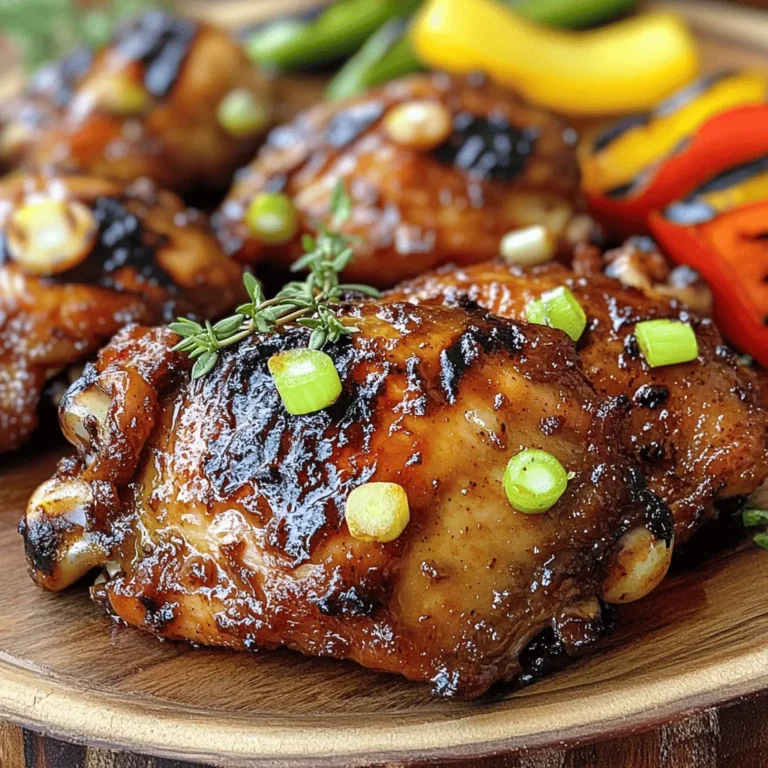 - Chicken thighs, bone-in and skin-on - Scallions, garlic, and onion - Scotch bonnet peppers and fresh thyme - Spices: allspice, cinnamon, nutmeg - Soy sauce, extra virgin olive oil, and lime juice - Salt and pepper to taste When I make jerk chicken, I choose chicken thighs. They stay juicy and flavorful. You’ll want to use bone-in, skin-on thighs. This helps keep the meat moist while grilling. Next, I grab fresh scallions, garlic, and onion. They add a strong base flavor. Then, I reach for Scotch bonnet peppers. They bring heat, so adjust the amount to fit your taste. Fresh thyme is key for that authentic taste. I also use spices like allspice, cinnamon, and nutmeg. These spices create a warm and inviting flavor profile. For the marinade, I need soy sauce, extra virgin olive oil, and lime juice. These ingredients help tenderize the chicken. Don’t forget salt and pepper to taste. You can find the full recipe online to make this delicious dish. With these ingredients ready, you’re all set for a flavorful grilling adventure! To start, gather your ingredients: scallions, garlic, onion, Scotch bonnet peppers, thyme, and spices. Next, add these items to a food processor. Blend them until you achieve a smooth consistency. The result should be a fragrant marinade that is thick and vibrant. Now, take your chicken thighs and place them in a zip-lock bag or a deep bowl. Pour the marinade over the chicken, ensuring every piece gets coated well. Seal the bag tightly or cover the bowl with plastic wrap. You should marinate the chicken for at least 2 hours. For the best flavor, let it sit overnight. When you are ready to grill, preheat your grill to medium-high heat. Remove the chicken from the marinade, letting any excess drip off. Place the chicken thighs skin-side down on the grill. Grill each side for about 7-10 minutes. Check the internal temperature; it should reach 165°F (75°C). The skin should look crispy and golden-brown. Once done, take the chicken off the grill and let it rest for 5-10 minutes. This helps keep the meat juicy. Enjoy your jerk chicken hot with sides like coconut rice or grilled veggies. For the detailed recipe, refer to the Full Recipe. To get the right heat in your jerk chicken, use Scotch bonnet peppers. These peppers pack a punch! Start with one and taste. If you like it spicier, add more. Remember, the heat builds over time, so be cautious. Marinating is key for flavor. I recommend marinating the chicken for at least two hours. For the best taste, leave it overnight. This gives the spices time to soak in. You’ll notice a big difference! For crispy skin, place the chicken skin-side down on the grill first. This helps it get nice and crunchy. Don’t flip it too soon; let it cook for about 7-10 minutes before turning. Using a meat thermometer is smart. Check the thickest part of the chicken. When it hits 165°F (75°C), it’s done! This tool helps you avoid undercooking or overcooking. Jerk chicken pairs well with many sides. Coconut rice and peas are a classic choice. Grilled vegetables also make a colorful plate. For garnishing, add lime wedges and fresh herbs on the side. This adds a pop of color and freshness. Your plate will look as good as it tastes! For the full recipe, check out the [Full Recipe]. {{image_4}} For jerk chicken wings, you can use the same marinade from the full recipe. The cooking method is simple. Grill them for about 10-12 minutes. Flip them halfway for even cooking. The wings should be crispy and have an internal temp of 165°F (75°C). You can tweak the sauce too. Try adding honey for sweetness or lime juice for tang. These little changes can bring new life to your wings. Jerk chicken tacos are a fun twist. Start with shredded jerk chicken as your base. Use warm corn or flour tortillas to wrap it. For a great assembly, add diced onions, fresh cilantro, and avocado slices. Don't forget the toppings! A drizzle of lime crema or mango salsa can elevate your tacos. These flavors pop and make the dish exciting. If you want to switch things up, try using pork or tofu. For pork, choose thick chops or tenderloin. The cooking time will be similar, but always check for doneness. For tofu, use firm or extra-firm tofu for the best texture. Adjust the marinade if needed. Tofu soaks up flavors well, so marinate it for at least 30 minutes. This way, you’ll get a tasty dish regardless of the protein you choose. To keep your jerk chicken fresh, store it in the fridge. Place it in an airtight container. This helps keep the chicken juicy and flavorful. It will last for about three to four days. If you have more, consider freezing it. Wrap each piece in plastic wrap, then put it in a freezer bag. Jerk chicken can stay frozen for up to three months. Remember to label the bags with the date. When you reheat jerk chicken, you want to keep it moist. The best way is to use an oven. Preheat it to 350°F (175°C). Place the chicken in a baking dish, add a splash of water, and cover it with foil. Heat for about 20 minutes or until warm. You can also use a microwave, but be careful. Heat in short bursts and cover it to avoid drying out. Food safety is important with leftovers. Always check for signs of spoilage before eating. Look for off smells or changes in texture. If it seems off, throw it away. Always reheat chicken to at least 165°F (75°C) to kill any bacteria. Keep your fridge at 40°F (4°C) or below to ensure safety. Jerk chicken comes from Jamaica. It has roots in the Maroons, runaway slaves who used spices to preserve meat. They made jerk cooking a part of their culture. The method involves marinating and slow-cooking meat over pimento wood. Today, jerk chicken is a beloved dish across the Caribbean and beyond. Yes, you can. If you can't find Scotch bonnet peppers, use habanero peppers. They have a similar heat level. For less heat, try jalapeños or bell peppers. Adjust the number of peppers to fit your taste. Marinate your chicken for at least 2 hours. For deeper flavor, let it sit overnight. This helps the spices soak into the meat. Longer marination means a stronger taste. Great sides for jerk chicken include coconut rice and peas. Grilled vegetables also work well. You can add a fresh salad or plantains for variety. These sides balance the spicy flavors of the chicken. For the full recipe, check out the details above! This blog post covered the key ingredients and steps for making delicious jerk chicken. You learned how to prepare the marinade, marinate the chicken, and grill it perfectly. Tips on variations and storage ensure you can enjoy your meal for days. Remember, the right spices and techniques provide great flavor. Whether you make tacos or wings, jerk chicken is a tasty choice. Enjoy experimenting with this dish, and let your creativity shine!