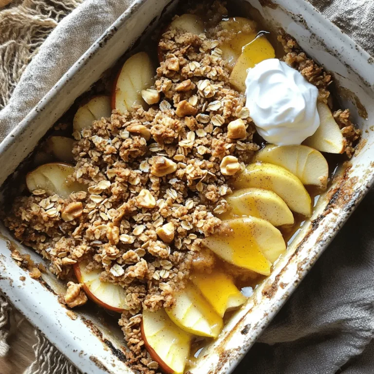 - 4 large apples (preferably Granny Smith or Honeycrisp) - 1 tablespoon fresh lemon juice - ½ teaspoon ground cinnamon - ½ teaspoon freshly grated nutmeg - ½ cup rolled oats - ½ cup almond flour - ¼ cup chopped walnuts or pecans (your choice) - 2 tablespoons pure honey or maple syrup - 3 tablespoons melted coconut oil - A pinch of sea salt Healthy Apple Crisp is simple and fun to make. You start with apples. I love using Granny Smith or Honeycrisp apples. They bring great tartness and sweetness. Next, add lemon juice to keep the apples fresh. The cinnamon and nutmeg add warmth, making it feel like a hug in a bowl. The crisp topping is where the magic happens! You mix oats with almond flour for a nice crunch. Walnuts or pecans add a lovely texture and nutty taste. I like to sweeten it with honey or maple syrup. Coconut oil gives it a rich flavor and helps it crisp up nicely. Whole grains and natural sweeteners boost health. Whole grains provide fiber, which helps digestion. Natural sweeteners like honey or maple syrup are better than white sugar. They add flavor without too much sweetness. Almonds and walnuts are great for your heart. They are full of good fats and protein. Nuts also offer vitamins and minerals that keep you strong. Eating nuts can even help you feel full longer. If you need gluten-free options, you can substitute oats. Look for certified gluten-free oats. They work just as well in this recipe. For vegan alternatives, switch honey with maple syrup. You can also use vegetable oil instead of coconut oil. These changes keep the taste and texture just right for everyone! - Preheat the oven to 350°F (175°C). - In a large bowl, mix sliced apples with lemon juice, cinnamon, nutmeg, and sea salt. Toss gently. Lay the apple mix in a greased 9x9-inch baking dish. - In a separate bowl, stir together rolled oats, almond flour, and chopped nuts. - Pour in honey or maple syrup and melted coconut oil. Mix well until crumbly. This texture is key for the topping. - Place the baking dish in the center of the oven for even heat. - Bake for 25-30 minutes. Check for soft apples and a golden-brown topping. Enjoy the warm aroma filling your kitchen! To enhance the flavor of your healthy apple crisp, consider adding spices. You can try cloves, allspice, or ginger for warmth. Each of these spices adds a unique twist to the dish. Using different types of apples can also change the taste. Granny Smith apples give a tartness, while Honeycrisp adds sweetness. Mixing apple varieties offers a balanced flavor profile. For a delightful treat, serve the apple crisp with yogurt or ice cream. Greek yogurt adds creaminess and protein. Low-sugar ice cream keeps it light and sweet. You can also get creative with presentation. Use individual bowls for each serving. Top with a sprinkle of cinnamon or a handful of nuts. This makes it look fancy for parties. Watch for signs of over-baking your apple crisp. If the topping looks too dark or dry, it may be overdone. Aim for a golden brown color for the perfect crunch. Choosing the right apples is crucial. Avoid soft apples like Red Delicious; they get mushy. Stick with firmer varieties for the best texture. For the full recipe, check out the Healthy Apple Crisp Delight. {{image_4}} You can boost your Healthy Apple Crisp by adding other fruits. Berries like blueberries or raspberries mix well with apples. They add a burst of flavor and color. Pears also work great; they bring a soft texture. You can create a mixed fruit crisp. Just replace some apples with these fruits. This way, you can enjoy different tastes in every bite. For a deeper flavor, consider adding extracts. Vanilla or almond extract can enhance the crisp. Just a teaspoon will make a big difference. You can also use citrus zest, like lemon or orange. This adds a bright note that balances the sweetness. It’s an easy way to make your crisp feel special. Try different nuts or seeds for your topping. Almonds, pecans, or sunflower seeds can add crunch. Each type gives a different taste and texture. You can even use granola for a fun twist. It will bring an extra layer of crunchiness. This makes your Healthy Apple Crisp even more enjoyable. To keep your healthy apple crisp fresh, let it cool completely. This step is key. If you cover it while hot, condensation can form. This makes the topping soggy. Once cool, transfer it to an airtight container. Glass or plastic containers work well. Make sure to seal them tight to keep out air. When it's time to enjoy leftovers, you want to heat it gently. The best way is to use an oven. Preheat it to 350°F (175°C). Place the crisp in a baking dish. Cover it with foil to keep moisture in. Heat for about 15 minutes. Check after 10 minutes to ensure it's warming evenly. This method keeps the topping crispy and tasty. In the fridge, your apple crisp lasts about three to five days. Always check for any signs of spoilage before eating. For longer storage, consider freezing it. Cut it into portions and wrap them tightly in plastic wrap. Then, place them in a freezer bag. It can last up to three months in the freezer. When ready to eat, thaw in the fridge overnight and reheat as mentioned before. Enjoy your delicious treat! Yes, you can use other fruits! Some great options include: - Pears - Peaches - Berries Mixing different fruits adds new flavors. Use juicy fruits for moisture. You can also try a berry-apple mix. This mix gives a nice balance of sweetness and tartness. To make this apple crisp sugar-free, use natural sweeteners. Here are some options: - Stevia - Erythritol - Monk fruit sweetener These sweeteners can replace honey or maple syrup. Adjust to your taste. Start with less and add more if needed. Serving is key for a great look. Here are some tips: - Serve warm in individual bowls. - Top with Greek yogurt or low-sugar vanilla ice cream. - Add a sprinkle of cinnamon or nuts on top. This makes it appealing and tasty. The creamy topping contrasts the warm crisp. Scaling the recipe is simple. Here’s how: - Double the ingredients for a larger dish. - Use a larger baking dish, like 9x13 inches. Keep the baking time the same but check for doneness. You want the topping golden and the apples soft. If needed, add a few minutes. For the full recipe, follow the link. This apple crisp blog post offers a complete guide to creating a healthy dessert. We covered key ingredients for flavor and nutrition, along with tips for dietary needs. You learned step-by-step preparation, baking instructions, and ways to enhance your dish. We explored variations and storage techniques for your crisp. Embrace the fun of baking and get creative. With all these ideas, your apple crisp will impress everyone! Enjoy the delicious outcome.