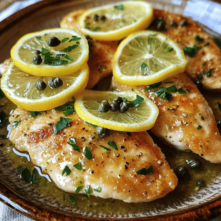 - 4 boneless, skinless chicken breasts - 1/2 cup all-purpose flour - 1 teaspoon salt - 1/2 teaspoon black pepper - 1/4 teaspoon garlic powder - 1/4 teaspoon paprika - 3 tablespoons olive oil - 1/4 cup low-sodium chicken broth - 2 tablespoons freshly squeezed lemon juice - 2 tablespoons capers, thoroughly rinsed - 2 tablespoons fresh parsley, finely chopped - Lemon slices, for garnish Gather these ingredients before you start cooking. Each item plays a key role in making your chicken piccata delicious. The chicken breasts provide the main protein, while the flour helps create a lovely coating. The spices give flavor, and the broth and lemon juice create a bright sauce. Capers add a unique tangy taste, and fresh parsley adds a pop of color. For the best results, use fresh ingredients. Fresh lemon juice tastes much better than bottled. Rinsing the capers removes extra salt, letting their flavor shine. Once you have everything ready, you can move on to the fun part—cooking! Check out the [Full Recipe] for detailed steps. To start, flatten the chicken breasts to an even thickness of about 1/2 inch. Use a meat mallet or a rolling pin. This step is key. It helps the chicken cook evenly. When the chicken is uniform, it turns out moist and tender. Next, mix the flour, salt, black pepper, garlic powder, and paprika in a shallow dish. This mixture adds great flavor. Dredge each piece of chicken in the flour mixture. Make sure to press gently to coat both sides well. Shake off any extra flour. This helps prevent clumping when cooking. Now, heat olive oil in a large skillet over medium heat. Wait until the oil shimmers. Carefully add the coated chicken breasts to the skillet. Cook each side for about 4-5 minutes. The chicken should be golden brown and reach an internal temperature of 165°F (75°C). Once cooked, transfer the chicken to a plate. In the same skillet, pour in the chicken broth and lemon juice. Add the rinsed capers too. Stir well to combine. Use a wooden spoon to scrape up any tasty browned bits stuck to the bottom. This process adds depth to the sauce. Let the mixture simmer for 2-3 minutes until it thickens slightly. Return the cooked chicken to the skillet, placing it in the sauce. Spoon some sauce over each piece. Allow the chicken to warm through for an extra 1-2 minutes. This ensures the flavors blend nicely. Take the skillet off the heat. Generously sprinkle fresh parsley over the chicken. This adds both flavor and color. Plate the chicken and pour extra sauce on top. Garnish with fresh lemon slices for a bright finish. For an elegant touch, serve it on a white plate. To make great chicken piccata, start with the right chicken. I recommend using boneless, skinless chicken breasts. They cook evenly and stay juicy. Flatten the chicken to about 1/2 inch thick. This step helps it cook faster and more evenly, ensuring a tender bite. For the sauce, use fresh lemon juice. Fresh juice gives the dish a bright flavor. Capers add a salty punch that works well with the lemon. To get the best sauce, let it simmer for a few minutes. This helps the flavors blend nicely. Stir the browned bits from the skillet into the sauce. These bits add extra flavor and depth. A common mistake is overcooking the chicken. Keep an eye on the cooking time. Cook each side for about 4-5 minutes until golden brown. Use a meat thermometer to check for doneness. It should reach 165°F (75°C). Another mistake is not seasoning enough. The flour mix should have salt, pepper, garlic powder, and paprika. This adds flavor to the chicken. Don’t forget to season the sauce too. Taste it and adjust if needed. A few kitchen tools can make your life easier. You’ll need a meat mallet or rolling pin to flatten the chicken. A shallow dish is great for mixing the flour and spices. Use a large skillet for cooking the chicken. A heavy-bottomed skillet helps with even heat distribution. While a skillet works best for this dish, you can also use a non-stick pan. Avoid using a pot, as it may not give you the right heat for browning. A good skillet allows for easy sauce making right after cooking the chicken. This is key for a quick and tasty chicken piccata. {{image_4}} You can easily make chicken piccata healthier. Here are some simple swaps: - Use whole wheat flour instead of all-purpose flour. This adds fiber and nutrients. - Choose low-sodium broth to cut down on salt. This helps keep your dish light and fresh. Want to boost flavor? Try these ideas: - Add sun-dried tomatoes to the sauce. They bring a sweet and tangy taste. - Incorporate fresh herbs like thyme. This adds depth and freshness to the dish. You can adjust the recipe for different diets: - To make it gluten-free, use a gluten-free flour blend. This keeps the dish friendly for those with gluten sensitivities. - For a vegan twist, swap chicken with tofu or tempeh. This still gives you a tasty meal without meat. Explore these variations to find your favorite version of chicken piccata! You can check the Full Recipe for the original dish. To keep your chicken piccata fresh, store it right. First, let it cool down. Then, place it in an airtight container. You can also use glass containers with a tight lid. This helps keep moisture in and air out. Store the leftovers in the fridge. They will last for about 3 to 4 days. When it’s time to reheat, use the stove. Heat a skillet over low heat. Add a splash of chicken broth or water. This will help keep the chicken moist. Place your chicken piccata in the skillet and cover it. Heat for about 5 to 7 minutes. Stir it gently to avoid drying out. You can also use a microwave, but be careful. Heat in short bursts to prevent dryness. To freeze chicken piccata, first cool it completely. Once cooled, cut it into portions. Wrap each piece in plastic wrap, then place them in a freezer bag. Remove as much air as possible. Label the bag with the date. Chicken piccata can stay fresh for up to 3 months in the freezer. When you're ready to eat, thaw it overnight in the fridge. Reheat it on the stove for the best results. It takes about 25 minutes. You spend 10 minutes on prep and 15 minutes cooking. This quick time makes it perfect for busy nights. Yes, you can use frozen chicken. Thaw the chicken before cooking. It cooks better when it's not frozen. To thaw, place it in the fridge overnight or use cold water. You can serve chicken piccata with many sides. Here are a few ideas: - Garlic mashed potatoes - Steamed green beans - A fresh salad - Pasta with olive oil To thicken the piccata sauce, you can do a few things: - Simmer it longer to reduce the liquid. - Mix a little cornstarch with water and add it to the sauce. - Stir in some butter at the end for a rich flavor. Yes, chicken piccata is great for meal prep. You can cook it ahead and store it in the fridge. Just reheat when you are ready to eat. It stays tasty for about 3-4 days. For best results, store the sauce separately to keep the chicken from getting soggy. In this blog post, we covered how to make Easy Chicken Piccata. You learned about the key ingredients and step-by-step cooking instructions. We shared tips to avoid common mistakes and enhance flavors. You also discovered storage methods and reheating tips for leftovers. Chicken Piccata is a versatile dish that anyone can make. With practice, you can master it. Enjoy cooking and impress your family and friends with this tasty meal!