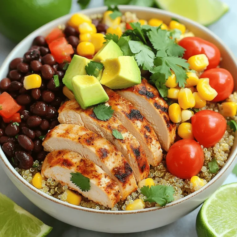 - 2 boneless, skinless chicken breasts - 1 cup quinoa or brown rice, cooked and fluffy - 1 can black beans, rinsed and drained - 1 cup sweet corn - 1 ripe red bell pepper, diced - 1 ripe avocado, diced - 1 cup cherry tomatoes, halved - Fresh cilantro, for garnish - Lime wedges, for serving - 1 tablespoon extra virgin olive oil - 1 teaspoon chili powder - 1 teaspoon ground cumin - 1 teaspoon garlic powder - Salt and freshly ground black pepper These ingredients make the Easy Chicken Burrito Bowls simple and tasty. Using chicken breasts gives a lean protein. Quinoa or brown rice adds a nice base that fills you up. The black beans and corn bring fiber and sweetness. Fresh veggies like bell pepper, avocado, and tomatoes add flavor and color. Don't forget the lime! It adds a bright zing that makes each bite special. With these tools and ingredients, you can make a meal that looks great and tastes even better. For the full recipe, check the details above. To start, season the chicken breasts with olive oil and spices. I like to use chili powder, ground cumin, and garlic powder. Sprinkle salt and pepper over both sides. Rub the spices into the chicken to enhance the flavor. Next, cook the chicken in a hot skillet. Heat the skillet to medium-high. Add the chicken and sear it for 6-7 minutes per side. Look for a golden brown color. Make sure it reaches an internal temperature of 165°F (75°C). Once cooked, take the chicken out and let it rest for 5 minutes. This step keeps it juicy when you slice it. While the chicken cooks, prepare your grains. You can use quinoa or brown rice. Follow the package instructions to ensure they come out fluffy. Timing is key here. Make sure the grains are ready when the chicken is done. In a large bowl, combine your vegetables. Use one can of black beans, rinsed and drained. Add sweet corn, diced red bell pepper, and halved cherry tomatoes. Mix gently so all ingredients blend well. This colorful mix adds great taste and nutrition. Now it’s time to build your burrito bowls. Start with a scoop of quinoa or rice in each bowl. Next, add the vegetable mixture on top. Then, slice the rested chicken into thin strips and layer it over the veggies. For a finishing touch, add diced avocado. It gives a nice pop of color and creaminess. Sprinkle fresh cilantro over the top for added flavor. Serve your burrito bowls with lime wedges on the side. A squeeze of lime adds a zesty kick. It brightens up all the flavors and makes the meal even more enjoyable. Enjoy your colorful, tasty chicken burrito bowls! For the complete recipe, check out the Full Recipe section. - Always check that chicken reaches 165°F (75°C) for safe eating. - Let chicken rest for a few minutes before slicing. This keeps it juicy. - Try out different spices to find your favorite mix. Add hot sauce if you like heat. - A splash of fresh lime juice gives a bright flavor boost. - Use pre-cooked quinoa or rice to save time on busy days. - Dice your vegetables ahead of time. This makes the cooking process quick and simple. These tips help you create tasty chicken burrito bowls that are easy to make and full of flavor. For the full recipe, feel free to check out the details above. {{image_4}} You can swap chicken for other proteins. Ground turkey or beef works well. Tofu is a great choice for a meatless option. If you love seafood, try adding shrimp or salmon. These swaps keep your meal fresh and exciting. For a vegetarian meal, omit the chicken. You can double the beans for extra protein. Adding more veggies, like zucchini or mushrooms, boosts flavor too. Jackfruit is a fun plant-based protein. It has a great texture and soaks up flavors well. If you want to change the grain, you have options. Brown rice is a classic swap for quinoa. Cauliflower rice is a low-carb alternative. Couscous cooks quickly and adds a nice texture. You can also try farro or barley for something different. These grains make your bowl hearty and satisfying. For the Full Recipe, check the complete guide to make your Easy Chicken Burrito Bowls! Store your leftover chicken burrito bowls in airtight containers. They can last for up to 3-4 days in the fridge. This keeps them fresh and tasty for your next meal. If you want a quick meal later, freeze individual portions. Wrap them tightly in plastic wrap or use freezer bags. This makes it easy to grab a meal when you’re busy. When you’re ready to eat, you can reheat the bowls in the microwave. Alternatively, use a skillet on the stovetop. Heat until everything is warm. Enjoy your easy chicken burrito bowls just like the first time! You can make your burrito bowls gluten-free by swapping out grains. Use quinoa or rice instead of traditional grains. These options will keep your dish safe while still being tasty. You have a lot of fun options for toppings. Try adding jalapeños for spice, sour cream for creaminess, or cheese for richness. These add-ons can elevate your meal. Yes, you can prep your burrito bowls in advance. Cook the chicken, grains, and veggies beforehand. Just assemble them before serving to keep everything fresh and tasty. Adjusting the serving size is easy. Scale your ingredients up or down based on how many people you serve. Just make sure to keep the same ratios for a balanced dish. Absolutely! This recipe is perfect for meal prep. Store each component separately to keep them fresh. When ready to eat, just assemble your bowls for a quick and yummy meal. You learned how to make tasty, easy chicken burrito bowls. We covered key ingredients like chicken, quinoa, and beans. Cooking steps showed how to prepare each part simply. I gave tips to make dishes more flavorful and ideas for variations too. This meal can fit your needs and schedule. Enjoy the mix of flavors and textures. You can customize it and prepare it ahead. This way, meal time becomes stress-free and fun. Get creative and have a blast in the kitchen!