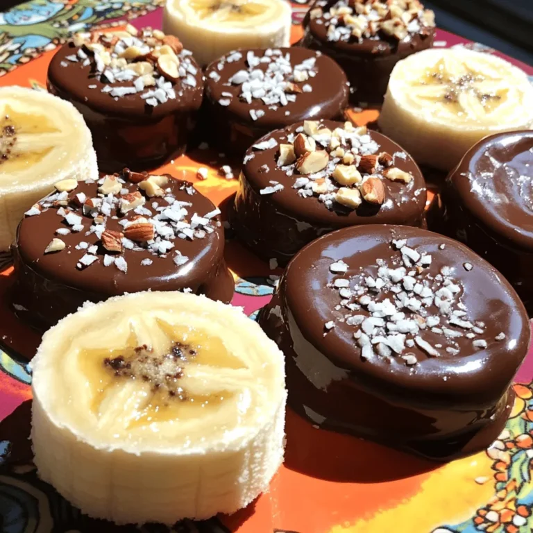 - 4 ripe bananas - 1 cup dark chocolate chips - 1 tablespoon coconut oil - 1/4 cup crushed nuts - 1/4 cup unsweetened shredded coconut - Sea salt (optional) You need a few simple items to make chocolate-dipped frozen bananas. Start with 4 ripe bananas. They should be yellow, with a few brown spots. Those spots show they are sweet and ready to eat. You will also need 1 cup of dark chocolate chips. I suggest using chocolate with 70% cocoa for a rich flavor. Finally, add 1 tablespoon of coconut oil. This oil helps the chocolate melt smoothly and gives it a nice shine. Now, let’s talk toppings! You can customize your bananas with 1/4 cup of crushed nuts. Almonds, walnuts, or your favorite nuts work well. For an added crunch, sprinkle 1/4 cup of unsweetened shredded coconut on top. If you like a salty-sweet mix, use a pinch of sea salt as an optional garnish. With these ingredients, you can create a treat that is both fun and tasty. Remember, the full recipe is just a few steps away! - Start by peeling 4 ripe bananas. This step is simple but key. - You can cut the bananas in half or slice them into thick rounds. Both choices work well. - Next, skewer each banana piece with a wooden stick or toothpick. This makes for easy dipping later. - Arrange the banana pieces on a baking sheet lined with parchment paper. This helps prevent sticking. - Place the tray in the freezer for 1 to 2 hours. Wait until the bananas are solid. - In a microwave-safe bowl, add 1 cup of dark chocolate chips and 1 tablespoon of coconut oil. - Heat this mixture in the microwave in 30-second intervals. Stir it each time to get a smooth texture. - Take care not to overheat the chocolate. This can make it clumpy or burned. - Once the bananas are frozen, take them out of the freezer. - Use a fork to dip each frozen banana into the melted chocolate. Make sure the chocolate covers all sides. - Quickly roll or sprinkle each chocolate-covered banana with toppings, like crushed nuts or shredded coconut. - Return the coated bananas to the parchment-lined baking sheet. - Place them back in the freezer for about 30 minutes. This helps the chocolate firm up. - If you want, you can sprinkle a pinch of sea salt on top before they set. This adds a nice touch of flavor. Now, you have a fun and tasty treat! For the full recipe, refer to the earlier sections. Enjoy your delicious chocolate-dipped frozen bananas! For the best flavor, I suggest using 70% cocoa chocolate. This chocolate has a rich taste that pairs well with bananas. If you prefer a sweeter treat, feel free to use milk or white chocolate. Both options add a nice touch and change the flavor. Just remember, the darker the chocolate, the more intense the flavor! To freeze bananas for the best texture, start with ripe bananas. They should be yellow with a few brown spots. Peel and cut them into halves or thick slices. Spread them out on a baking sheet lined with parchment paper. Freeze them for about 1-2 hours. This allows them to freeze solid, making them perfect for dipping. There are many fun ways to serve chocolate-dipped bananas. You can arrange them on a bright platter for a party. Drizzle leftover melted chocolate over them for a fancy look. Pair these treats with other snacks, like yogurt or fresh fruit. They also go well with ice cream for a delicious dessert! {{image_4}} You can make your chocolate-dipped frozen bananas even more tasty! Add flavor extracts like vanilla or almond. Just a few drops can change the taste. You can also try different types of chocolate. Milk chocolate gives a sweet touch, while dark chocolate offers a rich flavor. Toppings can make your snack unique! Explore different nuts and seeds. Chopped almonds, walnuts, or sunflower seeds add crunch. You can also use sprinkles or crushed candies for fun colors and extra sweetness. Get creative here! Think about how you prepare bananas. You can use whole bananas or slice them into fun pieces. Whole bananas are great for big bites, while slices are perfect for sharing. You can even stuff bananas with nut butter or chocolate chips before dipping. This adds a surprise in every bite! For more details on how to create this delightful treat, check the Full Recipe. To store chocolate-dipped bananas in the fridge, place them in an airtight container. This keeps them fresh for a short time. You can stack them carefully to save space. Make sure not to crowd them, as this may cause the chocolate to stick together. Freezing chocolate-dipped bananas is a great way to save them. First, let the chocolate set completely. Then, place them in a single layer on a baking sheet. Freeze them until solid. Once frozen, transfer the bananas to a freezer bag or container. Remove as much air as possible to prevent freezer burn. To enjoy later, simply take them out and eat them straight from the freezer. They taste best frozen! Chocolate-dipped bananas stay fresh for about one month in the freezer. In the fridge, they last around 2-3 days. Always check for signs of spoilage. If the chocolate looks dull or has white spots, it may be bad. If the bananas smell off or have a mushy texture, toss them out. Always trust your senses! To avoid cracking chocolate on frozen bananas, use coconut oil. It helps the chocolate stay smooth. Mix the dark chocolate chips with one tablespoon of coconut oil while melting. This will create a silky texture. After dipping, let the chocolate set in the freezer. A thin layer of chocolate also helps. Don’t dip bananas when they are too cold. This can cause the chocolate to crack. You can use fresh or frozen bananas. Fresh bananas are easy to work with and taste great. If you use frozen bananas, let them thaw slightly. This makes them easier to dip. Frozen bananas may also have a softer texture after freezing. Both options work, but fresh bananas yield a firmer bite. Try to choose ripe bananas for the best flavor. I recommend using dark chocolate with 70% cocoa. It gives a rich taste and melts well. You can also use milk chocolate if you like sweeter snacks. White chocolate is another option, but it can be too sweet. Always look for chocolate chips made for melting. They stay smooth and easy to work with. Yes, you can make chocolate-dipped bananas ahead. Prepare them and store in the freezer. They will stay fresh for 1-2 months. Just wrap each banana in plastic wrap. Then, place them in a freezer bag. When you’re ready to eat, let them sit for a few minutes. This makes them easier to bite into. This guide covers all you need to make delicious chocolate-dipped bananas. We discussed ingredients, step-by-step instructions, and helpful tips. You can change up flavors and toppings to fit your taste. Remember to store them properly for later enjoyment. Enjoy this sweet treat that is easy to prepare and fun to customize! You will impress friends and family with these simple snacks. Dive into this treat today and explore all the tasty options!