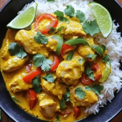 - 500g boneless, skinless chicken thighs, cut into bite-sized pieces - 1 can (400ml) coconut milk - 2 tablespoons coconut oil - 1 medium onion, finely chopped - 3 cloves garlic, minced - 1-inch piece of fresh ginger, grated - 1 red bell pepper, sliced into thin strips - 1 green bell pepper, sliced into thin strips - 2 teaspoons curry powder - 1 teaspoon turmeric powder - 1 teaspoon ground cumin - 1 teaspoon chili powder (adjust according to your spice preference) - 2 tablespoons soy sauce or tamari (for a gluten-free option) - Salt and freshly ground black pepper to taste - Fresh cilantro, chopped, for garnish - Lime wedges, for serving The chicken thighs are juicy and absorb all the flavors. Coconut milk gives the dish a creamy texture. It balances the spices well. Onions, garlic, and ginger add depth and warmth. Bell peppers bring color and crunch. The spices create a lovely aroma. - Additional vegetables - Different protein options You can customize your curry by adding more veggies. Try carrots, spinach, or green beans. For a twist, swap chicken for shrimp or tofu. This makes the dish unique and suits your taste. Sautéing the aromatics Start by heating 2 tablespoons of coconut oil in a large skillet over medium heat. Once the oil melts, add 1 finely chopped onion. Cook until the onion turns soft and clear, about 5 minutes. Then, add 3 minced garlic cloves and 1 inch of grated ginger. Stir for 1-2 minutes until you smell the nice aroma. Cooking the chicken Next, add 500g of boneless, skinless chicken thighs cut into bite-sized pieces. Stir with a wooden spoon and cook for 5-7 minutes. You want the chicken to brown on all sides. Adding spices Now, sprinkle 2 teaspoons of curry powder, 1 teaspoon of turmeric, 1 teaspoon of ground cumin, and 1 teaspoon of chili powder over the chicken. Mix it well to coat the chicken with the spices. Cook for another 2-3 minutes to bring out the flavors. Incorporating liquid and vegetables Pour in 1 can of coconut milk and 2 tablespoons of soy sauce. Then, fold in sliced red and green bell peppers. Stir until mixed well. Bring the mixture to a gentle simmer. Simmering and seasoning Lower the heat and let the curry simmer for 15-20 minutes. Stir it occasionally. This step allows the chicken to cook fully and the sauce to thicken. Once done, taste it and, if needed, add salt and freshly ground black pepper to suit your taste. You can find the complete cooking steps in the Full Recipe. Enjoy the rich, creamy flavor of your Coconut Chicken Curry! To make your Coconut Chicken Curry truly shine, adjust the spice levels to match your taste. If you like it spicy, add more chili powder or even fresh chilies. For a milder dish, reduce the chili powder. Remember, you can always add more, but it's hard to take it out once it's in. Important seasoning tips include tasting as you cook. This lets you find the right balance. Salt helps bring out flavors, so don’t skip it. A splash of soy sauce adds depth, too. Use fresh herbs like cilantro. They brighten the curry and add freshness. Browning chicken is key for flavor. When you add chicken to the pan, let it sit for a bit before stirring. This helps it brown nicely. Aim for a golden color on all sides. This step builds a rich taste in your curry. To thicken the curry sauce, let it simmer longer. As it cooks, the sauce reduces and becomes creamy. If you want it thicker, mash a few pieces of chicken with a spoon. This will help thicken it naturally. For serving, scoop the curry over fluffy jasmine or basmati rice. The rice soaks up the flavors and adds texture. You can drizzle a bit of reserved coconut milk on top for a creamy finish. For garnishing, sprinkle fresh cilantro over each bowl. Lime wedges on the side add a zesty kick. These simple touches make your Coconut Chicken Curry look as good as it tastes. {{image_4}} You can easily make Coconut Chicken Curry vegetarian. Start by swapping the chicken for plant-based protein. Options like tofu, tempeh, or chickpeas work well. They soak up the rich coconut flavors and add great texture. For vegetables, feel free to get creative. You can use: - Broccoli florets - Carrot slices - Snow peas - Zucchini rounds - Spinach or kale These veggies add color and nutrients. Just be sure to cook them until tender. Adjust cooking time based on the veggies you choose. Coconut Chicken Curry has many regional twists. Thai-style Coconut Chicken Curry is known for its fresh herbs. You can add basil, cilantro, or lime leaves for that bright taste. Using red curry paste instead of spices gives it a nice kick. Indian-style Coconut Chicken Curry uses different spices. Try adding garam masala and cardamom for warmth. You can also mix in peas or potatoes for heartiness. Each variation brings out unique flavors. For the complete cooking process, check the Full Recipe. After making your Coconut Chicken Curry, you might have some leftovers. Store them in the fridge for up to three days. Use airtight containers to keep the flavors fresh. If you want to keep it longer, freezing is a great option. You can freeze the curry for up to three months. Just remember to let it cool first before putting it in freezer bags or containers. When you're ready to enjoy your leftovers, reheating is key. For stovetop reheating, pour the curry into a pan and heat it over medium heat. Stir often to make sure it heats evenly. If you prefer the microwave, transfer the curry to a microwave-safe bowl. Cover it loosely and heat in short bursts, stirring in between. This helps to warm the curry without overcooking it. For the full recipe, check out the Coconut Chicken Curry recipe section. How to adjust the spiciness of the curry? You can easily change the heat level in your Coconut Chicken Curry. If you want it milder, cut back on the chili powder. You can also add more coconut milk to tone down the spice. For more heat, just increase the chili powder or add fresh chili peppers. This way, you control the flavor and spice to fit your taste. Can I substitute coconut milk with another milk? Yes, you can use other milks if you prefer. Almond milk or cashew milk works well but won't give the same rich taste. If you want a creamy texture, try heavy cream or even whole milk. Just keep in mind that this will change the flavor of the dish. Is Coconut Chicken Curry healthy? Coconut Chicken Curry can be a healthy choice. It has lean protein from chicken and healthy fats from coconut milk. You get vitamins and fiber from the peppers and any extra veggies you add. Just watch the serving size, as the coconut milk is high in calories. What can I serve with Coconut Chicken Curry? I love pairing this curry with fluffy jasmine rice or basmati rice. You can also serve it with naan bread for a fun twist. Adding a fresh salad or sautéed greens on the side can balance the meal, too. How long does Coconut Chicken Curry last in the fridge? Coconut Chicken Curry lasts about 3 to 4 days in the fridge. Make sure to store it in an airtight container. This keeps the flavors fresh and helps prevent spoilage. Can I make Coconut Chicken Curry in a slow cooker? Yes, you can make this dish in a slow cooker! Just follow the same steps for browning the chicken and aromatics. Then, add everything to your slow cooker, set it to low, and let it cook for 6 to 8 hours. This method makes the chicken super tender and lets the flavors meld beautifully. For the full recipe, check the section above! Coconut Chicken Curry is a mix of rich flavors and textures. We explored key ingredients, like chicken thighs and coconut milk, plus optional veggies and proteins to suit your taste. You learned step-by-step how to sauté, cook, and simmer your curry. Finally, I shared tips to enhance flavor and presentation. Remember, you can adjust spice levels and try different variations. Whether vegetarian or regional, there’s a Coconut Chicken Curry for everyone. Enjoy making this delicious dish and experimenting with your perfect recipe!