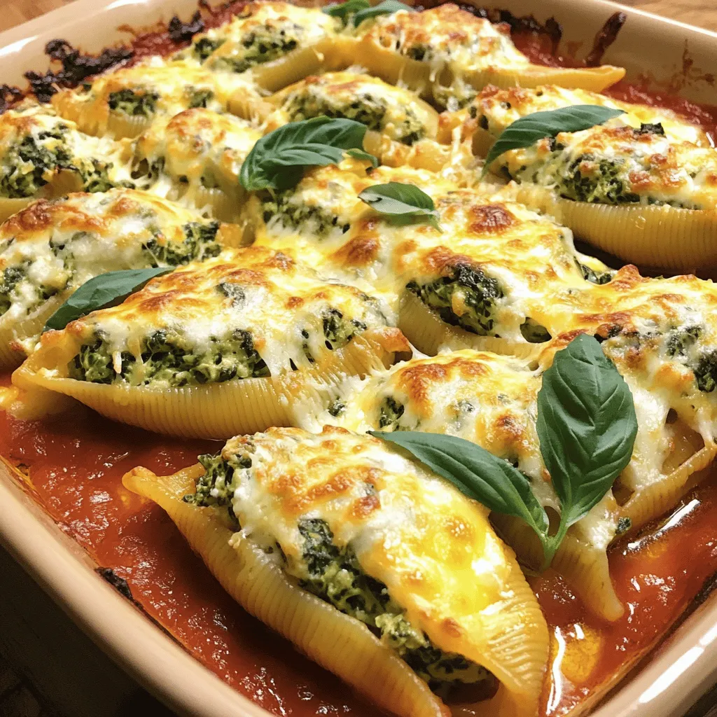 To create cheesy spinach stuffed shells, you need a few simple items. These ingredients blend together to give you a tasty and satisfying dish. Here is what you will need: - 20 jumbo pasta shells - 2 cups fresh spinach, finely chopped - 1 cup creamy ricotta cheese - 1 cup shredded mozzarella cheese (plus an additional 1/2 cup for topping) - 1/2 cup grated parmesan cheese (plus an additional 1/4 cup for topping) - 1 large egg, beaten - 1 teaspoon garlic powder - 1 teaspoon onion powder - Salt and freshly cracked black pepper to taste - 2 cups rich marinara sauce - Fresh basil leaves, for garnish Each ingredient plays a role in making the dish rich and flavorful. The spinach adds a healthy touch, while the cheeses create a creamy filling. The egg helps bind everything together for a perfect texture. Don’t forget to use fresh herbs for garnish, as they elevate the dish's appeal. For exact measurements and more details, check out the Full Recipe. - Step 1: Preheat your oven to 375°F (190°C). This helps the cheese melt just right. - Step 2: Cook the jumbo pasta shells in boiling water until they are al dente. Drain them carefully and place them on a paper towel to absorb any extra water. - Step 3: In a large mixing bowl, combine fresh spinach, ricotta cheese, 1/2 cup of mozzarella, 1/4 cup of parmesan, the beaten egg, garlic powder, onion powder, salt, and pepper. This mix gives great flavor! - Step 4: Stir all the ingredients together until the mixture is smooth and everything is mixed well. - Step 5: Pour 1 cup of marinara sauce into the bottom of a 9x13 inch baking dish. This keeps the shells moist while baking. - Step 6: Take each cooked shell and fill it with the spinach and cheese mixture. Press gently so it fills well. Place the stuffed shells seam side up in the dish. - Step 7: Pour the remaining marinara sauce over the stuffed shells. Make sure each one is covered in sauce. - Step 8: Sprinkle the rest of the mozzarella and parmesan cheese on top for a gooey finish. Cover the dish with foil to keep the moisture in. - Step 9: Bake the dish for 25 minutes with the foil on. Then, remove the foil and bake for an extra 10-15 minutes. The cheese should be melted and golden brown. - Step 10: Let the dish cool for a few minutes. Finish by garnishing with fresh basil leaves for a pop of color and flavor. Enjoy this easy and satisfying dish anytime! For a detailed recipe, check the Full Recipe section. - Use fresh spinach for best flavor. Fresh spinach packs a punch in taste and nutrients. - Ensure pasta is al dente to prevent overcooking. This keeps the shells from becoming mushy. - Serve with garlic bread or a side salad. Both add great texture and flavor. - Drizzle extra marinara sauce for presentation. This makes the dish look more appealing. - Substitute with different cheese blends. Try using gouda or cheddar for unique flavors. - Add ricotta or goat cheese for a twist. These cheeses add creaminess and depth to the filling. For a complete guide, check the Full Recipe for Cheesy Spinach Stuffed Shells. {{image_4}} You can easily add protein to your cheesy spinach stuffed shells. Cooked chicken or sausage gives a nice boost. Simply chop them and mix into the cheese filling. For a vegetarian option, try using beans like black beans or chickpeas. They add protein and keep the dish hearty. If you need a gluten-free dish, use gluten-free jumbo shells. They work just as well as regular shells. Another fun option is to use zucchini boats instead of pasta. Cut the zucchini in half, scoop out some flesh, and fill them like you would with the shells. Switching up the sauce can change the whole dish. Try using Alfredo sauce for a creamy twist. You can also use pesto for a fresh, herby flavor. Each sauce offers a unique taste that pairs well with the cheesy filling. Try these variations for a fun and unique meal. For the full recipe, check out the details above! Store leftovers in an airtight container in the fridge for up to 3 days. This keeps the flavors locked in and the dish fresh. When you’re ready to eat, just take it out and enjoy. You can freeze the stuffed shells for up to 2 months before baking. Just make sure to wrap them well. When you’re ready to eat, thaw them in the fridge overnight. Then, bake them according to the recipe instructions. To reheat, you can use the oven or the microwave. For the oven, preheat to 350°F (175°C) and heat until warm. This ensures the cheese stays nice and gooey. In the microwave, heat in short bursts to avoid overcooking. Enjoy your cheesy spinach stuffed shells just like they were fresh out of the oven! You can easily make Cheesy Spinach Stuffed Shells vegetarian by swapping out meat-based ingredients. Use mushrooms or add extra vegetables like zucchini and bell peppers. This will keep the dish hearty and flavorful without meat. Yes, you can prepare these shells in advance. Simply assemble them and then refrigerate or freeze. When you're ready to bake, just pop them in the oven. This saves time on busy days. To prevent pasta shells from breaking, cook them al dente. This means they should be firm but not hard. Also, handle them gently when stuffing. This will keep the shells intact while you fill them with that cheesy goodness. You can customize the flavors of your stuffing by trying different herbs and spices. Add fresh basil, oregano, or even a pinch of red pepper flakes for heat. This lets you create a stuffing that fits your taste perfectly. For the full recipe, check out the detailed instructions above! In this article, we covered how to make Cheesy Spinach Stuffed Shells. You learned about the fresh ingredients, from creamy ricotta to rich marinara sauce. I shared step-by-step instructions to ensure perfect results. Tips for serving and variations help you customize this dish. Store any leftovers for later enjoyment. Now, get ready to try this delicious recipe! You'll impress your family or friends. Enjoy every bite of this comforting meal!