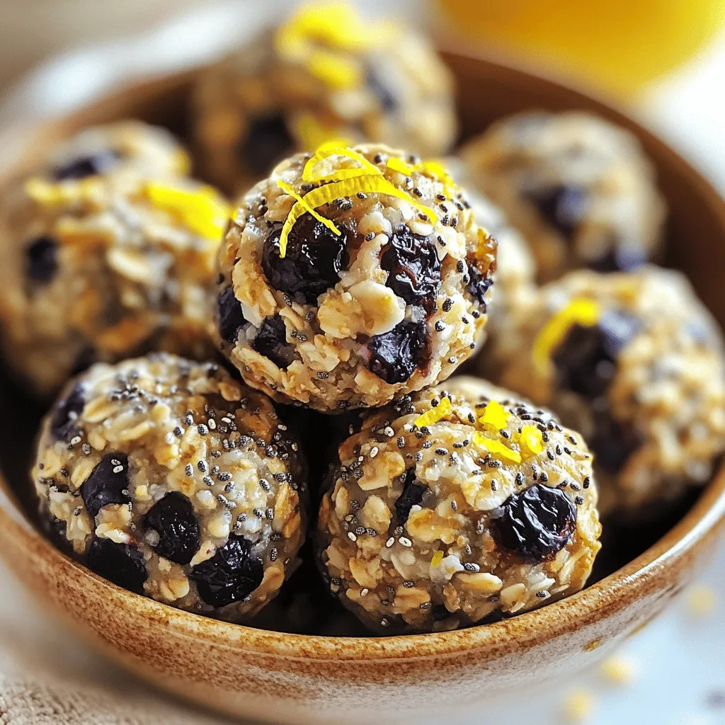To make Lemon Blueberry Energy Bites, you will need the following ingredients: - 1 cup rolled oats - ½ cup almond butter (or nut butter of choice) - ¼ cup honey or pure maple syrup - 1 cup dried blueberries (or substitute with other dried fruits) - Zest of 1 medium lemon - 2 tablespoons freshly squeezed lemon juice - 1 tablespoon chia seeds - ½ teaspoon pure vanilla extract - Pinch of sea salt These simple yet nutritious ingredients come together to create a tasty snack. Each component plays a key role in the flavor and texture. The oats provide a hearty base, while almond butter adds creaminess. Honey or maple syrup gives natural sweetness, and dried blueberries add a burst of fruity flavor. Lemon zest and juice bring a bright, zesty note. Chia seeds boost nutrition with their fiber and omega-3s. Vanilla extract enhances the overall taste, and a pinch of sea salt rounds out the flavors. You can find the full recipe here. Enjoy these bites as a quick energy boost or a wholesome treat during your day! 1. In a large bowl, mix together the rolled oats, almond butter, and your choice of sweetener. Use a spoon or your hands for the best mix. 2. Next, add the dried blueberries, lemon zest, lemon juice, chia seeds, and vanilla extract. Stir until the mixture looks even and sticky. 3. Once everything is mixed well, use your hands to form the mixture into small balls, about one inch in size. 1. Place the dough in the fridge for about 30 minutes. This makes the dough easier to handle. 2. After chilling, take it out and roll the mixture into bite-sized balls. Line them up on a parchment-lined tray to keep them from sticking. 1. Store your energy bites in an airtight container. They will stay fresh in the fridge for up to one week. 2. For longer storage, you can freeze the bites. Just make sure they are in a freezer-safe container. To make your energy bites just right, adjust the sweetness. If you like it sweeter, add more honey or maple syrup. If you want less sugar, cut back on the sweetener. You can also play with the texture. For a chewier bite, use more oats. For a softer texture, add a bit more almond butter. You can substitute different nuts or seeds for variety. Try using peanut butter, cashew butter, or sunflower seed butter. Each nut or seed gives a unique taste and texture. It’s fun to experiment! Serve the energy bites in a pretty bowl. A colorful platter makes them pop. Drizzle a bit of honey on top for shine. You can also sprinkle extra lemon zest for added flavor and color. These little touches make your snack look special. You can also pair them with fresh fruit or yogurt. This makes for a great snack display at gatherings. It’s all about making it fun and inviting! Making energy bites in bulk saves time. Prepare a large batch and store them for later. You can keep them in the fridge or freezer. Just grab one when you need a quick snack. Meal prepping is key for busy days. Set aside a time each week to make these bites. Store them in small containers for easy grab-and-go options. This way, you always have a healthy snack ready! {{image_4}} You can easily add a twist to your Lemon Blueberry Energy Bites. Try mixing in chocolate chips for a sweet touch. They can add a fun contrast to the tart lemon. You can also include chopped nuts for extra crunch. Almonds or walnuts work well here. Another option is to change up the dried fruits. Instead of blueberries, you can use cranberries or raisins. This change will give you a different taste in each bite. If you want to go vegan, just swap honey for maple syrup. This keeps your bites sweet without using animal products. For gluten-free options, ensure your oats are certified gluten-free. You can also experiment with different nut butters. Sunflower seed butter is a great choice for those with nut allergies. For sweeteners, you can use agave syrup or stevia for a low-calorie option. Use fresh, seasonal fruits to change the flavor. In summer, try ripe strawberries or peaches. In fall, consider pumpkin puree for a cozy taste. You can also adjust the zest to match the fruit you choose. This keeps your energy bites fresh and fun year-round. For the full recipe, check out [Full Recipe]. To keep your Lemon Blueberry Energy Bites fresh, store them in the refrigerator. Use an airtight container to prevent moisture. This helps maintain their taste and texture. Place them in a single layer if you can. You can also freeze these bites for longer storage. To do this, lay them flat on a baking sheet. Once frozen, transfer them to a freezer-safe bag. This method prevents them from sticking together. In the fridge, these bites last about one week. After that, their flavor and texture may change. If they look dry or hard, it’s time to toss them out. Also, check for any off smells or visible mold. These signs mean they are no longer safe to eat. If you have leftover energy bites, get creative! Crumble them over yogurt or oatmeal for a tasty breakfast. You can also blend them into smoothies for added nutrition. For a quick snack, pair them with fresh fruit or a nut butter dip. The possibilities are endless! Feel free to explore your favorite ways to enjoy these bites. Check out the [Full Recipe] for more ideas and details. You can store Lemon Blueberry Energy Bites in the fridge for up to one week. To keep them fresh, place the energy bites in an airtight container. This method helps lock in their flavor and texture. If you want them to last longer, consider freezing them. Just make sure to separate each bite with parchment paper to prevent sticking. You can use fresh blueberries, but the bites may not hold together as well. Fresh blueberries add moisture, which can make your energy bites softer. This change may affect the texture, making them chewier. If you choose fresh, I suggest adding a bit more oats to help bind the mixture. If you have nut allergies, you can use sunflower seed butter or soy nut butter instead. Both options work well and give a similar creamy texture. You can also try peanut butter or cashew butter for different flavors. Just keep in mind that each nut butter has a unique taste. Yes, these energy bites are healthy! They contain rolled oats, which provide fiber and energy. Almond butter adds protein and healthy fats. Dried blueberries are full of antioxidants. Chia seeds boost the nutritional value with omega-3 fatty acids. This mix makes for a balanced snack that fuels your body. Absolutely! Making these energy bites ahead of time is a great idea. You can prepare them for the week, which saves time. Just store them in the fridge or freezer as mentioned earlier. This way, you always have a quick, healthy snack ready to go. For the full recipe, check out the main section. Lemon blueberry energy bites are easy and fun to make. You mix simple ingredients, shape them, and store them. You can customize flavors or try different nuts. These snacks are healthy and great for meal prep. Keep them in the fridge or freeze for later use. Enjoy these tasty bites anytime you need a quick boost. I hope you try this recipe and find your favorite twist!