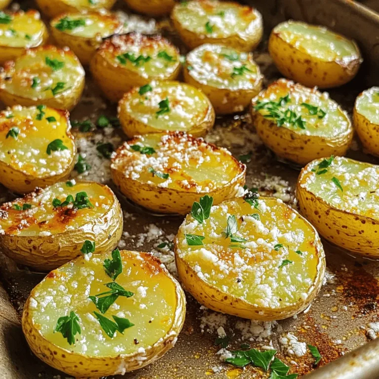 - 2 lbs baby potatoes - 4 tablespoons extra-virgin olive oil - 4 cloves fresh garlic The main ingredients for Garlic Parmesan Roasted Potatoes are simple yet powerful. Baby potatoes offer a great texture. Their small size helps them cook evenly. Extra-virgin olive oil adds richness to the dish. Fresh garlic gives it a bold flavor that everyone loves. - 1 teaspoon dried oregano - 1 teaspoon dried thyme - Salt and freshly cracked black pepper Seasonings elevate the dish. Dried oregano and thyme bring a warm, herbal taste. Salt and pepper enhance all the flavors. You can adjust these based on your taste. Just remember, balance is key for the perfect bite. - Fresh parsley, finely chopped - 1 cup freshly grated Parmesan cheese Garnishes are not just for looks. Fresh parsley adds a pop of color and freshness. The Parmesan cheese melts beautifully over the hot potatoes. It creates a savory crust that you won’t forget. For the full recipe, check the details earlier in this article. - Preheat the oven to 425°F (220°C). - Halve the baby potatoes and place them in a large bowl. - Drizzle in the extra-virgin olive oil. - Add the minced garlic, oregano, thyme, salt, and black pepper. - Toss everything well so the potatoes are coated. - Line a large baking sheet with parchment paper. - Spread the seasoned potatoes in a single layer on the sheet. - Make sure they are not crowded; this helps them roast well. - Place the baking sheet in the oven and roast for 25-30 minutes. - Toss the potatoes halfway through, around 15 minutes in. - The potatoes should be golden and tender when done. - Remove the baking sheet from the oven. - Generously sprinkle the freshly grated Parmesan cheese over the hot potatoes. - Return the baking sheet to the oven for 5 more minutes. - This melts the cheese and creates a crispy crust. - Once done, take them out and garnish with fresh parsley. For the full recipe, check the details above. To get crispy garlic Parmesan roasted potatoes, you must avoid overcrowding the baking sheet. When potatoes sit too close together, they steam instead of roast. Spread them out in a single layer for the best results. Tossing the potatoes halfway through cooking helps them brown evenly. This simple step makes a big difference in texture. Want to take your garlic Parmesan roasted potatoes to the next level? Try adding more herbs like rosemary or basil. Fresh herbs boost the flavor and aroma. They make your dish pop with freshness. You can also mix in some chili flakes if you like a bit of heat. Serving your potatoes in a warm bowl makes them look more inviting. I recommend topping them with extra Parmesan and parsley. This adds color and richness. For an elegant touch, place the potatoes in the center of the plate. Surround them with vibrant veggies. This simple plating trick makes your dish stand out and makes guests feel special. For the full recipe, click here. {{image_4}} You can easily change the flavor of Garlic Parmesan Roasted Potatoes. One fun way is to add lemon zest. This gives a bright and fresh taste. Just grate some lemon peel and mix it in with your potatoes. You can also use different cheese options. Cheddar cheese can add a sharp bite. You might even try feta for a tangy twist. Each cheese brings its own character to the dish. If you need gluten-free options, you are in luck! This recipe is already gluten-free. Just make sure all your ingredients are free from gluten. For vegetarian options, you can swap out the Parmesan cheese for a plant-based version. There are many good vegan cheeses available today. This keeps the dish tasty without losing its charm. These potatoes pair well with grilled meats. Try them alongside chicken or steak for a hearty meal. You can also serve them with fresh salads. A simple green salad can balance the rich flavors of the potatoes. Other good sides include steamed vegetables or creamy coleslaw. For more details on making these flavorful potatoes, check out the Full Recipe. After enjoying Garlic Parmesan Roasted Potatoes, store any leftovers in the fridge. Use an airtight container to keep them fresh. Place a paper towel inside to absorb moisture. This helps prevent sogginess. They last up to three days in the fridge. To enjoy these potatoes again, reheating is key. The oven gives the best results. Preheat it to 375°F (190°C). Spread the potatoes on a baking sheet and heat for 10-15 minutes. This keeps them crispy. If you're in a hurry, use the microwave. Heat on high for 1-2 minutes, but note they may lose some crispiness. Yes, you can freeze roasted potatoes! To do this, let them cool completely first. Then, place them in a single layer on a baking sheet. Freeze for about an hour. Once frozen, transfer them to a freezer bag. They can stay good for up to three months. When ready to eat, thaw overnight in the fridge. Reheat in the oven to regain their crispiness. To make Garlic Parmesan Roasted Potatoes, follow these simple steps: 1. Preheat your oven to 425°F (220°C). 2. Prepare the potatoes: Halve the baby potatoes and mix them in a bowl with olive oil, minced garlic, oregano, thyme, salt, and pepper. 3. Arrange the potatoes on a lined baking sheet in a single layer. 4. Roast the potatoes for 25-30 minutes, tossing halfway for even browning. 5. Add Parmesan: After roasting, sprinkle grated Parmesan on top and return to the oven for 5 minutes. 6. Garnish with parsley before serving. For the full recipe, check the section above. Yes, you can use different potatoes. Here are some options: - Yukon Gold: These are creamy and have a smooth texture. - Red Potatoes: They hold their shape well and add a nice color. - Sweet Potatoes: For a sweet twist, try using sweet potatoes, but adjust cooking time. Experimenting with different potatoes can change the dish's flavor and texture. Garlic Parmesan Roasted Potatoes pair well with many dishes: - Grilled chicken: The potatoes complement the smoky flavor. - Steak: A hearty steak goes perfectly with these tasty potatoes. - Roasted vegetables: Serve alongside seasonal roasted veggies for a colorful plate. - Salad: A fresh salad adds a nice crunch and balance. These potatoes make a great side for any meal! In this post, we covered how to make Garlic Parmesan Roasted Potatoes. We looked at the key ingredients, like potatoes, olive oil, and fresh herbs. I shared step-by-step instructions for roasting them to perfection. With tips to boost flavor and presentation, your dish can stand out. For variations, consider adding lemon zest or using different cheeses. This dish is versatile and easy to store. Enjoy your roasted potatoes as a tasty side with many meals. I hope you try this recipe soon!