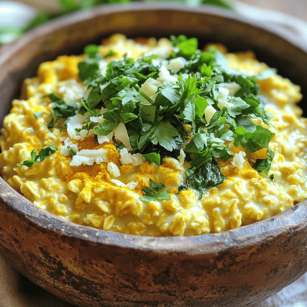 - 1 cup rolled oats - 2 cups vegetable broth (or water) - 2 cups fresh spinach, roughly chopped - 1 small onion, finely diced - 2 cloves garlic, minced You need rolled oats as the base. They cook quickly and provide a hearty texture. Use vegetable broth or water for a warm, flavorful base. Fresh spinach adds color and nutrition. Dice a small onion for sweetness and flavor. Minced garlic gives the dish a fragrant kick. - 1/4 cup grated cheese (feta or cheddar) - Chopped fresh herbs (cilantro, parsley, or chives) Adding cheese is a great way to enhance creaminess. Feta adds a tangy taste, while cheddar is more mellow. Fresh herbs brighten the dish and add a pop of color. - 1 tablespoon olive oil - 1/2 teaspoon turmeric powder - 1/2 teaspoon ground cumin - Salt and freshly ground black pepper to taste Olive oil helps sauté the onion and garlic. Turmeric adds a lovely golden hue and earthy flavor. Cumin brings warmth, making the dish more complex. Don't forget salt and pepper to balance all the flavors. For the full recipe, check out the details in the provided section. - Warm olive oil in a medium pan over medium heat. - Add the finely diced onion and sauté until soft, about 3-4 minutes. - Add the minced garlic and cook until fragrant, about 1-2 minutes. - Sprinkle in turmeric and cumin, stirring well. Let cook for 30 seconds. - Pour in vegetable broth and bring to a boil. - Stir in rolled oats and reduce heat to low. Cover and simmer for 5 minutes. - Add the roughly chopped spinach and mix well. Cook for another 2-3 minutes. - Season with salt and black pepper to taste. If using cheese, stir it in now. - Serve hot, garnished with fresh herbs for color and flavor. For more details, check out the Full Recipe. To get the best texture for your oats, use rolled oats. They cook quickly and turn creamy. Start with the right liquid ratio. For a thicker dish, use less broth. For creamier oats, add more. I usually use two cups of broth for one cup of oats. It gives a great result! Spices can make a big difference. Try adding a pinch of chili flakes for heat. You can also mix in smoked paprika for a smoky taste. Fresh herbs like basil or dill can brighten the dish too. If you are feeling adventurous, add a squeeze of lemon juice. It adds a nice zing. Savory oats pair well with soft-boiled eggs. The yolk adds creaminess and flavor. You can also serve it alongside roasted tomatoes or sautéed mushrooms. For a nice touch, present the dish in a bowl with a sprinkle of fresh herbs on top. It makes the meal look inviting and fresh. For the full recipe, check out Savory Oats Delight with Spinach. {{image_4}} You can swap oats for quinoa or other grains. Quinoa brings a nice nutty taste. Other grains like farro or barley work well too. You can also mix in different greens. Try kale, Swiss chard, or even arugula for a spicy kick. Adding veggies like bell peppers or mushrooms can change the dish’s flavor. Make it yours by experimenting with what you have at home. To spice things up, add chili or cayenne pepper for heat. This version wakes up your taste buds and adds a warm kick. For a Mediterranean twist, toss in olives and sun-dried tomatoes. This combination brings a savory, briny flavor that brightens the dish. You can also use herbs like oregano or thyme for more depth. Each variation makes savory oats feel fresh and exciting. For a vegan version, skip the cheese and use plant-based broth. You can also add nuts or seeds for protein. This makes the dish hearty and filling. If you need it gluten-free, just ensure your oats are certified gluten-free. Many brands offer this option, so check the label. With these simple changes, the dish remains delicious while meeting your dietary needs. To keep your savory oats fresh, store them in an airtight container. Place the container in the fridge. These oats stay good for up to three days. For freezing, portion the oats into freezer-safe bags. Remove as much air as possible before sealing. This way, they can last up to three months. When reheating, add a splash of broth or water. This helps restore the texture. Use the microwave for quick reheating. Heat in 30-second intervals, stirring between each. You can also reheat on the stove. Use low heat and stir often to keep the oats creamy. In the fridge, the savory oats last for about three days. If frozen, they can last up to three months. Look for signs of spoilage, such as mold or an off smell. If the oats look dry or hard, it’s best to toss them. Enjoy your savory oats while they are fresh for the best taste! For the full recipe, check out Savory Oats Delight with Spinach. To cook savory oats well, follow these tips: - Use rolled oats for a creamy texture. - Cook them in vegetable broth for added flavor. - Sauté onions and garlic first to enhance taste. - Stir in spices like turmeric and cumin to elevate the dish. - Keep an eye on your cooking time to avoid mushy oats. This method ensures your oats are tasty and comforting every time. Yes, you can make savory oats ahead of time. Here are some meal prep tips: - Cook a big batch and store it in the fridge. - Divide into portions for quick breakfasts. - Reheat with a splash of broth or water to restore creaminess. - Add fresh spinach right before serving for the best taste. Making these ahead saves time on busy mornings. You can add many toppings to savory oats for more flavor. Consider these popular options: - Crumbled feta or cheddar cheese for creaminess. - Avocado slices for healthy fats and a smooth texture. - Chopped nuts for crunch and added protein. - A poached egg for richness and extra nutrition. - Fresh herbs like cilantro or parsley for brightness. These toppings can elevate your savory oats and make them exciting. Savory oats with spinach are a quick and healthy meal. We discussed essential ingredients, step-by-step cooking, and ways to enhance flavor. You can adapt this dish with various grains and spices for new tastes. Store leftovers properly to enjoy them later. Remember, this dish is versatile and can fit many diets. Experiment with toppings and flavors to make it your own. Enjoy creating your savory oats and happy cooking!