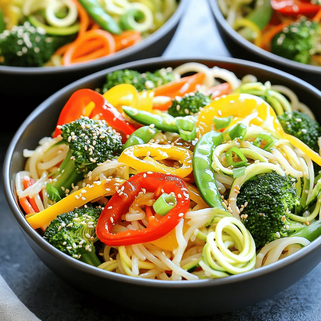To make delicious vegetable stir-fry noodles, gather these key ingredients: - 200g rice noodles - 1 tablespoon sesame oil - 2 cloves garlic, finely minced - 1 inch piece of ginger, freshly grated - 1 red or yellow bell pepper, thinly sliced - 1 cup broccoli florets, chopped into bite-sized pieces - 1 medium carrot, julienned - 1 medium zucchini, either spiralized or thinly sliced - 100g snap peas, ends trimmed - 3 tablespoons soy sauce - 1 tablespoon hoisin sauce - 1 teaspoon chili paste (optional for a spicy kick) - 2 green onions, finely sliced - Sesame seeds for garnish These ingredients give the dish a vibrant look and rich taste. You can find them in most grocery stores. You might want to add extra ingredients for more flavor or texture. Here are some ideas: - Baby corn for crunch - Mushrooms for earthiness - Cashews or peanuts for crunch - Fresh herbs like cilantro or basil for brightness These options can elevate your stir-fry and make it unique. When picking vegetables, freshness matters. Here are some tips to ensure high quality: - Look for bright colors; they signal freshness. - Choose firm vegetables without soft spots. - Smell the produce; fresh veggies have a pleasant scent. - Buy seasonal vegetables for the best taste and price. Fresh vegetables will help your dish shine and taste better. For the full recipe, check out the details above! Start by boiling a large pot of water. Add 200g of rice noodles. Cook them according to the package instructions until they are tender. After cooking, drain the noodles and rinse them under cold water. This helps prevent sticking. Set the noodles aside while you prepare the rest of the dish. In a large wok or frying pan, heat 1 tablespoon of sesame oil over medium-high heat. Once the oil shimmers, add 2 cloves of minced garlic and a piece of grated ginger. Stir them for about 30 seconds until fragrant. Add in 1 sliced bell pepper, 1 cup of chopped broccoli, and 1 julienned carrot. Stir-fry these for 3-4 minutes until they turn bright and tender, but still crunchy. Next, toss in 1 zucchini and 100g of snap peas. Cook for another 2 minutes until all veggies are tender-crisp. Reduce the heat slightly. Pour 3 tablespoons of soy sauce and 1 tablespoon of hoisin sauce over the veggies. If you like heat, add 1 teaspoon of chili paste now. Mix everything well so the vegetables are coated. Gently add the prepared rice noodles to your stir-fry. Toss everything together for about 2-3 minutes until heated through. Your vibrant veggie noodle stir-fry is almost ready! For the final touch, garnish with 2 sliced green onions and sesame seeds. For the full recipe, check the details above. To boost flavor, use fresh herbs. Cilantro or basil adds a great touch. You can also add a splash of lime juice for a zesty kick. A sprinkle of sesame seeds enhances the dish's taste and crunch. If you like heat, chili flakes or sriracha can spice it up. Don’t forget to taste as you cook. This helps you adjust the flavors just right. To keep veggies crisp, use high heat. Start with a hot wok or pan. Stir-fry in small batches to avoid overcrowding. This ensures even cooking. Cook each type of vegetable for the right time. For example, broccoli needs about 3-4 minutes, while snap peas only take 2 minutes. This keeps their bright color and crunch. Always prep your ingredients before cooking. Chop veggies and measure sauces ahead of time. This makes cooking fast and easy. Use a good amount of oil to prevent sticking. Sesame oil adds great flavor. Stir constantly to cook evenly. Finally, serve your stir-fry hot for the best taste. For a full recipe, check out the Vibrant Veggie Noodle Stir-Fry. {{image_4}} Adding protein can make your stir-fry more filling. You can use chicken, shrimp, or tofu. For chicken, slice it thin and cook it before the veggies. For shrimp, add them when the veggies are almost done. Tofu should be firm and cubed. Sauté it until golden brown for the best taste. Each option gives a boost to your meal. If you need gluten-free options, look for rice noodles labeled gluten-free. You can also swap soy sauce for tamari. For vegan protein, choose firm tofu or tempeh. Both options soak up flavors well. They make your stir-fry just as tasty. Always check labels to ensure they fit your dietary needs. Using seasonal vegetables adds fresh flavor and color. In spring, try asparagus and peas. Summer is perfect for bell peppers and zucchini. Fall brings butternut squash and kale. In winter, use carrots and brussels sprouts. Each season offers unique tastes. Mix and match to keep your dish exciting. Check the market for the freshest options. For more details, check the Full Recipe and explore how to customize your dish! To keep your vegetable stir-fry fresh, let it cool first. Place it in an airtight container. Store it in the fridge for up to three days. Make sure to separate the noodles from the veggies if you want to keep them crisp. When reheating, use a pan or a microwave. For the pan, add a splash of water or oil. Heat it on medium until hot. If using a microwave, cover the dish and heat in short bursts. Stir often to avoid uneven heating. This keeps your meal tasty and avoids mushy veggies. You can freeze your stir-fry, but it's best to freeze the veggies and noodles separately. Cool them completely before packing them into freezer bags. Remove as much air as possible. They will stay good for about one month. When ready to eat, thaw in the fridge overnight before reheating. This keeps the flavors fresh and vibrant. For the full recipe, check the Vibrant Veggie Noodle Stir-Fry section above. For stir-fry, rice noodles are a great choice. They soak up flavors well. I love using thin rice noodles. They cook quickly and add a nice texture. You can also use egg noodles or udon if you prefer. Just remember to cook them according to the package directions. Be sure to rinse them in cold water after cooking. This keeps them from sticking together. Yes, you can skip soy sauce if you want. Try using tamari for a gluten-free option. You can also use coconut aminos. These alternatives add flavor without soy. If you want a different taste, consider using vegetable broth or a mix of vinegar and spices. Experiment with flavors you enjoy to make it your own. Cooking vegetable stir-fry takes about 10 to 15 minutes. Start by heating your wok or pan over medium-high heat. Add oil, then cook garlic and ginger for about 30 seconds. Next, add your veggies. Stir-fry them for about 5 to 7 minutes. The key is to keep the veggies crisp and colorful. Once everything is done, add your noodles and sauces. Mix well and serve hot. This quick cooking keeps all the nutrients intact. Vegetable stir-fry noodles are a simple and tasty dish. We covered key ingredients, preparation steps, and tips for cooking. You learned the importance of fresh veggies and how to enhance flavors. Consider trying protein options and seasonal veggies for variety. Store leftovers well for a quick meal later. With practice, stir-frying will become easy and satisfying. Enjoy cooking and experimenting with flavors, and have fun with your creations!