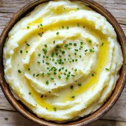 To make creamy garlic mashed potatoes, you need a few key ingredients: - 2 lbs Yukon Gold potatoes, peeled and cut into uniform dice - 4 cloves garlic, peeled - ½ cup unsalted butter, softened to room temperature - ⅔ cup heavy cream (adjust for creaminess preference) - Salt and freshly cracked black pepper, to taste - ¼ cup sour cream (for added creaminess and tang) - Fresh chives, finely chopped (for a vibrant garnish) These ingredients work together to create a rich and smooth dish. Yukon Gold potatoes bring a buttery flavor. Garlic adds depth and aroma. Butter and sour cream enrich the texture. If you don’t have Yukon Gold potatoes, you can use Russet potatoes. They mash well and provide a fluffy texture. For a lighter dish, swap heavy cream with half-and-half or milk. You can also use olive oil instead of butter for a healthier option. If you want a dairy-free version, use a plant-based cream and skip the butter. Using high-quality ingredients matters. Fresh garlic enhances the flavor. Choose potatoes with no blemishes for the best mash. Unsalted butter lets you control the salt level. Good ingredients lead to better taste and texture. When you take care in your choices, your creamy garlic mashed potatoes will shine. For the full recipe, check the details above. Start with 2 pounds of Yukon Gold potatoes. I like these potatoes because they are creamy and smooth. Peel and cut them into equal-sized pieces. Place the diced potatoes and 4 cloves of garlic in a large pot. Cover them with cold water and add a big pinch of salt for flavor. This helps the potatoes soak in some taste. Set the pot over medium-high heat. Wait until the water boils. Once it starts boiling, lower the heat to medium. Let it simmer for 15 to 20 minutes. You want the potatoes to be fork-tender. After that, drain the potatoes and garlic in a colander. Return them to the pot. Put the pot back on low heat for a minute. This helps any extra moisture dry out. Now, use a potato masher or ricer. Mash the potatoes and garlic until they are smooth and creamy. Next, add ½ cup of softened butter and ¼ cup of sour cream to the potatoes. Stir well until the butter melts and mixes in. Now, gradually pour in ⅔ cup of heavy cream. Mix it until you get your desired creaminess. You can add more or less cream based on your taste. Finally, season with salt and freshly cracked black pepper. Taste it to see if it needs more. For a special touch, fold in some finely chopped fresh chives. This adds color and flavor to your dish. Check out the Full Recipe for more details! To get creamy garlic mashed potatoes, start with Yukon Gold potatoes. These potatoes have a smooth texture and rich flavor. When boiling, make sure the potatoes are fork-tender. Drain them well to avoid watery mashed potatoes. Use a potato masher or ricer for the best results. Ricing gives you the smoothest texture. Finally, add heavy cream gradually. You can adjust the amount for your preferred creaminess. Garlic is key for flavor, but you can add more. Try roasting the garlic before mashing. Roasted garlic brings a sweet, nutty taste. Adding sour cream gives your dish a tangy kick. Fresh chives offer a bright finish and extra flavor. You can also sprinkle some cheese for a rich touch. Always remember to taste and adjust salt and pepper for balance. One common mistake is not salting the water. Salting the water helps season the potatoes. Another is over-mashing, which can make them gluey. Be gentle when mixing in the butter and cream. If you want a lighter dish, avoid heavy cream. Instead, use half-and-half or milk for a different texture. Keep these tips in mind to make the best creamy garlic mashed potatoes. For the full recipe, check out the recipe section. {{image_4}} To add a fresh twist, try garlic herb mashed potatoes. You can mix in herbs like parsley, thyme, or rosemary. Start by chopping a tablespoon of your favorite herbs and add them to the mashed potatoes. This gives your dish a bright flavor that complements the garlic. If you love cheese, cheesy mashed potatoes are for you. For this variation, add shredded cheese like cheddar or parmesan. Stir in about one cup of cheese after mashing the potatoes. The cheese melts in, making the dish rich and creamy. It’s a perfect way to make your mashed potatoes even more indulgent. You can make creamy garlic mashed potatoes vegan. Swap out the dairy for plant-based options. Use almond milk or coconut milk instead of heavy cream. Replace butter with vegan butter or olive oil. This keeps the dish creamy while being friendly to your diet. Feel free to explore these variations and make these mashed potatoes truly your own. For the full recipe, check out the complete steps above. Creamy garlic mashed potatoes taste great with many meats. They pair well with roasted chicken, beef, or pork. The smooth texture complements the juicy flavors of grilled steak. If you serve them with fried chicken, it adds a creamy balance. Try them with herb-crusted lamb for a special treat. These potatoes also work nicely with meatloaf, adding warmth to every bite. For special events, creamy garlic mashed potatoes shine brightly. They make every meal feel fancy. Serve them during holiday dinners or family gatherings. Add a sprinkle of fresh chives for color. You can also top them with crispy bacon bits for a fun twist. This dish can impress guests at birthday parties or anniversaries. It brings comfort and style to any table. Presentation matters when serving creamy garlic mashed potatoes. Use a large serving bowl for a family-style meal. For a refined touch, serve in individual ramekins. You can create swirls in the potatoes with a fork for a fun look. Drizzle with a little extra cream or melted butter for a glossy finish. A sprinkle of chives adds color and freshness. You can even use a piping bag for a professional touch. For the full recipe, you can explore more ideas and tips! Yes, you can make mashed potatoes ahead of time. Prepare them as usual and cool them down. Then, store the mashed potatoes in an airtight container in the fridge. They will stay fresh for up to three days. When you are ready to serve, reheat them gently. The best potatoes for mashing are Yukon Gold or Russet potatoes. Yukon Gold potatoes give a creamy texture and buttery flavor. Russet potatoes are fluffy and light. Both types work well, but Yukon Gold is my favorite for a smooth dish. To reheat creamy mashed potatoes, place them in a pot over low heat. Stir frequently to avoid sticking. You can add a splash of heavy cream or milk to keep them creamy. Alternatively, you can use the microwave, heating them in short bursts. Be sure to stir in between to ensure even heating. For the full recipe, check out the Creamy Garlic Mashed Potatoes section. In this post, we explored key ingredients, step-by-step instructions, and helpful tips for making perfect mashed potatoes. We also discussed tasty variations and serving ideas to elevate your dish. Good ingredients and the right methods can make a huge difference. Pay attention to common pitfalls, and you'll avoid mistakes. With this knowledge, you can create mashed potatoes that impress. Enjoy your creamy creation at special occasions or any meal!