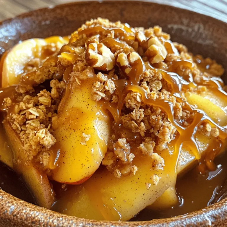 - 6 medium apples (Granny Smith or Honeycrisp) - 1 tablespoon fresh lemon juice - 1 teaspoon ground cinnamon - 1/2 teaspoon ground nutmeg - 1/4 cup brown sugar (for apples) - 1 cup rolled oats - 1/2 cup all-purpose flour - 1/2 cup packed brown sugar (for topping) - 1/2 cup unsalted butter, melted - 1/2 cup chopped walnuts or pecans (optional) - 1 cup caramel sauce - A pinch of salt The fruit base is key for a great caramel apple crisp. For this recipe, I love using Granny Smith or Honeycrisp apples. They give a nice tartness that balances well with the sweet topping. Start by peeling, coring, and slicing the apples. Toss them with fresh lemon juice to keep them bright and tasty. Next, we add spices and sweeteners. Ground cinnamon and nutmeg bring warmth and depth to our dish. The brown sugar for the apples adds a touch of sweetness, enhancing the natural flavors of the fruit. Now, let’s talk about the topping. The rolled oats create a lovely crunch, while the all-purpose flour helps bind everything together. Melted butter adds richness. You can also add chopped walnuts or pecans for an extra layer of texture and flavor. Finally, drizzle caramel sauce over the top of your crisp for a delightful finish. Just remember, this recipe is all about balance. You want sweet, tart, and crunchy all in one bite. For the full recipe, check out the details above! - Preheat the oven to 350°F (175°C). This helps cook the crisp evenly. - In a bowl, mix the sliced apples with lemon juice, cinnamon, nutmeg, and brown sugar. Toss until the apples are coated. - Pour the apple mixture into a greased baking dish. Spread the apples out well. - In another bowl, combine oats, flour, brown sugar, melted butter, and nuts if you like. Mix until crumbly. - Sprinkle the crumbly topping over the apples. Make sure it covers them well. - Place the dish in the oven and bake for 30-35 minutes. Look for a golden top and bubbling edges. This process will guide you to a delicious Caramel Apple Crisp. For the full recipe, check the details above. Enjoy your baking! How to select the best apples for crisp? Choose firm apples like Granny Smith or Honeycrisp. They hold their shape well when baked. Look for apples that are fresh and have a nice color. Avoid any with bruises or soft spots. This will make your crisp taste great! Importance of letting the dish cool before serving Let the caramel apple crisp cool for at least ten minutes. This helps the juices thicken. If you serve it hot, it may be too runny. Cooling allows the flavors to mix better. Plus, it’s easier to scoop! Pairing options with ice cream or whipped cream Serve your caramel apple crisp with a scoop of vanilla ice cream. The cold ice cream melts into the warm crisp. This contrast is delightful! You can also add whipped cream for a lighter touch. Both options enhance the sweet and tart flavors. Drizzling with additional caramel sauce Don’t forget to drizzle extra caramel sauce on top! This adds richness and sweetness. Use warm caramel for a gooey effect. You can even sprinkle nuts on top for added crunch. Enjoy the blend of textures and flavors! For the [Full Recipe], follow the steps, and enjoy your delicious creation! {{image_4}} You can easily make this dessert gluten-free. Simply replace all-purpose flour with gluten-free flour. Options like almond, coconut, or oat flour work great. If you choose oat flour, ensure it's certified gluten-free. This swap keeps the crisp texture while catering to dietary needs. To make a vegan version, use vegan butter instead of regular butter. For sweetness, coconut sugar is a fantastic choice. It has a rich flavor and works well in this recipe. If you want to skip eggs in the topping, use mashed bananas or unsweetened applesauce. These swaps keep the crisp moist and delicious. Experimenting with these variations allows everyone to enjoy your Caramel Apple Crisp delight! For the full recipe, check out the ingredients and instructions provided above. To store your Caramel Apple Crisp, let it cool first. Place it in an airtight container. You can keep it in the fridge for up to four days. Make sure the lid is on tight to keep it fresh. If you want to save it longer, freeze it. Wrap it well in plastic wrap or foil. Then, place it in a freezer-safe bag. It can last for up to three months in the freezer. To reheat your crisp, you have a few good options. The best way is to use the oven. Preheat your oven to 350°F (175°C). Place the crisp in an oven-safe dish and cover it with foil. Heat for about 15-20 minutes. This keeps the topping nice and crunchy. You can also use the microwave. Just heat a single serving for 30-40 seconds. But, the topping may not stay as crispy. For a warm, gooey dessert, drizzle on more caramel sauce before serving. To make caramel apple crisp, you follow a few simple steps: 1. Preheat your oven to 350°F (175°C). 2. Mix sliced apples with lemon juice, cinnamon, nutmeg, and brown sugar. 3. Spread the apple mixture in a greased baking dish. 4. In another bowl, combine oats, flour, brown sugar, melted butter, and nuts. 5. Sprinkle this topping over the apples. 6. Bake for 30-35 minutes until golden brown. 7. Let it cool, then drizzle with caramel sauce. This process makes a warm, sweet dish that's perfect for any gathering. Yes, you can use various apples! Each type brings its unique flavor. Here are a few options: - Granny Smith: Tart and crisp, great for balance. - Honeycrisp: Sweet and juicy, adds a lovely flavor. - Fuji: Very sweet, perfect for a sweeter dish. - Gala: Mildly sweet, softens when baked. Experiment with these apples to find your favorite mix! Pair your caramel apple crisp with these delightful options: - Vanilla ice cream: Creamy contrast to warm crisp. - Whipped cream: Light and fluffy topping. - Caramel sauce: Drizzle more for extra sweetness. - Coffee or tea: A warm drink complements the dessert. These pairings enhance the flavors and make your meal even better! This article covered the key ingredients and steps to make a delicious Caramel Apple Crisp. You learned about the best apple choices, spices, and topping tips. We discussed storage and reheating methods to keep your dish fresh. Remember, you can customize this recipe with gluten-free or vegan options. Whether you enjoy it warm or chilled, the flavors are sure to delight. Try this recipe for your next gathering or cozy night in. Happy baking!