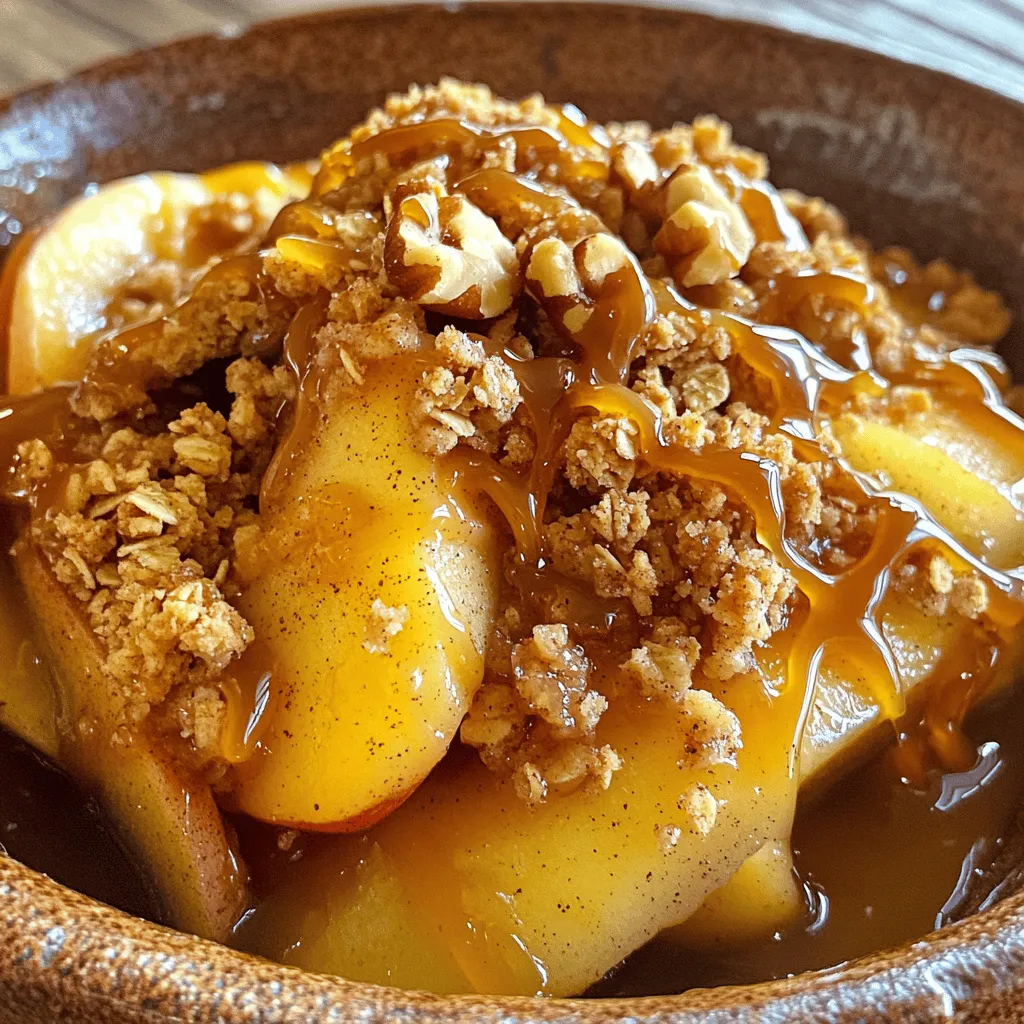 - 6 medium apples (Granny Smith or Honeycrisp) - 1 tablespoon fresh lemon juice - 1 teaspoon ground cinnamon - 1/2 teaspoon ground nutmeg - 1/4 cup brown sugar (for apples) - 1 cup rolled oats - 1/2 cup all-purpose flour - 1/2 cup packed brown sugar (for topping) - 1/2 cup unsalted butter, melted - 1/2 cup chopped walnuts or pecans (optional) - 1 cup caramel sauce - A pinch of salt The fruit base is key for a great caramel apple crisp. For this recipe, I love using Granny Smith or Honeycrisp apples. They give a nice tartness that balances well with the sweet topping. Start by peeling, coring, and slicing the apples. Toss them with fresh lemon juice to keep them bright and tasty. Next, we add spices and sweeteners. Ground cinnamon and nutmeg bring warmth and depth to our dish. The brown sugar for the apples adds a touch of sweetness, enhancing the natural flavors of the fruit. Now, let’s talk about the topping. The rolled oats create a lovely crunch, while the all-purpose flour helps bind everything together. Melted butter adds richness. You can also add chopped walnuts or pecans for an extra layer of texture and flavor. Finally, drizzle caramel sauce over the top of your crisp for a delightful finish. Just remember, this recipe is all about balance. You want sweet, tart, and crunchy all in one bite. For the full recipe, check out the details above! - Preheat the oven to 350°F (175°C). This helps cook the crisp evenly. - In a bowl, mix the sliced apples with lemon juice, cinnamon, nutmeg, and brown sugar. Toss until the apples are coated. - Pour the apple mixture into a greased baking dish. Spread the apples out well. - In another bowl, combine oats, flour, brown sugar, melted butter, and nuts if you like. Mix until crumbly. - Sprinkle the crumbly topping over the apples. Make sure it covers them well. - Place the dish in the oven and bake for 30-35 minutes. Look for a golden top and bubbling edges. This process will guide you to a delicious Caramel Apple Crisp. For the full recipe, check the details above. Enjoy your baking! How to select the best apples for crisp? Choose firm apples like Granny Smith or Honeycrisp. They hold their shape well when baked. Look for apples that are fresh and have a nice color. Avoid any with bruises or soft spots. This will make your crisp taste great! Importance of letting the dish cool before serving Let the caramel apple crisp cool for at least ten minutes. This helps the juices thicken. If you serve it hot, it may be too runny. Cooling allows the flavors to mix better. Plus, it’s easier to scoop! Pairing options with ice cream or whipped cream Serve your caramel apple crisp with a scoop of vanilla ice cream. The cold ice cream melts into the warm crisp. This contrast is delightful! You can also add whipped cream for a lighter touch. Both options enhance the sweet and tart flavors. Drizzling with additional caramel sauce Don’t forget to drizzle extra caramel sauce on top! This adds richness and sweetness. Use warm caramel for a gooey effect. You can even sprinkle nuts on top for added crunch. Enjoy the blend of textures and flavors! For the [Full Recipe], follow the steps, and enjoy your delicious creation! {{image_4}} You can easily make this dessert gluten-free. Simply replace all-purpose flour with gluten-free flour. Options like almond, coconut, or oat flour work great. If you choose oat flour, ensure it's certified gluten-free. This swap keeps the crisp texture while catering to dietary needs. To make a vegan version, use vegan butter instead of regular butter. For sweetness, coconut sugar is a fantastic choice. It has a rich flavor and works well in this recipe. If you want to skip eggs in the topping, use mashed bananas or unsweetened applesauce. These swaps keep the crisp moist and delicious. Experimenting with these variations allows everyone to enjoy your Caramel Apple Crisp delight! For the full recipe, check out the ingredients and instructions provided above. To store your Caramel Apple Crisp, let it cool first. Place it in an airtight container. You can keep it in the fridge for up to four days. Make sure the lid is on tight to keep it fresh. If you want to save it longer, freeze it. Wrap it well in plastic wrap or foil. Then, place it in a freezer-safe bag. It can last for up to three months in the freezer. To reheat your crisp, you have a few good options. The best way is to use the oven. Preheat your oven to 350°F (175°C). Place the crisp in an oven-safe dish and cover it with foil. Heat for about 15-20 minutes. This keeps the topping nice and crunchy. You can also use the microwave. Just heat a single serving for 30-40 seconds. But, the topping may not stay as crispy. For a warm, gooey dessert, drizzle on more caramel sauce before serving. To make caramel apple crisp, you follow a few simple steps: 1. Preheat your oven to 350°F (175°C). 2. Mix sliced apples with lemon juice, cinnamon, nutmeg, and brown sugar. 3. Spread the apple mixture in a greased baking dish. 4. In another bowl, combine oats, flour, brown sugar, melted butter, and nuts. 5. Sprinkle this topping over the apples. 6. Bake for 30-35 minutes until golden brown. 7. Let it cool, then drizzle with caramel sauce. This process makes a warm, sweet dish that's perfect for any gathering. Yes, you can use various apples! Each type brings its unique flavor. Here are a few options: - Granny Smith: Tart and crisp, great for balance. - Honeycrisp: Sweet and juicy, adds a lovely flavor. - Fuji: Very sweet, perfect for a sweeter dish. - Gala: Mildly sweet, softens when baked. Experiment with these apples to find your favorite mix! Pair your caramel apple crisp with these delightful options: - Vanilla ice cream: Creamy contrast to warm crisp. - Whipped cream: Light and fluffy topping. - Caramel sauce: Drizzle more for extra sweetness. - Coffee or tea: A warm drink complements the dessert. These pairings enhance the flavors and make your meal even better! This article covered the key ingredients and steps to make a delicious Caramel Apple Crisp. You learned about the best apple choices, spices, and topping tips. We discussed storage and reheating methods to keep your dish fresh. Remember, you can customize this recipe with gluten-free or vegan options. Whether you enjoy it warm or chilled, the flavors are sure to delight. Try this recipe for your next gathering or cozy night in. Happy baking!