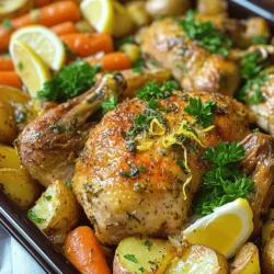 - 1 whole chicken (approximately 4-5 pounds) - 4 cloves garlic, minced - 2 lemons, zested and juiced - 1/4 cup extra virgin olive oil - 2 teaspoons dried thyme - 1 teaspoon dried rosemary - Salt and freshly ground pepper to taste - Fresh parsley for garnish - Assorted vegetables for roasting (such as carrots, potatoes, and onions) The main ingredients form the base of your dish. The whole chicken is the star. It offers rich flavor and juicy meat. The garlic adds a punch, while the lemons give a bright taste. Olive oil helps keep everything moist and adds depth. The seasonings and herbs elevate the chicken. Thyme and rosemary pair well with poultry. They add warmth and earthiness. Don’t forget salt and pepper; they enhance all flavors. Optional add-ons like fresh parsley brighten your plate. Roasting vegetables adds color and nutrition. Carrots, potatoes, and onions roast perfectly alongside the chicken. They soak up all those yummy juices. For a complete dish, use the full recipe to guide you. Happy cooking! - Prepare the oven and chicken Preheat your oven to 425°F (220°C). Pat the chicken dry with paper towels. This step is key for crispy skin. - Make the marinade In a bowl, mix minced garlic, lemon zest, lemon juice, olive oil, thyme, rosemary, salt, and pepper. Whisk until combined. - Marinate the chicken Place the chicken in a large bowl or roasting pan. Pour the marinade over it. Use your fingers to work the marinade under the skin and inside the cavity. For best flavor, let it marinate in the fridge for at least 1 hour, or overnight if you can. - Prepare the vegetables Wash and chop your chosen vegetables into bite-sized pieces. Arrange them at the bottom of the roasting pan. Drizzle with olive oil and season with salt and pepper. Toss to coat evenly. - Roast the chicken Place the marinated chicken on top of the vegetables in the pan. Tie the legs with kitchen twine and tuck the wing tips under the body. Roast for about 1 hour and 15 minutes, until the chicken reaches 165°F (75°C) and juices run clear. - Rest the chicken Remove the chicken from the oven and let it rest on a cutting board for 10-15 minutes. This helps the juices to redistribute. - Garnish and serve Carve the chicken into pieces and serve with the roasted vegetables. Chop fresh parsley and sprinkle it over the dish for color and flavor. Enjoy your Lemon Garlic Roasted Chicken! For the full recipe, check out the detailed instructions. Marinating adds depth to your dish. I recommend at least one hour. If you can, let it marinate overnight. This gives the flavors time to work into the meat. For crispy skin, dry the chicken well. Pat it with paper towels before marinating. High heat helps too. Roast at 425°F (220°C) for the best results. A meat thermometer is your best friend. It helps you know when the chicken is done. Aim for 165°F (75°C) in the thickest part of the meat. Basting adds moisture. Every 20 minutes, spoon some juices from the pan over the chicken. This keeps the meat juicy and adds flavor. Choose a large, beautiful platter. Place the chicken in the center. Arrange the roasted veggies around it for color and texture. Garnish with fresh parsley and lemon wedges. This adds a pop of color and a fresh scent. A well-presented dish makes a meal feel special. For the full recipe, check the detailed instructions above! {{image_4}} You can easily switch up the herbs and spices to fit your taste. Try using fresh herbs like parsley or basil instead of thyme and rosemary. For a twist, add some oregano or sage. You can also change the vegetables you roast. Instead of carrots and potatoes, consider using zucchini, bell peppers, or brussels sprouts. Each choice brings a new flavor to your meal. Want to add more zing? Consider using other citrus fruits. Lime or orange can give your dish a unique twist. You could also add some spicy elements. A pinch of red pepper flakes or a splash of hot sauce can elevate this dish. Just be careful not to overpower the lemon and garlic flavors. If you want a hands-off approach, try using a slow cooker. Just place the marinated chicken and veggies in the pot. Cook on low for 6-8 hours for juicy results. For a fun summer option, grilling is fantastic. It adds a smoky flavor and keeps the chicken juicy. Just marinate as usual, then grill until cooked through. Check out the Full Recipe for more details and enjoy experimenting with these variations! After cooking, let your chicken cool down. Place it in the fridge within two hours. Use airtight containers to keep the chicken fresh. These containers help maintain moisture and flavor. You can also wrap the chicken tightly in foil or plastic wrap. This prevents air from getting in and drying it out. If you have leftover chicken, freezing is a great option. Cut the chicken into pieces for easier storage. Place the pieces in freezer-safe bags. Remove as much air as possible before sealing. This helps prevent freezer burn. You can freeze the chicken for up to three months. When ready to eat, thaw it in the fridge overnight or use the microwave. To reheat frozen chicken, make sure it is fully warmed through. Heat it at 350°F (175°C) until the internal temperature reaches 165°F (75°C). This ensures it is safe to eat and juicy. Leftover roasted chicken lasts about three to four days in the fridge. Always check for signs of spoilage before eating. Look for a sour smell or a slimy texture. If you notice these signs, it is best to discard the chicken. Staying mindful of shelf life keeps your meals safe and tasty. How long to roast a chicken per pound? Roast your chicken for about 20 minutes per pound. For a 4-5 pound chicken, aim for 1 hour and 15 minutes. Always check the internal temperature. It should be 165°F (75°C) when done. This ensures juicy meat and safe eating. Can I use chicken parts instead of a whole chicken? Yes, you can. Chicken parts like thighs and breasts work well. Just adjust the cooking time. Smaller pieces cook faster, so check them early. You can still use the same lemon garlic marinade for great flavor. Is marinating necessary for flavor? Marinating adds deep flavor to your chicken. It helps the herbs and garlic sink into the meat. While it’s not required, I highly recommend it for the best taste. Even a short marination time can enhance the dish. How long can chicken be marinated? You can marinate chicken for 1 hour to overnight. If you're short on time, even 30 minutes works. For longer marinating, keep it in the fridge. This keeps the chicken safe and ensures it stays juicy. What's the best way to check for doneness? Use a meat thermometer to check for doneness. Insert it into the thickest part of the chicken. It should read 165°F (75°C). If you don’t have a thermometer, cut into the meat. The juices should run clear, not pink. Can I roast without vegetables? Yes, you can roast chicken without vegetables. However, they add great flavor and moisture. If you skip vegetables, consider adding broth to the pan. This keeps the chicken juicy as it roasts. We've explored the key ingredients, steps, and tips for a delicious Lemon Garlic Chicken. You learned how to prepare, marinate, and roast your chicken for the best flavor. I highlighted ways to enhance taste and presentation, plus methods for variations. Remember to store leftovers correctly for future meals. By following these steps, you'll impress everyone at your table. Enjoy your cooking, and share your successes with loved ones!