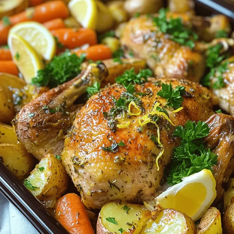 - 1 whole chicken (approximately 4-5 pounds) - 4 cloves garlic, minced - 2 lemons, zested and juiced - 1/4 cup extra virgin olive oil - 2 teaspoons dried thyme - 1 teaspoon dried rosemary - Salt and freshly ground pepper to taste - Fresh parsley for garnish - Assorted vegetables for roasting (such as carrots, potatoes, and onions) The main ingredients form the base of your dish. The whole chicken is the star. It offers rich flavor and juicy meat. The garlic adds a punch, while the lemons give a bright taste. Olive oil helps keep everything moist and adds depth. The seasonings and herbs elevate the chicken. Thyme and rosemary pair well with poultry. They add warmth and earthiness. Don’t forget salt and pepper; they enhance all flavors. Optional add-ons like fresh parsley brighten your plate. Roasting vegetables adds color and nutrition. Carrots, potatoes, and onions roast perfectly alongside the chicken. They soak up all those yummy juices. For a complete dish, use the full recipe to guide you. Happy cooking! - Prepare the oven and chicken Preheat your oven to 425°F (220°C). Pat the chicken dry with paper towels. This step is key for crispy skin. - Make the marinade In a bowl, mix minced garlic, lemon zest, lemon juice, olive oil, thyme, rosemary, salt, and pepper. Whisk until combined. - Marinate the chicken Place the chicken in a large bowl or roasting pan. Pour the marinade over it. Use your fingers to work the marinade under the skin and inside the cavity. For best flavor, let it marinate in the fridge for at least 1 hour, or overnight if you can. - Prepare the vegetables Wash and chop your chosen vegetables into bite-sized pieces. Arrange them at the bottom of the roasting pan. Drizzle with olive oil and season with salt and pepper. Toss to coat evenly. - Roast the chicken Place the marinated chicken on top of the vegetables in the pan. Tie the legs with kitchen twine and tuck the wing tips under the body. Roast for about 1 hour and 15 minutes, until the chicken reaches 165°F (75°C) and juices run clear. - Rest the chicken Remove the chicken from the oven and let it rest on a cutting board for 10-15 minutes. This helps the juices to redistribute. - Garnish and serve Carve the chicken into pieces and serve with the roasted vegetables. Chop fresh parsley and sprinkle it over the dish for color and flavor. Enjoy your Lemon Garlic Roasted Chicken! For the full recipe, check out the detailed instructions. Marinating adds depth to your dish. I recommend at least one hour. If you can, let it marinate overnight. This gives the flavors time to work into the meat. For crispy skin, dry the chicken well. Pat it with paper towels before marinating. High heat helps too. Roast at 425°F (220°C) for the best results. A meat thermometer is your best friend. It helps you know when the chicken is done. Aim for 165°F (75°C) in the thickest part of the meat. Basting adds moisture. Every 20 minutes, spoon some juices from the pan over the chicken. This keeps the meat juicy and adds flavor. Choose a large, beautiful platter. Place the chicken in the center. Arrange the roasted veggies around it for color and texture. Garnish with fresh parsley and lemon wedges. This adds a pop of color and a fresh scent. A well-presented dish makes a meal feel special. For the full recipe, check the detailed instructions above! {{image_4}} You can easily switch up the herbs and spices to fit your taste. Try using fresh herbs like parsley or basil instead of thyme and rosemary. For a twist, add some oregano or sage. You can also change the vegetables you roast. Instead of carrots and potatoes, consider using zucchini, bell peppers, or brussels sprouts. Each choice brings a new flavor to your meal. Want to add more zing? Consider using other citrus fruits. Lime or orange can give your dish a unique twist. You could also add some spicy elements. A pinch of red pepper flakes or a splash of hot sauce can elevate this dish. Just be careful not to overpower the lemon and garlic flavors. If you want a hands-off approach, try using a slow cooker. Just place the marinated chicken and veggies in the pot. Cook on low for 6-8 hours for juicy results. For a fun summer option, grilling is fantastic. It adds a smoky flavor and keeps the chicken juicy. Just marinate as usual, then grill until cooked through. Check out the Full Recipe for more details and enjoy experimenting with these variations! After cooking, let your chicken cool down. Place it in the fridge within two hours. Use airtight containers to keep the chicken fresh. These containers help maintain moisture and flavor. You can also wrap the chicken tightly in foil or plastic wrap. This prevents air from getting in and drying it out. If you have leftover chicken, freezing is a great option. Cut the chicken into pieces for easier storage. Place the pieces in freezer-safe bags. Remove as much air as possible before sealing. This helps prevent freezer burn. You can freeze the chicken for up to three months. When ready to eat, thaw it in the fridge overnight or use the microwave. To reheat frozen chicken, make sure it is fully warmed through. Heat it at 350°F (175°C) until the internal temperature reaches 165°F (75°C). This ensures it is safe to eat and juicy. Leftover roasted chicken lasts about three to four days in the fridge. Always check for signs of spoilage before eating. Look for a sour smell or a slimy texture. If you notice these signs, it is best to discard the chicken. Staying mindful of shelf life keeps your meals safe and tasty. How long to roast a chicken per pound? Roast your chicken for about 20 minutes per pound. For a 4-5 pound chicken, aim for 1 hour and 15 minutes. Always check the internal temperature. It should be 165°F (75°C) when done. This ensures juicy meat and safe eating. Can I use chicken parts instead of a whole chicken? Yes, you can. Chicken parts like thighs and breasts work well. Just adjust the cooking time. Smaller pieces cook faster, so check them early. You can still use the same lemon garlic marinade for great flavor. Is marinating necessary for flavor? Marinating adds deep flavor to your chicken. It helps the herbs and garlic sink into the meat. While it’s not required, I highly recommend it for the best taste. Even a short marination time can enhance the dish. How long can chicken be marinated? You can marinate chicken for 1 hour to overnight. If you're short on time, even 30 minutes works. For longer marinating, keep it in the fridge. This keeps the chicken safe and ensures it stays juicy. What's the best way to check for doneness? Use a meat thermometer to check for doneness. Insert it into the thickest part of the chicken. It should read 165°F (75°C). If you don’t have a thermometer, cut into the meat. The juices should run clear, not pink. Can I roast without vegetables? Yes, you can roast chicken without vegetables. However, they add great flavor and moisture. If you skip vegetables, consider adding broth to the pan. This keeps the chicken juicy as it roasts. We've explored the key ingredients, steps, and tips for a delicious Lemon Garlic Chicken. You learned how to prepare, marinate, and roast your chicken for the best flavor. I highlighted ways to enhance taste and presentation, plus methods for variations. Remember to store leftovers correctly for future meals. By following these steps, you'll impress everyone at your table. Enjoy your cooking, and share your successes with loved ones!