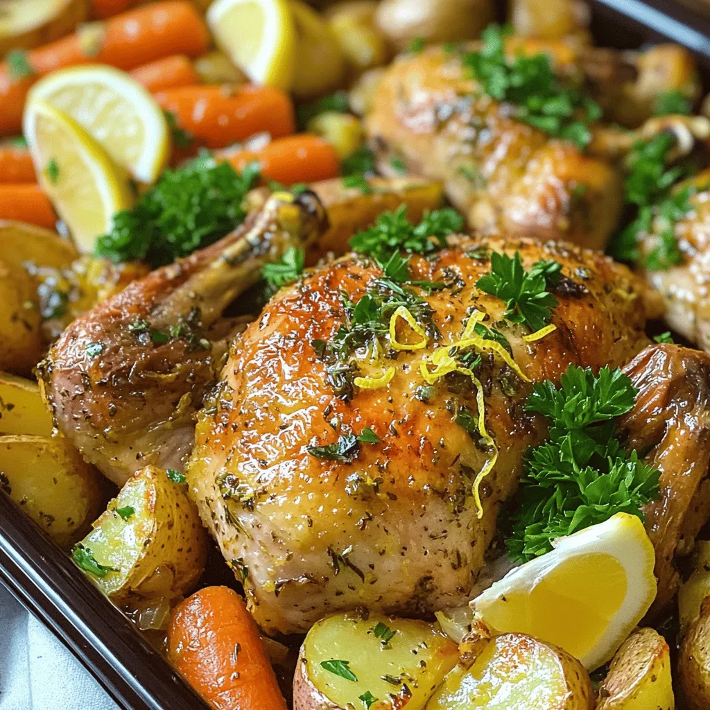 - 1 whole chicken (approximately 4-5 pounds) - 4 cloves garlic, minced - 2 lemons, zested and juiced - 1/4 cup extra virgin olive oil - 2 teaspoons dried thyme - 1 teaspoon dried rosemary - Salt and freshly ground pepper to taste - Fresh parsley for garnish - Assorted vegetables for roasting (such as carrots, potatoes, and onions) The main ingredients form the base of your dish. The whole chicken is the star. It offers rich flavor and juicy meat. The garlic adds a punch, while the lemons give a bright taste. Olive oil helps keep everything moist and adds depth. The seasonings and herbs elevate the chicken. Thyme and rosemary pair well with poultry. They add warmth and earthiness. Don’t forget salt and pepper; they enhance all flavors. Optional add-ons like fresh parsley brighten your plate. Roasting vegetables adds color and nutrition. Carrots, potatoes, and onions roast perfectly alongside the chicken. They soak up all those yummy juices. For a complete dish, use the full recipe to guide you. Happy cooking! - Prepare the oven and chicken Preheat your oven to 425°F (220°C). Pat the chicken dry with paper towels. This step is key for crispy skin. - Make the marinade In a bowl, mix minced garlic, lemon zest, lemon juice, olive oil, thyme, rosemary, salt, and pepper. Whisk until combined. - Marinate the chicken Place the chicken in a large bowl or roasting pan. Pour the marinade over it. Use your fingers to work the marinade under the skin and inside the cavity. For best flavor, let it marinate in the fridge for at least 1 hour, or overnight if you can. - Prepare the vegetables Wash and chop your chosen vegetables into bite-sized pieces. Arrange them at the bottom of the roasting pan. Drizzle with olive oil and season with salt and pepper. Toss to coat evenly. - Roast the chicken Place the marinated chicken on top of the vegetables in the pan. Tie the legs with kitchen twine and tuck the wing tips under the body. Roast for about 1 hour and 15 minutes, until the chicken reaches 165°F (75°C) and juices run clear. - Rest the chicken Remove the chicken from the oven and let it rest on a cutting board for 10-15 minutes. This helps the juices to redistribute. - Garnish and serve Carve the chicken into pieces and serve with the roasted vegetables. Chop fresh parsley and sprinkle it over the dish for color and flavor. Enjoy your Lemon Garlic Roasted Chicken! For the full recipe, check out the detailed instructions. Marinating adds depth to your dish. I recommend at least one hour. If you can, let it marinate overnight. This gives the flavors time to work into the meat. For crispy skin, dry the chicken well. Pat it with paper towels before marinating. High heat helps too. Roast at 425°F (220°C) for the best results. A meat thermometer is your best friend. It helps you know when the chicken is done. Aim for 165°F (75°C) in the thickest part of the meat. Basting adds moisture. Every 20 minutes, spoon some juices from the pan over the chicken. This keeps the meat juicy and adds flavor. Choose a large, beautiful platter. Place the chicken in the center. Arrange the roasted veggies around it for color and texture. Garnish with fresh parsley and lemon wedges. This adds a pop of color and a fresh scent. A well-presented dish makes a meal feel special. For the full recipe, check the detailed instructions above! {{image_4}} You can easily switch up the herbs and spices to fit your taste. Try using fresh herbs like parsley or basil instead of thyme and rosemary. For a twist, add some oregano or sage. You can also change the vegetables you roast. Instead of carrots and potatoes, consider using zucchini, bell peppers, or brussels sprouts. Each choice brings a new flavor to your meal. Want to add more zing? Consider using other citrus fruits. Lime or orange can give your dish a unique twist. You could also add some spicy elements. A pinch of red pepper flakes or a splash of hot sauce can elevate this dish. Just be careful not to overpower the lemon and garlic flavors. If you want a hands-off approach, try using a slow cooker. Just place the marinated chicken and veggies in the pot. Cook on low for 6-8 hours for juicy results. For a fun summer option, grilling is fantastic. It adds a smoky flavor and keeps the chicken juicy. Just marinate as usual, then grill until cooked through. Check out the Full Recipe for more details and enjoy experimenting with these variations! After cooking, let your chicken cool down. Place it in the fridge within two hours. Use airtight containers to keep the chicken fresh. These containers help maintain moisture and flavor. You can also wrap the chicken tightly in foil or plastic wrap. This prevents air from getting in and drying it out. If you have leftover chicken, freezing is a great option. Cut the chicken into pieces for easier storage. Place the pieces in freezer-safe bags. Remove as much air as possible before sealing. This helps prevent freezer burn. You can freeze the chicken for up to three months. When ready to eat, thaw it in the fridge overnight or use the microwave. To reheat frozen chicken, make sure it is fully warmed through. Heat it at 350°F (175°C) until the internal temperature reaches 165°F (75°C). This ensures it is safe to eat and juicy. Leftover roasted chicken lasts about three to four days in the fridge. Always check for signs of spoilage before eating. Look for a sour smell or a slimy texture. If you notice these signs, it is best to discard the chicken. Staying mindful of shelf life keeps your meals safe and tasty. How long to roast a chicken per pound? Roast your chicken for about 20 minutes per pound. For a 4-5 pound chicken, aim for 1 hour and 15 minutes. Always check the internal temperature. It should be 165°F (75°C) when done. This ensures juicy meat and safe eating. Can I use chicken parts instead of a whole chicken? Yes, you can. Chicken parts like thighs and breasts work well. Just adjust the cooking time. Smaller pieces cook faster, so check them early. You can still use the same lemon garlic marinade for great flavor. Is marinating necessary for flavor? Marinating adds deep flavor to your chicken. It helps the herbs and garlic sink into the meat. While it’s not required, I highly recommend it for the best taste. Even a short marination time can enhance the dish. How long can chicken be marinated? You can marinate chicken for 1 hour to overnight. If you're short on time, even 30 minutes works. For longer marinating, keep it in the fridge. This keeps the chicken safe and ensures it stays juicy. What's the best way to check for doneness? Use a meat thermometer to check for doneness. Insert it into the thickest part of the chicken. It should read 165°F (75°C). If you don’t have a thermometer, cut into the meat. The juices should run clear, not pink. Can I roast without vegetables? Yes, you can roast chicken without vegetables. However, they add great flavor and moisture. If you skip vegetables, consider adding broth to the pan. This keeps the chicken juicy as it roasts. We've explored the key ingredients, steps, and tips for a delicious Lemon Garlic Chicken. You learned how to prepare, marinate, and roast your chicken for the best flavor. I highlighted ways to enhance taste and presentation, plus methods for variations. Remember to store leftovers correctly for future meals. By following these steps, you'll impress everyone at your table. Enjoy your cooking, and share your successes with loved ones!