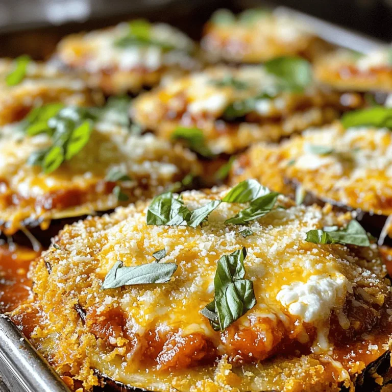For this dish, you need simple, fresh items. Here’s what you’ll need: - 2 large eggplants, sliced into 1/4-inch rounds - 1 teaspoon salt - 2 cups marinara sauce - 2 cups ricotta cheese - 2 cups shredded mozzarella cheese - 1 cup grated Parmesan cheese - 2 tablespoons fresh basil, chopped (plus extra for garnish) - 1 teaspoon dried oregano - 1/2 teaspoon black pepper - 1 cup all-purpose flour - 3 large eggs, beaten - 1 cup breadcrumbs (preferably Italian seasoned) - Olive oil for frying These ingredients come together to create layers of flavor. To enhance the taste, I like to add some extra seasonings. Fresh basil brings a bright flavor. Dried oregano adds depth. A touch of black pepper gives a nice kick. You can also sprinkle in garlic powder or red pepper flakes for added spice. You’ll need some basic kitchen tools to make this recipe easy. Here’s what you should gather: - A large skillet for frying - A colander for draining the eggplant - Three shallow dishes for the breading station - A 9x13-inch baking dish for assembly - Aluminum foil to cover while baking - Paper towels for draining excess oil With these tools, you’ll be well on your way to making a delightful Eggplant Parmesan. Be sure to check out the Full Recipe for more details! Start with two large eggplants. Slice them into 1/4-inch rounds. Place the slices in a colander. Sprinkle them with one teaspoon of salt. This step helps remove bitterness and moisture. Let the eggplant rest for about 30 minutes. Rinse the slices under cold water. Pat them dry using paper towels. This ensures your eggplant will fry nicely without excess moisture. Next, set up a breading station. Use three shallow dishes for this task. Fill one with one cup of all-purpose flour. In the second dish, add three large beaten eggs. In the last dish, pour in one cup of breadcrumbs. Preferably, use Italian seasoned breadcrumbs for extra flavor. Take each eggplant slice. First, coat it lightly in the flour. Then, dip it in the beaten eggs. Finally, coat it completely with breadcrumbs. Make sure each slice is well covered for a crispy finish. Heat a good amount of olive oil in a large skillet. Set the heat to medium. Fry the breaded eggplant slices in batches. Cook them for about 3-4 minutes on each side. You want them to turn a beautiful golden-brown color. Once cooked, transfer the slices to a plate lined with paper towels. This helps soak up any excess oil. Now, you have perfectly fried eggplant ready for your Classic Eggplant Parmesan. Check out the Full Recipe for more steps! To make the dish shine, start with a thin layer of marinara sauce. This sauce adds flavor and keeps the eggplant moist. Next, place half of your fried eggplant slices on top. Make sure they overlap slightly for even coverage. Then, dollop half of the ricotta cheese over the eggplant. Use a spoon to spread it around gently. Now, sprinkle half of the shredded mozzarella and half of the grated Parmesan on top. For extra flavor, add chopped basil and oregano. Repeat these layers with the remaining ingredients. Finish with another layer of marinara and a generous topping of mozzarella and Parmesan. The flavors will meld beautifully as it bakes. Preheat your oven to 375°F (190°C). Once your dish is assembled, cover it with aluminum foil. This will help steam the eggplant and melt the cheese. Bake for 25 minutes. After that, remove the foil and let it bake uncovered for another 15 minutes. This step is key for achieving that golden, bubbly cheese on top. Keep an eye on it to ensure it doesn’t overcook. When it’s done, you’ll see that lovely golden brown color, and the aroma will fill your kitchen. Once out of the oven, let your eggplant Parmesan cool for about 10 minutes. This cooling period helps the layers set, making it easier to serve. For a beautiful presentation, slice it carefully. Garnish each serving with fresh basil. This simple touch adds color and freshness. You can serve it with a side salad or some crusty bread. Your guests will love this delicious homemade dish. For the full recipe, check out the details above. {{image_4}} To make the eggplant crisp, you need to draw out moisture. Salting the sliced eggplant helps with this. After sprinkling salt, let it sit for 30 minutes. Rinse and pat dry. This step makes a big difference. When you fry, use enough olive oil to cover the bottom of the pan. Fry in batches to avoid steaming. This keeps each slice crispy. You can change the recipe to suit your taste. Try using zucchini or mushrooms instead of eggplant. For a creamier texture, mix some mascarpone with the ricotta. Swap marinara for pesto for a fresh flavor. You can also use different cheeses like gouda or fontina. These changes can make your dish stand out. Avoid cutting the eggplant too thick. Thin slices fry better. Don’t skip the salting step; it’s key for flavor. Make sure the oil is hot before frying. If it’s not, the eggplant will soak up oil and become greasy. Lastly, don’t overcrowd the pan. This leads to uneven cooking. Following these tips will help you create a flawless eggplant parmesan. For the full recipe, check the details above. To make a vegan version, replace dairy ingredients. Use cashew cheese or tofu instead of ricotta. For mozzarella, try a store-bought vegan cheese. You can also create a creamy sauce with blended cashews and nutritional yeast. The seasonings stay the same, ensuring the flavor shines through. Your friends won't know it’s vegan! To make this dish gluten-free, swap regular flour and breadcrumbs for gluten-free alternatives. Use almond flour or rice flour for breading. For breadcrumbs, crushed gluten-free crackers work well. This simple swap keeps the crunch and taste without any gluten. Everyone can enjoy this classic dish! Want more veggies? Layer in thin slices of zucchini or mushrooms. Spinach also makes a great addition. Just sauté them lightly before adding to the dish. This boosts nutrition and flavor. Plus, it adds a pop of color to your meal. It’s a fun way to be creative and healthy! To keep your eggplant parmesan fresh, let it cool first. Then, cover the dish with plastic wrap or transfer it to an airtight container. You can store it in the fridge for up to five days. If you want to keep it longer, freeze individual portions. Just wrap them tightly in foil or freezer bags. You can freeze it for up to three months without losing flavor. To reheat, the oven works best. Preheat it to 350°F (175°C). Place the eggplant parmesan in an oven-safe dish and cover it with foil. Heat for about 20-25 minutes or until it is warm throughout. If you prefer a crispier top, remove the foil for the last 5 minutes. You can also use the microwave, but it may not keep the crispiness. Can I use other cheeses? Yes! While mozzarella and Parmesan are classic, you can try provolone or fontina for a different taste. Is it necessary to salt the eggplant? Yes, salting removes moisture and bitterness from the eggplant. This step helps enhance the dish's flavor. Can I make it ahead of time? Absolutely! You can assemble the dish a day in advance. Just cover it and store it in the fridge. Bake it the next day as instructed. What can I pair with eggplant parmesan? It pairs well with a simple green salad or garlic bread. These sides balance the dish nicely. For the complete recipe, check out the Full Recipe section. Classic Eggplant Parmesan is a delicious dish that combines key ingredients and herbs. You learned how to prepare, bread, and fry the eggplant. Then, you layered the ingredients for baking. Remember the tips for crispiness and avoid common mistakes. You also explored vegan and gluten-free options. Keep experimenting with variations. This dish can suit many tastes and diets. Enjoy your cooking and share the joy of this classic meal!