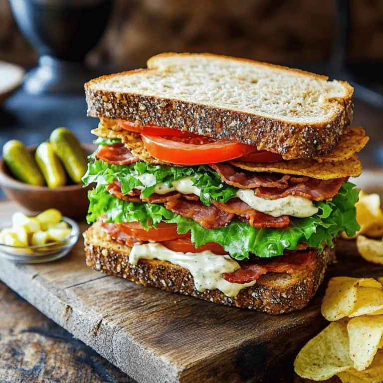 - 8 slices of artisanal whole grain or crusty sourdough bread - 8 crisp leaves of romaine or iceberg lettuce - 8 thick slices of ripe vine tomatoes - 8 slices of smoky turkey bacon (or classic bacon for traditionalists) - 2 tablespoons creamy mayonnaise - 1 teaspoon zesty Dijon mustard - Fresh sea salt and cracked black pepper to taste - Optional: 1 avocado, sliced, or a handful of microgreens for added freshness The ingredients for a Classic BLT Sandwich are simple yet powerful. The bread forms the base. Choose artisanal whole grain for health or crusty sourdough for crunch. The lettuce adds freshness. Romaine or iceberg works well to keep it crisp. Tomatoes are key. Use ripe vine tomatoes for juiciness and flavor. The bacon brings that iconic taste. I often use turkey bacon for a lighter option, but classic bacon is always a hit. The creamy mayonnaise and zesty Dijon mustard blend perfectly. They add a rich and tangy flavor. Don’t forget the sea salt and cracked black pepper. They enhance the taste of the tomatoes. For a twist, add sliced avocado or microgreens. These optional ingredients boost freshness and nutrition. Using the Full Recipe ensures you have the right balance of flavors. Each ingredient plays a vital role in making your sandwich unforgettable. How do you cook bacon to make it crispy? Use a large skillet over medium heat. Add your turkey bacon in a single layer. Cook it for about 5 to 7 minutes on each side. You want it crispy, not burnt! If you prefer, you can also bake the bacon in the oven. Place it on a baking sheet and bake at 400°F for about 15 to 20 minutes. This method lets the grease drip away while cooking. How do you toast the bread to get that golden-brown color? Use the same skillet after cooking the bacon. Toast each slice for 2 to 3 minutes per side. You can also use a toaster if you want it done faster. For sourdough or whole grain bread, pay attention. They take a bit longer to toast. What’s the best way to mix the sauce? In a small bowl, combine 2 tablespoons of creamy mayonnaise with 1 teaspoon of Dijon mustard. Mix them well until you get a smooth blend. This ratio gives a great balance of creaminess and zest. What’s the best way to layer your sandwich? Start with a slice of toasted bread. Spread a generous amount of the mayo-mustard sauce on it. Next, add 2 leaves of crisp lettuce and 2 thick slices of ripe tomato. Sprinkle some sea salt and cracked black pepper on the tomato. Then, add 2 slices of crispy bacon. If you like, you can top it with sliced avocado or microgreens for some extra flavor. Finish with another slice of toasted bread. How do you cut and present the sandwiches? Use a sharp knife to slice each sandwich in half diagonally. This creates nice triangles that are easy to hold. For a great presentation, serve the sandwiches on a wooden board. Add a bowl of pickles and some crunchy chips for a fun touch. For the full recipe, check out the details above. You can make your BLT fit many diets. Here are some easy swaps: - Bread: Use gluten-free bread for a gluten-free option. - Bacon: Try turkey bacon or tempeh bacon for a lower fat choice. - Mayonnaise: Use avocado or hummus for a creamy texture without dairy. - Lettuce: Spinach or arugula can add a new taste. - Tomatoes: Cherry tomatoes can give a sweet twist. These swaps keep your BLT tasty while meeting your needs. Crispiness is key in a great BLT. Here are my favorite tips: - Bacon: Cook it in a hot skillet until it's very crispy. Let it drain on paper towels to remove extra grease. - Lettuce: Use fresh, cold lettuce. This keeps it crunchy. - Bread: Toast the bread until golden brown. This adds texture. - Assembly: Layer the ingredients gently. This helps keep everything intact. Follow these tips to enjoy that perfect crunch in every bite. Pairing sides with your BLT can elevate your meal. Here are some ideas: - Potato Chips: Crispy chips add a nice crunch. - Pickles: Tangy pickles bring a great contrast to the sandwich. - Salad: A fresh side salad can lighten the meal. - Fruit: Serve fresh fruit for a sweet touch. These sides make your meal more fun and tasty. For the full recipe, check out the Classic BLT Sandwich with a Twist! {{image_4}} The classic BLT is simple and tasty. You use bacon, lettuce, and tomato. The bread is often white or whole grain. Gourmet BLTs add fun twists. They use special breads like ciabatta or focaccia. Some chefs swap regular bacon for smoked or flavored varieties. They might even use crispy prosciutto or pancetta. Gourmet BLTs often have unique spreads too. Instead of plain mayo, try garlic aioli or spicy sriracha mayo. You can also add fresh herbs or even pesto for a fresh taste. The result is a delicious mix of flavors that excite your taste buds. Different areas have their own takes on the BLT. In the South, you might find fried green tomatoes instead of fresh ones. This adds a crunchy texture and a unique flavor. Some places add fried eggs for a hearty breakfast option. On the West Coast, it’s common to see avocado slices added. This makes the sandwich creamier. In New England, you might find a lobster BLT, mixing seafood with the classic flavors. Each region brings its own local ingredients to create exciting versions of this beloved sandwich. You can easily make a BLT without meat. For a vegetarian option, use crispy fried eggplant or tempeh bacon. These substitutes give a nice crunch and flavor. For a vegan version, try coconut bacon or marinated tofu strips. You also need to swap out the mayo. Use a vegan mayo or mash up an avocado instead. This gives a rich and creamy texture without any animal products. These meat-free versions keep the spirit of the classic while being friendly for all diets. To keep your BLT fresh, store each ingredient separately. Wrap the bread in plastic. This keeps it soft and prevents it from getting stale. Place the bacon in an airtight container in the fridge. It stays crispy and tasty. Store veggies like lettuce and tomatoes in a sealed bag or container. They remain fresh and crunchy this way. If you have avocado, use lemon juice on it before storing. This helps prevent browning. You can prep each part of the sandwich ahead of time. Cook the bacon and let it cool. Store it in the fridge until you are ready to use it. Wash and slice your tomatoes and lettuce, then place them in separate containers. This keeps them fresh. Spread the mayonnaise mixture on the bread just before serving. This keeps the bread from getting soggy. For the best taste, eat your assembled BLT within 24 hours. If you have leftover parts, use them within three days. Bacon can last up to a week in the fridge. Just remember to keep ingredients separate until you are ready to eat. This will ensure every bite is as fresh and delicious as the first. For full details, check the Full Recipe. For a Classic BLT, choose bread that brings crunch and flavor. I recommend: - Artisanal whole grain for its nutty taste. - Crusty sourdough for a chewy bite. - White bread for a classic, soft texture. These breads hold up well against juicy tomatoes and crispy bacon. You can prepare a BLT in advance, but some parts should stay fresh. Here are my tips: - Cook the bacon ahead and store it in the fridge. - Toast the bread just before serving for that perfect crunch. - Keep tomatoes and lettuce separate until you assemble. This way, your sandwich stays fresh and tasty! If you want healthier options, try these substitutes: - Turkey bacon for a leaner choice. - Crispy tempeh for a plant-based option. - Roasted mushrooms for a savory flavor. These alternatives still give you that satisfying crunch. To boost flavor, think about adding these ingredients: - A slice of ripe avocado for creaminess. - A sprinkle of fresh herbs like basil or cilantro. - Hot sauce or a zesty aioli for a kick. These extras make your BLT even more delicious. For the full recipe, check out the Classic BLT Sandwich with a Twist! In this guide, we explored the art of making the perfect BLT. We covered the ideal ingredients, from the best bacon to the freshest veggies. You learned how to cook, toast, and assemble for maximum flavor. Tips on substitutions and variations let you customize to your liking. Storing leftovers and meal prep advice ensures you enjoy every bite. With this knowledge, you can craft your perfect sandwich. Enjoy your creations and share them with others!