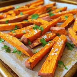 - 2 large sweet potatoes - 2 tablespoons extra virgin olive oil - 1 teaspoon garlic powder - 1 teaspoon smoked paprika - ½ teaspoon cayenne pepper (optional) - 1 teaspoon sea salt - ½ teaspoon freshly ground black pepper - Fresh parsley for garnish (optional) A serving of baked sweet potato fries contains about 150 calories. They provide good amounts of vitamin A, vitamin C, and fiber. Sweet potatoes are low in fat and high in complex carbs. They help keep you full and satisfied. Sweet potatoes offer many health benefits. They are rich in antioxidants. These help protect your body from damage. They also support your eyesight and boost your immune system. Eating sweet potatoes may even help with digestion. They are a great choice for a healthy snack. For the full recipe, check out the detailed instructions above! Start by preheating your oven to 425°F (220°C). This high temperature is key for achieving crispy fries. A hot oven helps the sweet potatoes cook evenly and develop a nice crunch. If you skip this step, the fries may turn out soft and soggy instead of crispy. First, rinse the sweet potatoes under cool water. This removes dirt and debris. After rinsing, use a vegetable peeler to take off the skin. For cutting, slice each sweet potato into thin fries. Aim for a thickness of about 1/4 inch. Uniform sizes help them cook evenly, so they all get crispy. Once cut, place the fries in a large mixing bowl. Drizzle the extra virgin olive oil over the fries. Toss them gently with your hands or a spatula. Make sure every fry is coated. Next, sprinkle on the garlic powder, smoked paprika, cayenne pepper, sea salt, and black pepper. Toss again to spread the seasonings evenly. You can also mix in other spices for different flavors. Spread the seasoned fries in a single layer on the lined baking sheet. Leave space between each fry. Crowding them will cause steaming and reduce crispiness. Bake the fries in the preheated oven for 20-25 minutes. Halfway through, flip the fries with a spatula. This ensures they brown evenly. When done, they should be golden and fragrant. For the full recipe, check out the details provided above! To get your sweet potato fries crispy, use high heat. I recommend baking at 425°F (220°C). This helps the fries cook quickly and become golden. Parchment paper works best for baking. It prevents sticking and allows for easy cleanup. Foil can trap steam, making fries soggy. Avoid overcrowding your baking sheet. If fries touch, they will steam instead of bake. This leads to soft fries, not crispy ones. Also, don’t skip preheating your oven. A hot oven is key for crispiness. If you put fries in a cold oven, they will not cook right. Get creative with herbs and spices. Try adding rosemary or thyme for a fresh taste. You can also use chili powder for heat. For dips, pair fries with garlic aioli or tangy ketchup. These add a nice kick and enhance the flavor of your fries. Enjoy these ideas while making your baked sweet potato fries using the Full Recipe. {{image_4}} You can change the flavor of your sweet potato fries easily. Try these herbs and spices for new tastes: - Cumin: Adds a warm, earthy flavor. - Italian seasoning: Gives a blend of herbs like basil and oregano. - Cinnamon: Adds a sweet twist and works well with sweet potatoes. - Lemon zest: Brightens the flavor with a citrus touch. Mix and match different seasonings. This can help you find your favorite flavor profile! Want to get creative? You can add other veggies to your fries. Here are some ideas: - Carrots: Cut them like fries for a nice crunch. - Zucchini: Thinly slice and bake for a fresh taste. - Beets: They offer a sweet, earthy flavor and vibrant color. You can also use different potatoes. Try these options: - Yukon Gold: Creamy and buttery texture. - Russet: Classic choice for fries, crispy on the outside. - Parsnips: A sweet, nutty flavor that pairs well. Experiment with these ideas to create your own special fries! Pairing your sweet potato fries with the right dishes makes them even better. Here are some great options: - Burgers: They make a hearty side to any burger. - Sandwiches: Perfect alongside a crispy chicken or veggie sandwich. - Salads: Serve them with a fresh green salad for a balanced meal. For presentation, consider these tips: - Use a colorful plate to make the fries pop. - Add a sprinkle of fresh herbs for a touch of green. - Serve with dips like ranch or garlic aioli for extra flavor. These tips will make your sweet potato fries a hit at any meal! To keep your baked sweet potato fries fresh, store them in an airtight container. Place a paper towel inside to absorb moisture. This helps maintain their crispiness. You can refrigerate them for up to 3 days. If you want to keep them longer, consider freezing. Spread the fries in a single layer on a baking sheet. Freeze them for a few hours before transferring to a freezer bag. When it's time to eat your leftovers, you want them crispy again. Preheat your oven to 400°F (200°C). Place the fries on a baking sheet. Bake for about 10 minutes, flipping halfway through. This method helps bring back their crunch. You can also use an air fryer for a quick reheat. Just cook for 5-7 minutes at 375°F (190°C). Baked sweet potato fries last about 3 days in the fridge. If you freeze them, they can last up to 3 months. For the best taste, try to eat them within a month. Always check for any signs of freezer burn before cooking. Proper storage lets you enjoy your crispy baked sweet potato fries whenever you want! For the full recipe, check the earlier sections. To make baked sweet potato fries crispy, follow these tips: - Cut uniform fries: Cut your fries about 1/4 inch thick. This helps them cook evenly. - Use enough oil: Coat the fries well with olive oil. Too little oil can lead to sogginess. - Avoid overcrowding: Spread the fries out in a single layer on the baking sheet. This allows hot air to circulate. - Preheat the oven: Make sure your oven is hot at 425°F (220°C). This helps the fries crisp up quickly. - Flip halfway: Turn the fries halfway through cooking for even crispiness. These small changes make a big difference in texture! Yes, you can prepare sweet potato fries in advance! Here’s how: - Cut and soak: You can cut the fries and soak them in cold water for 30 minutes. This helps remove some starch, leading to crispier fries. - Store in the fridge: Keep soaked fries in the fridge for a few hours or overnight if needed. Just make sure to dry them before cooking. - Freezing option: You can freeze uncooked fries. Lay them out on a baking sheet first. Once frozen, transfer them to a bag for longer storage. Preparing in advance saves time on busy days! Sweet potato fries taste great with many dipping sauces! Here are some popular choices: - Ketchup: A classic pairing that never gets old. - Honey mustard: A sweet and tangy option that complements the fries well. - Sriracha mayo: For those who like a spicy kick, mix sriracha with mayo. - Ranch dressing: Creamy ranch adds a nice flavor contrast. - Guacamole: A fun twist with a creamy texture. Experiment with these dips to find your favorite! Cooking sweet potato fries in an air fryer is quick and easy! Here’s what to do: - Set the temperature: Preheat your air fryer to 400°F (200°C). - Cook time: Air fry the fries for about 15 to 20 minutes. Shake the basket halfway through to ensure even cooking. - Check for doneness: Look for a crispy texture and a golden color. Using an air fryer can give you even crispier results compared to baking! For the full recipe, check out the details above. Baked sweet potato fries are tasty and simple to make. You learned about the ingredients, preparation steps, and how to achieve perfect crispiness. I shared tips on storing leftovers and reheating them to keep their flavor. You can also try different spices for new tastes. Enjoy making these fries as a healthy snack or side dish. With practice, you'll master this recipe and impress your friends and family!
