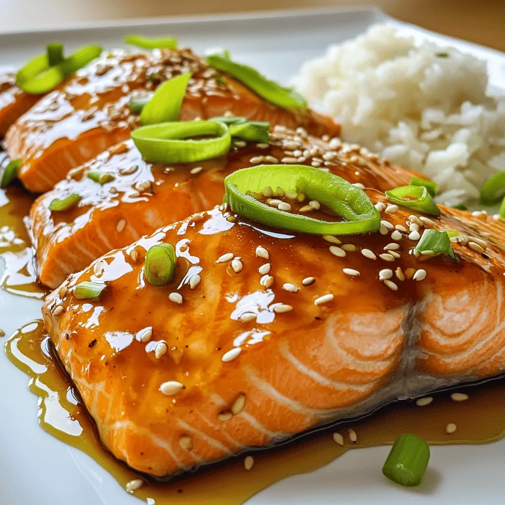To make this Easy Teriyaki Salmon, gather these simple ingredients: - 4 salmon fillets (6 oz each) - 1/2 cup low-sodium soy sauce - 1/4 cup honey - 2 tablespoons rice vinegar - 2 tablespoons sesame oil - 2 garlic cloves, finely minced - 1 teaspoon fresh ginger, finely grated - 1 tablespoon cornstarch (optional, for a thicker glaze) - 2 green onions, thinly sliced (for garnish) - Sesame seeds (for garnish) Don’t have all the ingredients? You can swap a few: - Use maple syrup instead of honey for a vegan option. - Replace rice vinegar with apple cider vinegar if that's what you have. - For a gluten-free option, try tamari instead of soy sauce. - You can use garlic powder instead of fresh garlic if needed. When picking salmon, look for these signs: - The color should be bright pink or orange, not dull. - The flesh should be firm and spring back when pressed. - Smell it; fresh salmon has a mild scent, not a strong fishy odor. - Check for clear, bright eyes if buying whole fish, as this shows freshness. With these ingredients and tips, you can create a delightful dish that brings joy to your table. For the complete recipe, check out the Full Recipe section. To start, gather your ingredients. You need low-sodium soy sauce, honey, rice vinegar, sesame oil, garlic, and ginger. In a medium mixing bowl, combine these ingredients. Whisk them well to make a smooth sauce. If you want a thicker glaze, mix cornstarch with water and add it to the sauce. This step is optional but makes the sauce richer. Next, take your salmon fillets and place them in a shallow dish. Pour half of the teriyaki sauce over the fillets. Make sure each piece is well-coated. Let the salmon marinate for at least 15 minutes. For better flavor, chill it in the fridge for up to 1 hour. This waiting time helps the salmon soak up the flavors. You have two options for cooking: baking or grilling. If you choose baking, preheat your oven to 375°F (190°C). For grilling, heat your grill to medium-high. After the salmon has marinated, remove it from the dish, saving the leftover sauce. - Baking: Place the salmon on a lined baking sheet. Bake for 15-20 minutes. Check the salmon often. It is done when it flakes easily with a fork and reaches 145°F (63°C). - Grilling: For grilling, put the salmon on a grill pan. Cook each side for about 6-8 minutes. Again, check for the same doneness. While the salmon cooks, heat the reserved marinade in a small saucepan. Bring it to a boil, then lower the heat and let it simmer for 5 minutes. This thickens the sauce and boosts the flavor. Once your salmon is ready, drizzle the thickened sauce over it. Enjoy your meal! For the complete recipe, check out the Full Recipe. To get a great glaze on your salmon, you need to focus on the sauce. Mix the soy sauce, honey, rice vinegar, sesame oil, garlic, and ginger well. Whisk until smooth. If you want it thicker, add cornstarch mixed with water. This will enhance the shine and flavor. Apply the glaze generously before cooking. You can also brush on more glaze while it cooks for even more flavor. One common mistake is cooking salmon too long. Salmon should flake easily when done. Overcooking makes it dry and tough. Another mistake is not letting it marinate long enough. A short marinate time means less flavor. Aim for at least 15 minutes. Lastly, don’t skip the reserved marinade. Boiling it adds a rich sauce to drizzle on top. For this recipe, you’ll need a few basic tools: - Mixing bowls for the marinade - A whisk for blending - A shallow dish for marinating - A baking sheet or grill pan for cooking - A small saucepan for simmering the sauce Using the right tools makes the process easier and more fun. You can find all these items in most kitchens. With these tips, you'll master easy teriyaki salmon in no time! For the complete recipe, check out the Full Recipe. {{image_4}} You can easily add vegetables to your teriyaki salmon. Broccoli, snap peas, and bell peppers work well. Just chop them into bite-sized pieces. You can roast or stir-fry them alongside the salmon. This makes the meal colorful and healthy. It also gives you a nice contrast of textures. If you want to change things up, try different sauces. You can use hoisin sauce for a sweeter flavor. Or, add some sriracha for a spicy kick. Marinades like miso or citrus-based ones also taste great with salmon. Each sauce brings a new twist to the dish. Pair your teriyaki salmon with simple sides. Steamed rice is a classic choice. You can also serve it with quinoa or cauliflower rice for a low-carb option. A fresh salad can add crunch and freshness. Consider a light cucumber salad or a tangy slaw. These combinations make your meal even more satisfying. For more ideas, check out the full recipe. Store leftover salmon in an airtight container. Place it in the fridge within two hours of cooking. This keeps it fresh for up to three days. Always let the fish cool before sealing it up. If you want to enjoy it later, freezing is a great option. When reheating salmon, do it gently. Preheat your oven to 275°F (135°C). Place the salmon on a baking sheet and cover it loosely with foil. Heat for about 15 minutes or until warm. This way, it stays moist and tasty. You can also use a microwave, but be careful not to overcook it. Heat in short bursts at low power. To freeze teriyaki salmon, wrap each piece tightly in plastic wrap. Then place them in a freezer bag or container. This helps prevent freezer burn. You can freeze it for up to three months. When you’re ready to eat, thaw it in the fridge overnight before reheating. Enjoy the same great taste as when it was fresh! You should marinate the salmon for at least 15 minutes. If you have more time, let it sit for up to 1 hour. This allows the flavors to soak in well. Yes, you can use other fish like tilapia or trout. These fish also absorb the teriyaki sauce well. Just make sure to adjust cooking times, as they may differ. The best way to check is by using a fork. Gently flake the salmon. If it flakes easily and is opaque, it’s done. The internal temperature should reach 145°F (63°C). Teriyaki sauce can be part of a healthy diet. It contains sugar and sodium, but using low-sodium soy sauce helps. Always check for balance in your meals, and enjoy it in moderation. This blog post covered important steps to make teriyaki salmon. You learned about ingredients, marinating, and cooking. I shared tips to avoid common mistakes and achieve the perfect glaze. You also saw ways to add veggies and alternative sauces. Finally, you received storage tips for leftovers and reheating. With these insights, you can create a tasty teriyaki salmon dish. Enjoy making and sharing this meal!
