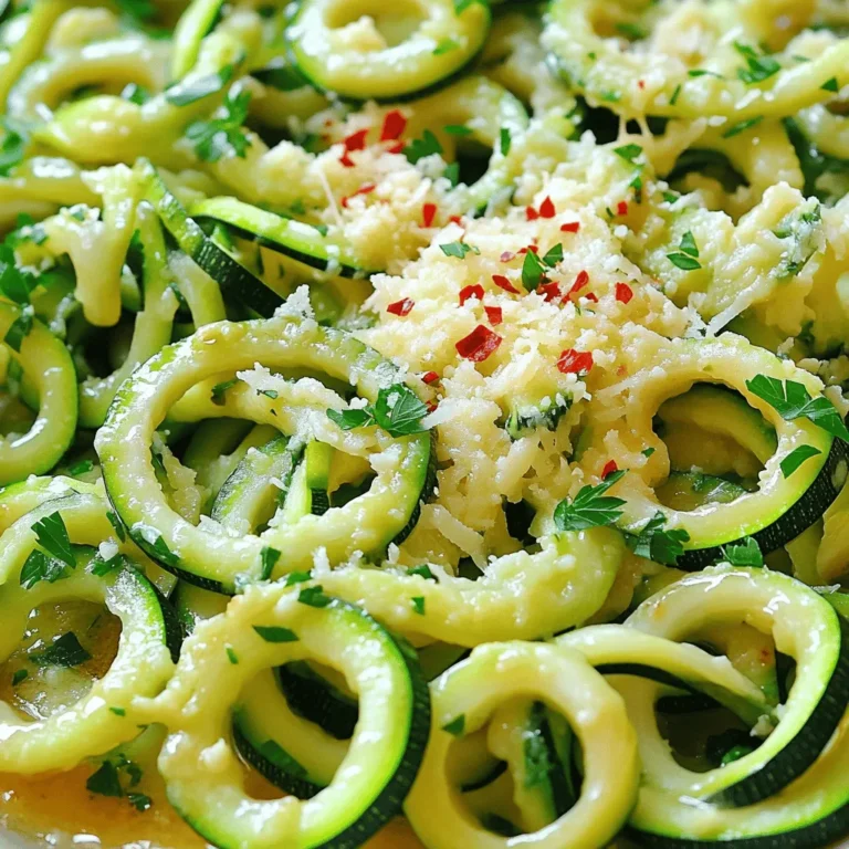 - 4 medium zucchini, spiralized into noodles - 3 tablespoons extra virgin olive oil - 4 cloves garlic, finely minced - 1/2 teaspoon red pepper flakes (optional for a kick) - 1/2 cup freshly grated Parmesan cheese - Salt and freshly ground black pepper, to taste - 2 tablespoons freshly chopped parsley, for garnish Garlic Parmesan Zoodles are simple and quick. You start with fresh zucchini. Zucchini has a mild taste that works well with garlic. You can spiralize the zucchini into noodles, which we call zoodles. This adds fun to the dish. Using extra virgin olive oil is key for flavor. It gives zoodles a rich taste. The garlic adds a strong aroma and taste. I use four cloves for a punch. If you enjoy heat, add red pepper flakes. They give a nice kick to the dish. Then, we have Parmesan cheese. Freshly grated cheese melts beautifully. It coats the zoodles and adds creaminess. Don't forget to season with salt and pepper. This makes sure every bite tastes great. Finally, sprinkle fresh parsley on top. It adds color and freshness to the dish. Garlic Parmesan Zoodles are low in calories. One serving has about 250 calories. They are low in fat and carbs too. This dish has about 15 grams of fat and 8 grams of carbs. Each serving also packs around 10 grams of protein. Zoodles are a low-carb alternative to pasta. They help reduce carbs in meals. Zucchini is full of dietary fiber. Fiber helps digestion and keeps you full longer. Zoodles also contain vitamins A and C. These vitamins are good for your skin and immune system. Eating zoodles is a tasty way to enjoy healthy food. To make zoodles, you need a spiralizer. First, wash the zucchini well. Cut off the ends of each zucchini. Place one zucchini in the spiralizer and twist to create long noodles. Repeat this with the other zucchinis. After spiralizing, place the zoodles in a bowl and set them aside for later. In a large skillet, pour in the olive oil and warm it over medium heat. Wait until the oil shimmers. Then, add the minced garlic. Sauté it for 1-2 minutes, stirring often. You want it fragrant, not burnt. If you like a bit of heat, sprinkle in the red pepper flakes now. Stir for another minute to mix in the spice. Next, gently add the zoodles to the skillet. Toss them in the garlicky oil. Sauté for about 3-4 minutes. They should be tender but still crunchy. Take the skillet off the heat. Immediately sprinkle the grated Parmesan cheese over the zoodles. Toss everything together well. The cheese will start to melt and coat the zoodles. Season with salt and freshly ground black pepper to taste. Serve warm, topped with chopped parsley for a fresh touch. This dish is simple yet full of flavor. For the full recipe, check here. To get that perfect garlic taste, keep these tips in mind. Start with fresh garlic; it has the best flavor. Mince it finely so it cooks evenly. Heat the oil over medium heat, but watch it closely. If garlic burns, it turns bitter. This can ruin your dish. Sauté the garlic for just 1-2 minutes until it smells amazing. If you want some heat, add red pepper flakes after the garlic. This way, the spice blends well without overpowering the garlic. For zoodles, the cooking time is key. You want them tender but still firm. Aim for 3-4 minutes of cooking. This keeps them al dente, which is great for texture. Overcooking makes zoodles soggy and watery. Keep tossing them gently in the pan. This helps them cook evenly. Remember, zoodles cook faster than regular pasta. So keep an eye on them! How you serve Garlic Parmesan Zoodles can elevate your meal. Use a shallow bowl for a nice look. Place the zoodles in the center, then add a sprinkle of parsley on top. For extra flair, drizzle a little olive oil around the edges. This adds a touch of elegance. You can also add a few extra parsley leaves for color. A well-plated dish makes your meal even more enjoyable! For the complete recipe, check out the Full Recipe section. {{image_4}} You can make Garlic Parmesan Zoodles even more filling by adding protein. Chicken works great. Simply sauté bite-sized pieces along with the garlic. Shrimp is another tasty option. Cook the shrimp until pink and add them with the zoodles. For a plant-based choice, try tofu. Use firm tofu, cut it into cubes, and sauté until golden. This way, you get more flavor and nutrients in your dish. Want to change up the taste? You can add different herbs and spices. Basil brings a sweet touch. Oregano adds a warm, earthy flavor. If you like heat, try crushed red pepper flakes. They add a nice kick. Fresh herbs like thyme or dill can also enhance your zoodles. Get creative with your spice rack to find your favorite combo. Zoodles are not just for zucchini! You can mix in other spiralized veggies for fun. Carrots add a sweet crunch. Sweet potatoes bring a hearty taste. You can also try butternut squash for a creamy texture. This mix not only adds color but also boosts nutrition. Get your spiralizer ready for a colorful veggie feast! For a full recipe, check out the Garlic Parmesan Zoodles. To keep your zoodles fresh, place them in an airtight container. Make sure they cool down first. Add a paper towel inside the container to absorb moisture. This helps prevent sogginess. Store them in the fridge and use within 2-3 days for best quality. When reheating zoodles, avoid the microwave if possible. Microwaving can make them mushy. Instead, heat a skillet over medium-low heat. Add a small amount of olive oil. Toss the zoodles gently until warm. This keeps their nice texture and flavor intact. Freezing zoodles is easy but requires some prep. First, blanch them in boiling water for 1-2 minutes. This helps keep their color and texture. Drain and cool them quickly in ice water. Once cooled, pack them in freezer bags, removing as much air as you can. They can last up to 3 months in the freezer. To use, thaw them in the fridge overnight before cooking. Zoodles are noodles made from zucchini. They are a fun, low-carb alternative to pasta. You can spiralize zucchini into long, thin strands, giving you the same shape as traditional noodles. Zoodles are rich in vitamins A and C, making them healthy. They also add fiber to your meal, helping with digestion. Plus, they soak up flavors well, making them perfect for dishes like Garlic Parmesan Zoodles. Yes, you can use other veggies! Carrots make bright, sweet noodles. Sweet potatoes offer a hearty taste. Butternut squash is another great option for zoodles. You can spiralize these veggies just like zucchini. Each type brings a unique flavor and texture, so feel free to mix them up. This way, you can create colorful and delicious meals. Garlic Parmesan Zoodles are quite healthy. A serving is low in calories and high in nutrients. Zucchini provides dietary fiber and vitamins while keeping carbs low. The olive oil adds healthy fats. Parmesan gives protein and calcium. This dish is a great choice for anyone watching their diet. Enjoy it without guilt and feel satisfied. Leftover zoodles can last up to three days in the fridge. Store them in an airtight container to keep them fresh. If you notice any water in the container, drain it before eating. Always check for signs of spoilage, like a bad smell or sliminess. Reheat gently to avoid making them soggy. Enjoy your leftovers with ease! In this post, we explored the joys of Garlic Parmesan Zoodles. You learned about ingredients that make this dish tasty and healthy. We went through step-by-step cooking tips, including how to achieve the perfect texture. We also discussed storage tips and fun variations for added flavor and protein. Zoodles are great for low-carb meals and bursting with vitamins. Enjoy making and sharing this dish in your kitchen!