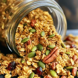 To make pumpkin spice granola, you need a few key ingredients. Here’s what you will need: - 2 cups rolled oats - 1 cup raw pecans, coarsely chopped - 1 cup raw pumpkin seeds - 1/2 cup honey or maple syrup - 1/4 cup coconut oil, melted - 1 teaspoon vanilla extract - 1 tablespoon pumpkin pie spice - 1/2 teaspoon sea salt - 1/2 cup dried cranberries or raisins (optional) These ingredients create a perfect blend of flavors and textures. The rolled oats form the base, while the pecans add crunch. Pumpkin seeds give a nutty taste, and the sweetener helps bind everything together. The pumpkin pie spice brings that warm, cozy flavor we love. You can add extra ingredients to make your granola special. Here are some fun options: - Chopped dark chocolate or chocolate chips - Shredded coconut - Chia seeds or flaxseeds - Dried fruits like apricots or figs These additions can boost flavor and nutrition. You can mix and match to find your favorite mix. Try adding some chocolate for a sweet treat! If you need to change an ingredient, many options exist. Here are some swaps you can make: - Use almonds or walnuts instead of pecans. - Swap pumpkin seeds for sunflower seeds. - Replace honey with agave syrup for a vegan option. - Use olive oil if you don’t have coconut oil. These substitutions keep your granola tasty and fun. You can make it fit your taste or dietary needs. Always remember to keep the spirit of the recipe, creating a delicious snack that you will enjoy! For the full recipe, be sure to check the complete instructions. First, gather all your ingredients. You need two cups of rolled oats, one cup of raw pecans, and one cup of raw pumpkin seeds. You can also choose to add dried cranberries or raisins, but that’s optional. Make sure to chop the pecans into small pieces. This helps them mix well in the granola. Then, measure out the honey or maple syrup and melt the coconut oil. In a large mixing bowl, combine the rolled oats, chopped pecans, and pumpkin seeds. Mix them well so that they are evenly spread. Now, take another bowl and whisk together the honey or maple syrup, melted coconut oil, vanilla extract, pumpkin pie spice, and sea salt. Make sure everything is blended smoothly. Next, pour this wet mixture over your dry ingredients. Use a spatula to stir until everything is well coated. This step is key for flavor. Preheat your oven to 350°F (175°C). Line a large baking sheet with parchment paper for easy cleanup. Spread the granola mixture evenly on the baking sheet. Bake it for about 20 to 25 minutes. Halfway through, take it out and stir gently. This helps it brown evenly. When the granola turns golden brown and smells amazing, take it out. Let it cool on the baking sheet. This step helps it become crunchy. If you want to add dried fruit, wait until it cools down first. Once cooled, break the granola into clusters. Store it in an airtight container to keep it fresh. Enjoy your pumpkin spice granola as a yummy snack! You can find more details in the Full Recipe. To make your granola super crispy, use a wide baking sheet. Spread the mix out evenly. This helps the heat reach all the oats and nuts. Stir the granola halfway through baking. This step promotes even browning. Cooling the granola on the baking sheet also helps it crisp up. Once it cools, break it into clusters for that perfect crunch. Store your granola in an airtight container. This keeps it fresh and crunchy. Make sure to wait until it cools completely before storing. If you don’t, it might get soggy. You can keep it at room temperature for up to two weeks. For longer freshness, consider freezing it. Just make sure to use a freezer-safe bag or container. Want to add more flavor? Try adding a pinch of cinnamon or nutmeg. You can also mix in dark chocolate chips for a sweet twist. Dried fruits like apricots or figs add a chewy texture. Don’t forget about seeds! Chia or sunflower seeds can boost nutrition and crunch. Get creative and adjust the flavors to your taste! {{image_4}} You can easily make this granola gluten-free. Use certified gluten-free oats. Regular oats may contain gluten. Check the label to be sure. This small change lets everyone enjoy the tasty crunch. If you need a nut-free option, swap pecans for sunflower seeds. Sunflower seeds add a nice crunch. You can also use more pumpkin seeds. They are rich in healthy fats. This way, everyone can enjoy your granola without worry. Feel free to add seasonal flavors. You can mix in chopped apples or pears in the fall. Dried mango or coconut works well in summer. You might also try spices like cinnamon or nutmeg. These changes make your granola unique and fun. For the full recipe, check the instructions above. To keep your pumpkin spice granola fresh, use an airtight container. Glass jars work great. You can also use plastic containers or resealable bags. Make sure to store it in a cool, dry place. Heat and moisture can make granola soggy. Avoid keeping granola near the stove or the fridge. Homemade pumpkin spice granola lasts about two weeks at room temperature. If you store it in the fridge, it can last up to a month. However, the texture may change when kept in the fridge. Always check for any signs of spoilage, like a stale smell or off taste. If it smells good and tastes good, it's still good! You can freeze pumpkin spice granola for up to three months. To do this, place it in a freezer-safe container. Make sure to remove as much air as possible to prevent freezer burn. When you're ready to eat it, just take out a portion and let it thaw at room temperature. You can even enjoy it straight from the freezer for a cold snack! Homemade pumpkin spice granola can last about two weeks. Store it in an airtight container. If you keep it in a cool, dry place, it stays fresh longer. Check for any signs of spoilage before eating. Yes, you can use alternative sweeteners. Maple syrup or agave nectar also works well. If you prefer no sugar, try using mashed bananas or unsweetened applesauce. Each option adds a unique flavor to the granola. Serve pumpkin spice granola in a bowl or jar. It tastes great with yogurt, milk, or even on its own. You can also sprinkle it on oatmeal or salads for a crunchy twist. For extra flair, add fresh fruit or a drizzle of honey on top. Check out the Full Recipe for more ideas! You learned how to make delicious pumpkin spice granola. We covered ingredients, steps, and tips to master the recipe. You can adjust flavors and even make nut-free or gluten-free options. Storing your granola correctly keeps it fresh. Remember, you can customize this recipe to fit your tastes. Enjoy your crunchy, tasty granola at breakfast or snacks. Making it at home brings warmth and spice to every bite. Happy granola making!