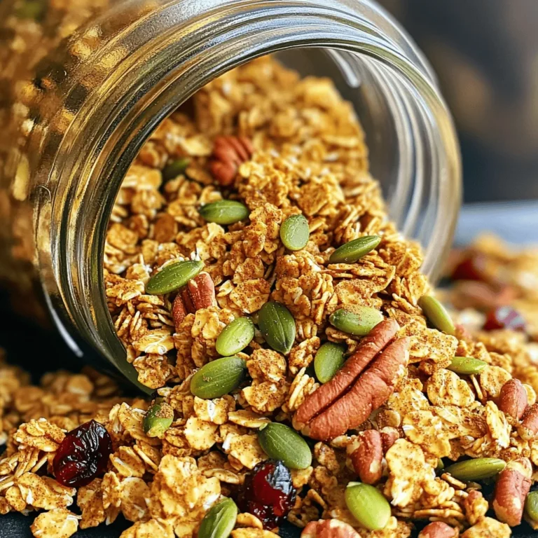 To make pumpkin spice granola, you need a few key ingredients. Here’s what you will need: - 2 cups rolled oats - 1 cup raw pecans, coarsely chopped - 1 cup raw pumpkin seeds - 1/2 cup honey or maple syrup - 1/4 cup coconut oil, melted - 1 teaspoon vanilla extract - 1 tablespoon pumpkin pie spice - 1/2 teaspoon sea salt - 1/2 cup dried cranberries or raisins (optional) These ingredients create a perfect blend of flavors and textures. The rolled oats form the base, while the pecans add crunch. Pumpkin seeds give a nutty taste, and the sweetener helps bind everything together. The pumpkin pie spice brings that warm, cozy flavor we love. You can add extra ingredients to make your granola special. Here are some fun options: - Chopped dark chocolate or chocolate chips - Shredded coconut - Chia seeds or flaxseeds - Dried fruits like apricots or figs These additions can boost flavor and nutrition. You can mix and match to find your favorite mix. Try adding some chocolate for a sweet treat! If you need to change an ingredient, many options exist. Here are some swaps you can make: - Use almonds or walnuts instead of pecans. - Swap pumpkin seeds for sunflower seeds. - Replace honey with agave syrup for a vegan option. - Use olive oil if you don’t have coconut oil. These substitutions keep your granola tasty and fun. You can make it fit your taste or dietary needs. Always remember to keep the spirit of the recipe, creating a delicious snack that you will enjoy! For the full recipe, be sure to check the complete instructions. First, gather all your ingredients. You need two cups of rolled oats, one cup of raw pecans, and one cup of raw pumpkin seeds. You can also choose to add dried cranberries or raisins, but that’s optional. Make sure to chop the pecans into small pieces. This helps them mix well in the granola. Then, measure out the honey or maple syrup and melt the coconut oil. In a large mixing bowl, combine the rolled oats, chopped pecans, and pumpkin seeds. Mix them well so that they are evenly spread. Now, take another bowl and whisk together the honey or maple syrup, melted coconut oil, vanilla extract, pumpkin pie spice, and sea salt. Make sure everything is blended smoothly. Next, pour this wet mixture over your dry ingredients. Use a spatula to stir until everything is well coated. This step is key for flavor. Preheat your oven to 350°F (175°C). Line a large baking sheet with parchment paper for easy cleanup. Spread the granola mixture evenly on the baking sheet. Bake it for about 20 to 25 minutes. Halfway through, take it out and stir gently. This helps it brown evenly. When the granola turns golden brown and smells amazing, take it out. Let it cool on the baking sheet. This step helps it become crunchy. If you want to add dried fruit, wait until it cools down first. Once cooled, break the granola into clusters. Store it in an airtight container to keep it fresh. Enjoy your pumpkin spice granola as a yummy snack! You can find more details in the Full Recipe. To make your granola super crispy, use a wide baking sheet. Spread the mix out evenly. This helps the heat reach all the oats and nuts. Stir the granola halfway through baking. This step promotes even browning. Cooling the granola on the baking sheet also helps it crisp up. Once it cools, break it into clusters for that perfect crunch. Store your granola in an airtight container. This keeps it fresh and crunchy. Make sure to wait until it cools completely before storing. If you don’t, it might get soggy. You can keep it at room temperature for up to two weeks. For longer freshness, consider freezing it. Just make sure to use a freezer-safe bag or container. Want to add more flavor? Try adding a pinch of cinnamon or nutmeg. You can also mix in dark chocolate chips for a sweet twist. Dried fruits like apricots or figs add a chewy texture. Don’t forget about seeds! Chia or sunflower seeds can boost nutrition and crunch. Get creative and adjust the flavors to your taste! {{image_4}} You can easily make this granola gluten-free. Use certified gluten-free oats. Regular oats may contain gluten. Check the label to be sure. This small change lets everyone enjoy the tasty crunch. If you need a nut-free option, swap pecans for sunflower seeds. Sunflower seeds add a nice crunch. You can also use more pumpkin seeds. They are rich in healthy fats. This way, everyone can enjoy your granola without worry. Feel free to add seasonal flavors. You can mix in chopped apples or pears in the fall. Dried mango or coconut works well in summer. You might also try spices like cinnamon or nutmeg. These changes make your granola unique and fun. For the full recipe, check the instructions above. To keep your pumpkin spice granola fresh, use an airtight container. Glass jars work great. You can also use plastic containers or resealable bags. Make sure to store it in a cool, dry place. Heat and moisture can make granola soggy. Avoid keeping granola near the stove or the fridge. Homemade pumpkin spice granola lasts about two weeks at room temperature. If you store it in the fridge, it can last up to a month. However, the texture may change when kept in the fridge. Always check for any signs of spoilage, like a stale smell or off taste. If it smells good and tastes good, it's still good! You can freeze pumpkin spice granola for up to three months. To do this, place it in a freezer-safe container. Make sure to remove as much air as possible to prevent freezer burn. When you're ready to eat it, just take out a portion and let it thaw at room temperature. You can even enjoy it straight from the freezer for a cold snack! Homemade pumpkin spice granola can last about two weeks. Store it in an airtight container. If you keep it in a cool, dry place, it stays fresh longer. Check for any signs of spoilage before eating. Yes, you can use alternative sweeteners. Maple syrup or agave nectar also works well. If you prefer no sugar, try using mashed bananas or unsweetened applesauce. Each option adds a unique flavor to the granola. Serve pumpkin spice granola in a bowl or jar. It tastes great with yogurt, milk, or even on its own. You can also sprinkle it on oatmeal or salads for a crunchy twist. For extra flair, add fresh fruit or a drizzle of honey on top. Check out the Full Recipe for more ideas! You learned how to make delicious pumpkin spice granola. We covered ingredients, steps, and tips to master the recipe. You can adjust flavors and even make nut-free or gluten-free options. Storing your granola correctly keeps it fresh. Remember, you can customize this recipe to fit your tastes. Enjoy your crunchy, tasty granola at breakfast or snacks. Making it at home brings warmth and spice to every bite. Happy granola making!