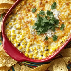 - 2 cups frozen corn kernels - 1 cup cream cheese - 1 cup shredded Monterey Jack cheese - 1/2 cup grated cotija cheese - 1/2 cup sour cream - 1/4 cup mayonnaise - 2 tablespoons fresh lime juice - Spices and seasonings - 1/4 teaspoon cayenne pepper - Fresh cilantro for garnish - Tortilla chips for serving Creating the perfect Cheesy Mexican Street Corn Dip starts with the right ingredients. I love using frozen corn kernels for ease and taste. They offer that sweet corn flavor without the fuss of fresh corn prep. The cream cheese forms a rich base, making the dip creamy and smooth. Next, I add shredded Monterey Jack cheese for a melty, gooey texture. Cotija cheese gives a salty punch and a bit of crunch. This mix results in a flavor burst that’s hard to resist. In addition to the main ingredients, I fold in sour cream and mayonnaise. This combination adds tang and creaminess. Fresh lime juice brightens the dip, bringing out the flavors. I also use spices like chili powder and garlic powder. These add warmth and depth. For those who crave heat, cayenne pepper is a great optional add-in. It gives a nice kick without overpowering the dish. Fresh cilantro not only adds flavor but also looks beautiful on top. Tortilla chips are a must for serving. They make dipping fun and easy. If you want to create this delicious dip, check out the Full Recipe for step-by-step guidance. Enjoy the vibrant flavors and textures as you share this tasty treat with friends and family! - Preheat the oven to 350°F (175°C). - In a large bowl, combine 2 cups of thawed corn kernels, 1 cup of cream cheese, 1 cup of shredded Monterey Jack cheese, 1/2 cup of grated cotija cheese, 1/2 cup of sour cream, and 1/4 cup of mayonnaise. Stir until smooth and creamy. - Add 2 tablespoons of fresh lime juice, 1 teaspoon of chili powder, 1 teaspoon of garlic powder, and 1/2 teaspoon of smoked paprika. If you like heat, add 1/4 teaspoon of cayenne pepper. Mix well to blend the flavors. - Gently fold in 1/4 cup of finely chopped fresh cilantro. Season with salt and pepper to taste, adjusting it to your liking. - Transfer the dip mixture to a baking dish, smoothing it out evenly. - Bake in the preheated oven for 20-25 minutes, until the dip is hot and bubbly. Look for a golden top. - Once done, cool slightly before serving. Enjoy your Cheesy Mexican Street Corn Dip with tortilla chips! For the complete recipe, check out the Full Recipe. - Use room temperature cream cheese for easier mixing. - Adjust spices based on heat preference. When you use room temperature cream cheese, it blends better. You won’t have clumps in your dip. If you like a mild dip, go easy on the spices. For heat lovers, add more chili powder or cayenne. Finding the right balance is key. - Garnish with additional cilantro and cotija cheese. - Serve in a colorful bowl to enhance visual appeal. To make your dip look great, add fresh cilantro on top. A sprinkle of cotija cheese adds a nice touch too. Use a bright bowl to serve. A colorful dish catches the eye and makes the dip more inviting. - Recommended sides to serve with the dip. - Suitable beverages to complement the appetizer. Serve the dip with crispy tortilla chips. They are perfect for scooping. You can also add veggies like bell peppers or carrots for a crunch. For drinks, try a light beer or a refreshing soda. They pair well with the rich flavors of the dip. Try out these tips to elevate your Cheesy Mexican Street Corn Dip experience. For a complete guide, check the Full Recipe. {{image_4}} You can change up the cheeses in this dip. Try using pepper jack cheese for a spicy kick. You can also swap in sharp cheddar for a bold taste. Adding cooked jalapeños gives the dip more heat. Just chop them finely and mix them in. This twist adds a layer of smokiness that is hard to resist. If you want a vegetarian dip, skip the meat and focus on the veggies. You can add black beans or diced bell peppers for extra flavor. For gluten-free options, choose gluten-free chips to serve with your dip. You can also use gluten-free bread or fresh veggies as dippers. This way, everyone can enjoy it without worry. You can serve this dip in two ways: warm or cold. The warm dip is gooey and comforting, perfect for chilly nights. The cold version feels fresh and bright, great for hot days. You can also integrate this dip into a larger appetizer spread. Add it to a platter with other dips, chips, and veggies. This makes for a fun and festive gathering. For the full recipe, check out the complete instructions above! To keep your Cheesy Mexican Street Corn Dip fresh, store leftovers in the fridge. Use an airtight container to prevent moisture loss and keep odors out. Glass or plastic containers with secure lids work great. If you plan to eat it soon, let it cool before sealing it up. You can freeze the dip for later use. Place it in a freezer-safe container, leaving some space for expansion. When you crave it again, thaw it overnight in the fridge. Reheat in the oven at 350°F (175°C) until hot. Stir in a bit of fresh cheese for that creamy texture. In the fridge, the dip stays fresh for about 3-5 days. Check for signs of spoilage, like off smells or mold. If it looks or smells strange, it's best to toss it. Enjoy the flavors of this dip while it's fresh for the best taste! To add heat, you can use cayenne pepper. Just add a little at first. You can also mix in diced jalapeños or hot sauce. These choices will spice up your dip quickly. Adjust to your taste for the right kick. Yes, fresh corn works great too! Fresh corn adds a sweet crunch. To use it, just cut the kernels from the cob. Cook them slightly in a pan for extra flavor. Then, mix them into your dip like you would with frozen corn. Serve with crispy tortilla chips for a classic pairing. You can also use veggies like bell peppers or carrots. They add a nice crunch. For extra fun, try serving it with toasted bread or pita chips. Yes, this dip is perfect for meal prep! You can make it a day ahead. Just store it in the fridge. When ready to serve, heat it in the oven until warm. It tastes just as yummy! For the full recipe, check here: [Full Recipe]. This blog post explored how to make a tasty Cheesy Mexican Street Corn Dip. We discussed the main and optional ingredients, followed by simple steps for preparation and baking. You learned useful tips for mixing, serving, and storing your dip. Variations and dietary modifications cater to different preferences. In summary, this dip is fun and easy to make. Enjoy it warm or cold with your favorite chips. Try it at your next gathering to impress friends and family.