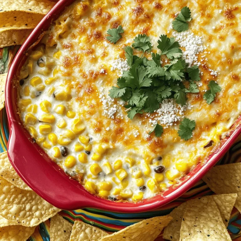 - 2 cups frozen corn kernels - 1 cup cream cheese - 1 cup shredded Monterey Jack cheese - 1/2 cup grated cotija cheese - 1/2 cup sour cream - 1/4 cup mayonnaise - 2 tablespoons fresh lime juice - Spices and seasonings - 1/4 teaspoon cayenne pepper - Fresh cilantro for garnish - Tortilla chips for serving Creating the perfect Cheesy Mexican Street Corn Dip starts with the right ingredients. I love using frozen corn kernels for ease and taste. They offer that sweet corn flavor without the fuss of fresh corn prep. The cream cheese forms a rich base, making the dip creamy and smooth. Next, I add shredded Monterey Jack cheese for a melty, gooey texture. Cotija cheese gives a salty punch and a bit of crunch. This mix results in a flavor burst that’s hard to resist. In addition to the main ingredients, I fold in sour cream and mayonnaise. This combination adds tang and creaminess. Fresh lime juice brightens the dip, bringing out the flavors. I also use spices like chili powder and garlic powder. These add warmth and depth. For those who crave heat, cayenne pepper is a great optional add-in. It gives a nice kick without overpowering the dish. Fresh cilantro not only adds flavor but also looks beautiful on top. Tortilla chips are a must for serving. They make dipping fun and easy. If you want to create this delicious dip, check out the Full Recipe for step-by-step guidance. Enjoy the vibrant flavors and textures as you share this tasty treat with friends and family! - Preheat the oven to 350°F (175°C). - In a large bowl, combine 2 cups of thawed corn kernels, 1 cup of cream cheese, 1 cup of shredded Monterey Jack cheese, 1/2 cup of grated cotija cheese, 1/2 cup of sour cream, and 1/4 cup of mayonnaise. Stir until smooth and creamy. - Add 2 tablespoons of fresh lime juice, 1 teaspoon of chili powder, 1 teaspoon of garlic powder, and 1/2 teaspoon of smoked paprika. If you like heat, add 1/4 teaspoon of cayenne pepper. Mix well to blend the flavors. - Gently fold in 1/4 cup of finely chopped fresh cilantro. Season with salt and pepper to taste, adjusting it to your liking. - Transfer the dip mixture to a baking dish, smoothing it out evenly. - Bake in the preheated oven for 20-25 minutes, until the dip is hot and bubbly. Look for a golden top. - Once done, cool slightly before serving. Enjoy your Cheesy Mexican Street Corn Dip with tortilla chips! For the complete recipe, check out the Full Recipe. - Use room temperature cream cheese for easier mixing. - Adjust spices based on heat preference. When you use room temperature cream cheese, it blends better. You won’t have clumps in your dip. If you like a mild dip, go easy on the spices. For heat lovers, add more chili powder or cayenne. Finding the right balance is key. - Garnish with additional cilantro and cotija cheese. - Serve in a colorful bowl to enhance visual appeal. To make your dip look great, add fresh cilantro on top. A sprinkle of cotija cheese adds a nice touch too. Use a bright bowl to serve. A colorful dish catches the eye and makes the dip more inviting. - Recommended sides to serve with the dip. - Suitable beverages to complement the appetizer. Serve the dip with crispy tortilla chips. They are perfect for scooping. You can also add veggies like bell peppers or carrots for a crunch. For drinks, try a light beer or a refreshing soda. They pair well with the rich flavors of the dip. Try out these tips to elevate your Cheesy Mexican Street Corn Dip experience. For a complete guide, check the Full Recipe. {{image_4}} You can change up the cheeses in this dip. Try using pepper jack cheese for a spicy kick. You can also swap in sharp cheddar for a bold taste. Adding cooked jalapeños gives the dip more heat. Just chop them finely and mix them in. This twist adds a layer of smokiness that is hard to resist. If you want a vegetarian dip, skip the meat and focus on the veggies. You can add black beans or diced bell peppers for extra flavor. For gluten-free options, choose gluten-free chips to serve with your dip. You can also use gluten-free bread or fresh veggies as dippers. This way, everyone can enjoy it without worry. You can serve this dip in two ways: warm or cold. The warm dip is gooey and comforting, perfect for chilly nights. The cold version feels fresh and bright, great for hot days. You can also integrate this dip into a larger appetizer spread. Add it to a platter with other dips, chips, and veggies. This makes for a fun and festive gathering. For the full recipe, check out the complete instructions above! To keep your Cheesy Mexican Street Corn Dip fresh, store leftovers in the fridge. Use an airtight container to prevent moisture loss and keep odors out. Glass or plastic containers with secure lids work great. If you plan to eat it soon, let it cool before sealing it up. You can freeze the dip for later use. Place it in a freezer-safe container, leaving some space for expansion. When you crave it again, thaw it overnight in the fridge. Reheat in the oven at 350°F (175°C) until hot. Stir in a bit of fresh cheese for that creamy texture. In the fridge, the dip stays fresh for about 3-5 days. Check for signs of spoilage, like off smells or mold. If it looks or smells strange, it's best to toss it. Enjoy the flavors of this dip while it's fresh for the best taste! To add heat, you can use cayenne pepper. Just add a little at first. You can also mix in diced jalapeños or hot sauce. These choices will spice up your dip quickly. Adjust to your taste for the right kick. Yes, fresh corn works great too! Fresh corn adds a sweet crunch. To use it, just cut the kernels from the cob. Cook them slightly in a pan for extra flavor. Then, mix them into your dip like you would with frozen corn. Serve with crispy tortilla chips for a classic pairing. You can also use veggies like bell peppers or carrots. They add a nice crunch. For extra fun, try serving it with toasted bread or pita chips. Yes, this dip is perfect for meal prep! You can make it a day ahead. Just store it in the fridge. When ready to serve, heat it in the oven until warm. It tastes just as yummy! For the full recipe, check here: [Full Recipe]. This blog post explored how to make a tasty Cheesy Mexican Street Corn Dip. We discussed the main and optional ingredients, followed by simple steps for preparation and baking. You learned useful tips for mixing, serving, and storing your dip. Variations and dietary modifications cater to different preferences. In summary, this dip is fun and easy to make. Enjoy it warm or cold with your favorite chips. Try it at your next gathering to impress friends and family.