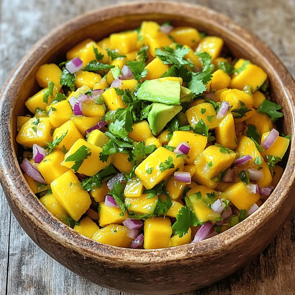 To make a fresh and zesty mango salsa, you need just a few simple ingredients. Here’s what you’ll need: - 2 ripe mangoes, diced - 1 small red onion, finely chopped - 1 jalapeño pepper, minced - 1/2 cup fresh cilantro leaves - Juice of 2 fresh limes - Salt and pepper to taste - 1 ripe avocado (optional) Each ingredient adds a unique flavor. The mangoes bring sweetness, while the red onion adds crunch. The jalapeño gives a nice kick. Fresh cilantro adds a bright note. Lime juice ties everything together with its tang. If you want a creamy touch, add the avocado. I love using ripe mangoes for the best sweetness. Choose firm but soft mangoes for the perfect texture. You can adjust the amount of jalapeño based on your heat preference. This quick mango salsa is not just easy; it’s fresh and full of flavor. For the full recipe, check the details above. Enjoy making your salsa! To start, you’ll need to peel and dice the mangoes. First, cut off both ends of the mango. Stand it upright and slice down the sides, avoiding the pit. Once you have two large pieces, make small cuts in the flesh, creating a grid. Then, scoop out the cubes with a spoon. Next, chop the red onion. Slice it in half, then make thin cuts across the onion. Finally, chop the onion into small pieces. For the jalapeño, first, cut it in half and remove the seeds. Then, mince it finely to add some heat. Now, it’s time to mix. In a large bowl, combine the diced mangoes, chopped red onion, and minced jalapeño. Stir them gently to mix the flavors evenly. Next, add the fresh cilantro and diced avocado, if you want creaminess. Gently fold these into the mixture to keep the avocado intact. Now, squeeze the lime juice over your salsa. This juice adds a bright flavor. Make sure every piece gets some juice for the best taste. Using a spatula or wooden spoon, toss the mixture carefully. Avoid mashing the mango or avocado. Now, season with salt and pepper. Taste and adjust as needed. Let the salsa rest for about 10 minutes. This time helps the flavors blend. Enjoy your zesty quick mango salsa with tortilla chips or as a topping for grilled dishes. Check out the Full Recipe for more details! To make your mango salsa shine, you can adjust the spice levels. If you love heat, add more jalapeño. If you prefer a milder taste, use less or remove the seeds. Taste as you mix, and find what suits you. Resting time is key for great flavor. After mixing, let the salsa sit for about 10 minutes. This time helps the flavors blend. The lime juice will soak into the mango and onion. You will notice a big difference in taste. Mango salsa pairs best with crispy tortilla chips. The crunch and flavor balance make for a perfect snack. You can also use it as a topping for grilled chicken, fish, or tacos. The freshness of the salsa adds brightness to any dish. For a fun twist, serve it on tacos with seasoned meat. It gives a sweet and spicy kick that everyone will love. You can find the full recipe to guide you through making this delightful salsa. Enjoy the burst of flavor! {{image_4}} To shake things up, you can swap fruits in your mango salsa. Pineapple adds a sweet twist, while diced peaches give a juicy flavor. You might also try papaya for a tropical touch. When it comes to herbs, cilantro shines, but you can use mint for a refreshing lift. Basil adds a unique taste too. Each option brings new flavors to your salsa. If you want a milder salsa, switch to a sweet bell pepper. This gives a nice crunch without the heat. You can also skip the jalapeño entirely. Your salsa will still taste great, just less spicy. For a creamier salsa, add ripe avocado. It blends well with mango and gives a smooth texture. You can also mix in Greek yogurt for a tangy twist. Both options enhance the richness of your salsa without overpowering the mango's sweetness. Feel free to experiment with these variations, and make the recipe your own. Check out the Full Recipe for the original version! To store leftover salsa, place it in an airtight container. This keeps the salsa fresh. Make sure to seal it tightly. If you can, use glass containers. They help prevent any strange odors from mixing in. To maintain the freshness of ingredients, always store salsa in the fridge. Avoid leaving it out for long periods. The longer it sits, the more flavors change. If you add avocado, it may brown faster. Using lemon juice can slow this process down. Refrigerated salsa lasts about three to five days. After that, the taste may fade. If you want to save it longer, freezing is a great option. To freeze salsa, pour it into a freezer-safe bag. Remove as much air as possible. This helps prevent freezer burn. When ready to use, thaw salsa in the fridge overnight. This keeps the flavors intact. You can also use salsa right from the freezer in cooked dishes. Just remember, the texture may change after freezing. For best results, enjoy your salsa fresh whenever you can! For the Full Recipe, check the earlier sections. To add heat to your salsa, use more jalapeño. You can also try adding diced serrano peppers. If you like, include a pinch of cayenne pepper. Taste your salsa as you go to avoid it becoming too hot. Yes, you can prepare mango salsa ahead of time. Just chop and mix the ingredients. Store it in the fridge for up to a day. This will help the flavors blend well. Just remember to add lime juice right before serving. Mango salsa goes great with grilled chicken or fish. It also works well on tacos or as a topping for burritos. Try it with chips for a fun snack. The fresh flavors brighten up any meal. This mango salsa is already vegan. You can skip the avocado if you want. However, you can add black beans for protein. They give your salsa a nice texture and taste. Mango salsa is a fresh and vibrant dish made from simple ingredients like mangoes, onions, and lime juice. You learned how to prepare, mix, and store this tasty salsa. Remember to adjust flavors and try different ingredients to make your own version. Whether you serve it with chips or on a main dish, mango salsa is versatile. Enjoy creating and sharing this delightful addition to your meals!