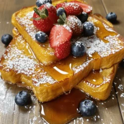 To make classic French toast, you need a few key ingredients. Here’s what you will need: - 4 slices of thick brioche or challah bread - 2 large eggs - 1/2 cup milk (your choice: whole, almond, oat, etc.) - 1 teaspoon pure vanilla extract - 1 teaspoon ground cinnamon - 1 tablespoon granulated sugar (optional) - Pinch of salt - 2 tablespoons unsalted butter - Maple syrup, for drizzling - Fresh fruit (such as strawberries, blueberries, or banana slices), for garnish - Powdered sugar, for dusting (optional) These ingredients create a rich and satisfying dish. Use thick bread for the best texture. Brioche and challah work well because they soak up the egg mixture nicely without falling apart. You can easily swap some ingredients if you need to. Here are a few ideas: - Bread: Use any bread you like, such as sourdough or whole grain. - Milk: Replace dairy milk with any plant-based milk like almond or oat milk. - Eggs: For a vegan option, try using flaxseed meal or mashed bananas instead of eggs. - Sugar: If you want to cut sugar, skip it or use a sugar substitute. - Fruit: Use any seasonal fruit for garnish. Apples, peaches, or even a fruit compote work well. These swaps can keep the dish fun and fresh. Don’t be afraid to get creative with what you have. To make French toast, you’ll need a few simple tools: - Large mixing bowl - Whisk or fork - Non-stick skillet or griddle - Measuring cups and spoons - Spatula Having the right equipment makes cooking easier. A non-stick skillet helps prevent the French toast from sticking. This way, you can flip it easily and achieve that lovely golden color. For the full recipe, check out the detailed cooking instructions. Start by gathering your ingredients. You need thick brioche or challah bread, eggs, milk, vanilla extract, ground cinnamon, sugar, and salt. In a large bowl, whisk together the eggs and milk. Add the vanilla, cinnamon, sugar, and a pinch of salt. Mix until it looks smooth and frothy. This step is key for a tasty French toast. Next, heat a non-stick skillet over medium heat. Add a tablespoon of unsalted butter and let it melt. Take a slice of bread and dip it into the egg mixture. Soak it for about 10-15 seconds on each side. Be careful not to make it too soggy. Place the soaked bread on the hot skillet. Cook for about 3-4 minutes until it turns golden brown. Flip it and cook the other side. Repeat this for all slices, adding more butter as needed. Once cooked, stack your French toast on a plate. Drizzle with maple syrup and add fresh fruit like strawberries or bananas. If you want, dust with powdered sugar for a neat touch. This makes it not just tasty but also beautiful. For a fun twist, serve extra syrup on the side for dipping. Enjoy your Golden Bliss French Toast with family or friends. For more details, check the Full Recipe. To get French toast just right, choose thick bread. Brioche or challah works best. Soak the bread slices in the egg mixture for only 10-15 seconds. If you soak too long, the bread may fall apart. Heat your skillet to medium. Use enough butter to coat the pan. Cook each slice for about 3-4 minutes per side. Look for a golden brown color. That’s the sign of a well-cooked piece. To make your French toast shine, think about flavors. Adding vanilla extract gives warmth. Cinnamon adds a nice spice. You can also try nutmeg or cardamom for something different. For sweetness, consider using maple syrup or honey. Fresh fruits like berries or bananas add a bright touch. You can sprinkle powdered sugar on top for a fancy finish. How you serve French toast can make a big difference. Stack the slices high on a plate. Top with fresh fruit and a drizzle of syrup. For fun, place a small bowl of syrup on the side. This way, people can dip their toast. You can also dust it with powdered sugar. A little decoration makes it look special. For more ideas, check out the Full Recipe for a feast for the eyes and the taste buds. {{image_4}} Stuffed French toast adds a fun twist to the classic dish. You can fill it with cream cheese, Nutella, or fresh fruit. For a simple cream cheese filling, mix the cheese with a bit of sugar and vanilla. Spread this mixture between two slices of bread before soaking them in the egg mixture. Cook as usual for a warm, gooey center. For a fruity option, add sliced strawberries or bananas inside the bread. This makes each bite extra special. You can enhance your French toast with spices and extracts. Besides cinnamon, try nutmeg or cardamom for a warm flavor. A splash of almond extract adds a nice touch, too. You can even use cocoa powder for a chocolate twist. Just mix these into the egg mixture for an exciting flavor profile. This lets you customize your dish based on your mood or what you have at home. Toppings can transform your French toast into a masterpiece. Classic maple syrup is always a hit, but consider fresh fruit, whipped cream, or even yogurt. Sprinkle some chopped nuts for crunch or a drizzle of chocolate sauce for sweetness. You can also use flavored syrups, like raspberry or caramel, for a twist. Don’t forget a dusting of powdered sugar for a beautiful finish. These toppings let you create a personalized breakfast that feels gourmet. For a complete recipe, check out the Full Recipe above. To store leftover French toast, let it cool first. Place the slices in an airtight container. You can keep it in the fridge for up to three days. If you want to keep it longer, consider freezing instead. Reheat French toast in several ways. For the best results, use an oven. Preheat it to 350°F (175°C). Place the slices on a baking sheet and heat for about 10 minutes. You can also use a toaster. Just toast each slice until warmed through. A microwave can work too, but it may make the toast soggy. Freezing French toast is easy. After cooling, wrap each slice in plastic wrap. Then, place them in a freezer bag. They can last up to two months in the freezer. When you're ready to eat, just reheat them as mentioned above. This way, you can enjoy your golden bliss French toast whenever you crave it! You can make egg-free French toast using a simple mixture. Combine 1 cup of milk with 1 tablespoon of cornstarch and 1 teaspoon of vanilla extract. Whisk well until smooth. This mixture binds well and gives a nice texture. Use it to soak your bread for tasty results. You may need to adjust the soaking time. Let the bread soak for about 5-10 seconds on each side. This method works great with almond milk, oat milk, or any milk you prefer. Yes, whole grain bread works well for French toast. It adds fiber and a nutty flavor. Whole grain bread absorbs the mixture nicely, giving a hearty bite. Choose a thick slice for best results. The crusty edges add a nice texture, too. If you want a milder taste, consider using a lighter whole grain bread. Just remember to soak it properly without oversaturating. French toast dates back to ancient Rome. They used stale bread soaked in milk and eggs. It was a way to avoid waste. The dish spread through Europe, gaining popularity in France. Today, many cultures have their own versions. In America, we enjoy it as a sweet breakfast. People often top it with syrup, fruit, and powdered sugar. The classic dish has evolved, but its charm remains. For the full recipe to make classic French toast, check the section above. This post covered key ingredients, cooking steps, tips, and variations for French toast. You can now easily make this dish, even without eggs or with whole grain bread. Focus on achieving that perfect cook and enhancing flavors for a delicious twist. Remember to store leftovers properly and enjoy them later. French toast is not just tasty; it has a rich history. With these insights, you're ready to impress at your next breakfast or brunch. Enjoy the process and the delicious results!