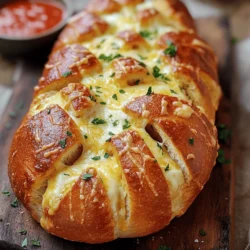 - 1 loaf of crusty bread (sourdough or ciabatta recommended) - 1/2 cup unsalted butter, melted - 4 cloves garlic, finely minced - 1 cup shredded mozzarella cheese - 1/2 cup freshly grated Parmesan cheese - 2 tablespoons fresh parsley, finely chopped - 1 teaspoon Italian seasoning - Salt, to taste You can swap mozzarella with cheddar for a sharper taste. If you need a gluten-free option, use gluten-free bread. Fresh herbs add more flavor, but dried herbs work too if you’re in a pinch. Choosing the right bread is key. A good crusty loaf holds the cheese and butter well. Fresh garlic is a must for that bold flavor. For cheese, look for high-quality mozzarella and Parmesan at local markets or cheese shops. 1. Start by preheating your oven to 350°F (175°C). This ensures your bread bakes evenly. 2. In a bowl, mix 1/2 cup melted butter, 4 minced garlic cloves, 1 teaspoon Italian seasoning, and a pinch of salt. Whisk until combined, then set it aside. This garlic butter adds great flavor to the bread. 1. Take your loaf of crusty bread. Make deep cuts across the top, about 1 inch apart. Cut down to the bottom, but do not slice all the way through. 2. Turn the loaf and repeat with cuts in the opposite direction. This creates a grid pattern. 3. Gently pull apart the sections of the bread. This helps the flavors spread evenly through the loaf. 1. Using a pastry brush, coat the interior cuts of the bread with the garlic butter. Be sure to get it deep into the crevices for the best taste. 2. Stuff the shredded mozzarella and grated Parmesan into the cuts. Let the cheese overflow a bit for extra cheesiness. 1. Wrap the entire loaf in aluminum foil and place it on a baking sheet. This catches any drips. 2. Bake in the oven for 15 to 20 minutes. You want the cheese to melt nicely. 3. After this time, remove the foil. Return the bread to the oven for another 10 minutes. This gets the crust golden-brown and crispy. 4. Once done, take it out and sprinkle with chopped parsley for color. Let it cool a bit before serving. For the full recipe, check the details above. How do you check for melted cheese? Start by looking for oozy cheese. When you see it bubbling, it’s ready. You want that gooey texture for the best pull-apart effect. The cheese should look melty and stretch as you pull the pieces apart. How do you avoid soggy bread? To keep your bread crisp, don’t over-soak it with garlic butter. Brush just enough to coat without pooling at the bottom. Wrapping the bread in foil for part of the baking helps maintain moisture. Unwrap it later to let the crust crisp up nicely. What spices or herbs can you add? Mix in some crushed red pepper flakes for heat. Fresh basil or thyme can add a nice touch too. You can also try rosemary for a strong, fragrant flavor. These spices brighten the dish and make it more exciting. What dips pair well with this bread? Serve it with marinara sauce for a classic taste. Garlic aioli or ranch dressing also works well. For a twist, try a spicy cheese dip. These dips enhance the flavor and make the meal even more fun. How should you serve this bread? Place the bread on a rustic wooden board. This gives a warm, inviting look. You can also serve it right in the baking sheet. It looks great and saves on cleanup. What garnishing options do you have? Sprinkle fresh parsley on top for color. You can also add a light drizzle of olive oil. This makes the bread look fresh and adds extra flavor. Consider using a few extra cheese shavings for a gourmet touch. {{image_4}} You can make this bread even better by adding herbs. Fresh herbs like rosemary or thyme give a nice flavor. Chop them finely and mix them into the garlic butter. This adds a fresh taste that brightens the bread. Roasted garlic is another great addition. It has a sweet, rich flavor that works well with the cheese. To roast garlic, wrap whole cloves in foil and bake until soft. Mash it into your garlic butter for a creamy texture. If you love heat, try adding red pepper flakes. Just a pinch will give the bread a nice kick. Mix them into the garlic butter for even flavor throughout. For a cheesy twist, use pepper jack cheese. It adds a spicy flavor and melts beautifully. The combination of mozzarella and pepper jack creates a delightful taste experience. You can get creative with sweet toppings too. Try adding cinnamon sugar on top before baking. It makes a fun dessert version of this bread. You can serve it with fruit or whipped cream for a treat. Different types of bread bases can also change the taste. Use a sweet brioche for a richer flavor or whole grain for a nutty twist. Experiment with what you like best! For the full recipe, click here [Full Recipe]. To keep your Cheesy Garlic Pull-Apart Bread fresh, store it in the fridge. Wrap it tightly in plastic wrap or foil. This helps prevent it from drying out. You can also place it in an airtight container. For longer storage, freeze the bread. Slice it first to make reheating easier. Wrap each piece in plastic, then put them in a freezer bag. This way, you can enjoy a slice anytime! When reheating, you have two main options: the microwave or the oven. The microwave is quick but can make the bread soft. For better results, use the oven. Preheat your oven to 350°F (175°C). Place the bread on a baking sheet. Heat it for about 10-15 minutes. This keeps the crust crispy and the cheese melted. If you want to avoid sogginess, skip the microwave. In the fridge, your leftover bread will stay good for about 3-4 days. After that, it may spoil. Look for signs like a strange smell or mold. If you freeze it, the bread can last for up to 3 months. Always check for freshness before eating. Enjoy your cheesy bread, but stay safe! Yes, you can prepare this cheesy garlic pull-apart bread ahead of time. Here’s how: - Prepare the garlic butter mix and set it aside. - Cut the bread and stuff it with cheese and garlic butter. - Wrap the bread tightly in foil. - Store it in the fridge for up to 12 hours. - When ready to bake, preheat your oven and bake for 20 to 30 minutes. This way, you save time when guests arrive. Absolutely! You can use many types of bread for this recipe. Here are some options: - French bread for a crusty texture. - Whole wheat bread for a healthy twist. - Focaccia for added flavor. - Gluten-free bread for those with dietary needs. Each option brings its own taste and texture. This bread pairs well with many dishes. Here are some ideas: - A side salad for freshness. - Marinara sauce for dipping. - Creamy tomato soup for a warm meal. - Grilled meats for a hearty dinner. These pairings enhance the meal and make it more enjoyable. Yes, this recipe can fit different diets with some tweaks. Here’s how: - For gluten-free, use gluten-free bread. - For vegetarians, all ingredients are meat-free. - For dairy-free, try vegan cheese options. These adaptations help everyone enjoy this delicious bread! In this blog post, you learned about making Cheesy Garlic Pull-Apart Bread. I shared the key ingredients, helpful tips, and step-by-step instructions. You can customize with cheese swaps and herbs. Remember to store leftovers properly for the best taste. Feel free to try variations like spicy or sweet toppings. Enjoy this fun dish that’s great for sharing. Making it will impress your friends and family!
