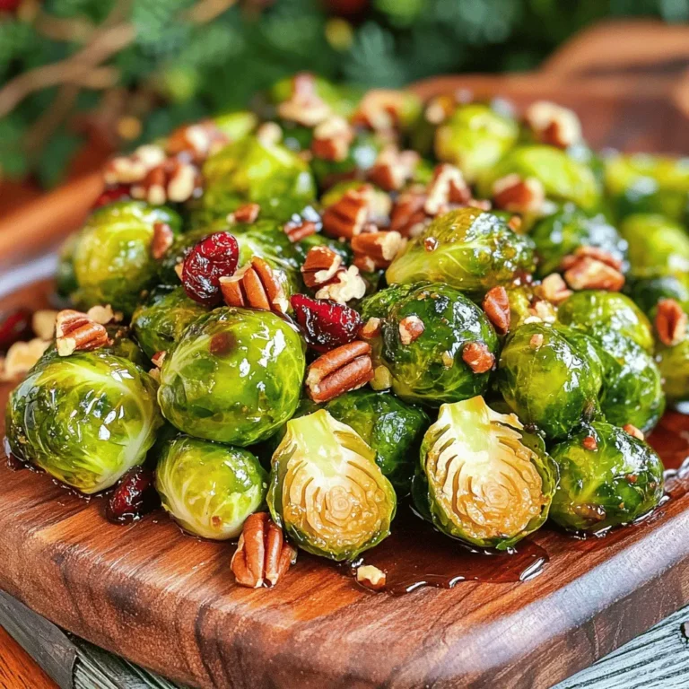 - 1 pound Brussels sprouts, trimmed and halved - 3 tablespoons extra virgin olive oil - 2 tablespoons pure honey - 1 tablespoon aged balsamic vinegar - 1 teaspoon crushed red pepper flakes - 1/2 teaspoon garlic powder - Sea salt and freshly ground black pepper - 1/4 cup chopped pecans - 1/4 cup dried cranberries - Try maple syrup or agave instead of honey for sweetness. - Use apple cider vinegar or red wine vinegar for a twist. - Experiment with smoked paprika or cumin for added depth. When you gather these ingredients, you set the stage for great taste. The Brussels sprouts bring a unique flavor and texture. The olive oil helps with crisping up the sprouts. Honey adds a sweet touch that balances the spice from the red pepper flakes. The garlic powder gives a savory depth that rounds out the dish. Feel free to mix in those optional add-ons. Pecans add crunch, while cranberries bring sweetness. These extra touches can make your dish even more exciting. You can also try different sweeteners or vinegars to find your favorite combo. The possibilities are endless! For the full recipe, check out the provided link. 1. Preheating the oven Start by preheating your oven to 425°F (220°C). A hot oven gives you crispy sprouts. 2. Coating ingredients mixing In a large bowl, add the halved Brussels sprouts. Pour in 3 tablespoons of extra virgin olive oil, 2 tablespoons of honey, and 1 tablespoon of balsamic vinegar. Sprinkle in 1 teaspoon of crushed red pepper flakes, 1/2 teaspoon of garlic powder, and sea salt and black pepper to taste. Toss everything well until the sprouts are coated evenly. 3. Layering on the baking sheet Line a baking sheet with parchment paper. This makes cleanup easy. Spread the coated Brussels sprouts in a single layer on the sheet. Make sure they are not crowded. This helps them roast better. 1. Ideal cooking temperature Place the baking sheet in the oven. Roast the Brussels sprouts for 20-25 minutes. The high temperature helps them caramelize. 2. Stirring guidelines for even cooking Halfway through roasting, stir the Brussels sprouts. This ensures they brown evenly and get crispy all around. 3. Identifying doneness You’ll know the sprouts are ready when they turn golden brown and crispy on the edges. This is key for a great texture. 1. Adding optional ingredients If you want, add 1/4 cup of chopped pecans and 1/4 cup of dried cranberries during the last 5 minutes of roasting. This toasts them and adds extra flavor. 2. Cooling before serving Once roasted, take them out and let them cool for a few minutes. This enhances their flavor. 3. Presentation tips Serve the Brussels sprouts on a vibrant platter. Drizzle any leftover honey for a shiny finish. Scatter extra pecans and cranberries on top to make it look appealing. For the full recipe, check the complete guide to Oven Roasted Brussels Sprouts. - Look for bright green sprouts. They should feel firm and compact. - Avoid any yellow or wilted leaves. These signs mean they are old. - Brussels sprouts are best in fall and winter. You will find them at their peak then. - Always spread Brussels sprouts in a single layer on your baking sheet. This helps them cook evenly. - If you like softer sprouts, reduce the roasting time. For crispier, leave them a bit longer. - Oven roasted Brussels sprouts pair well with chicken or fish. They add a nice crunch to the meal. - Serve them with mashed potatoes or rice for a complete dish. You can also toss in a salad for extra flavor. For a detailed method to make these delicious sprouts, check out the Full Recipe. {{image_4}} You can easily switch up the flavor of your oven roasted Brussels sprouts. Try mixing in some honey and crushed red pepper for a sweet and spicy kick. It adds a fun twist to the dish. The honey caramelizes, making the sprouts taste even better. For a savory option, consider using fresh herbs. Rosemary, thyme, or even sage can elevate the taste. Simply chop the herbs and toss them in before roasting. This brings out earthy flavors that pair well with the Brussels sprouts. If you're vegan, you can make simple changes. Swap honey for maple syrup or agave nectar. These sweeteners work well and keep your dish plant-based. If gluten is a concern, rest easy! This recipe is already gluten-free. Just ensure any added ingredients, like nuts or cheese, are also gluten-free. This way, everyone can enjoy your tasty treat. Want to add some crunch? Consider cheese toppings. Grated parmesan or crumbled feta can add a creamy texture. Just sprinkle it on in the last few minutes of cooking. You can also mix in nuts and dried fruits. Chopped pecans or walnuts add a nice crunch. Dried cranberries or cherries bring a burst of sweetness. These additions make your Brussels sprouts even more exciting to eat! For the full recipe, check out the Sweet & Spicy Oven Roasted Brussels Sprouts. To keep your Brussels sprouts fresh, use an airtight container. Make sure the container seals well. This method keeps moisture out and flavor in. You can store them in the fridge for up to 3 days. After that, they may lose their taste and texture. When it’s time to eat your leftovers, reheat them in the oven. Set the oven to 350°F (175°C). This method helps keep them crispy. If you’re in a hurry, you can use the microwave, but they may turn soggy. To avoid this, place a paper towel over the sprouts while microwaving. This step absorbs extra moisture. If you want to save your Brussels sprouts longer, freezing is a good option. First, let them cool completely. Then, place them in a freezer-safe bag or container. Remove as much air as possible to prevent freezer burn. You can freeze them for up to 3 months. When you’re ready to eat, thaw them in the fridge overnight. To reheat, use the oven for the best results. This method restores their crispy texture. Yes, you can make these Brussels sprouts ahead of time. To prepare them, follow the recipe steps up to the roasting part. After coating the Brussels sprouts, place them in an airtight container. Store them in the fridge for up to two days. When you are ready to eat, spread them on a baking sheet and roast at 425°F (220°C) until warm and crispy, about 15 minutes. This method helps keep them tasty and fresh. To get crispy Brussels sprouts, focus on a few key techniques. First, cut them in half to increase surface area. This helps them roast better. Use enough oil to coat them well, but do not drown them. The oil helps create a crispy texture. Spread them out in a single layer on the baking sheet. If they are too close, they will steam instead of roast. Lastly, stir them halfway through cooking. This promotes even browning and crispiness. If you want a vegan option, try using maple syrup or agave nectar instead of honey. Both sweeteners add a nice flavor and sweetness. You can also use brown sugar mixed with a little water. This mix creates a syrup-like consistency. These alternatives work well in the recipe and keep your dish plant-based. The best temperature to roast Brussels sprouts is 425°F (220°C). At this temperature, they cook evenly and become crispy. High heat helps caramelize the outer leaves, giving them a rich flavor. If you cook at lower temperatures, they may turn out soggy instead of crispy. Stick with 425°F for the best results in your oven roasted Brussels sprouts. Oven-roasted Brussels sprouts are simple and delicious. We covered fresh ingredients, roasting steps, and tips for flavor. Don’t forget those optional add-ons for a personal touch. With the right preparation and adjustments, you can make them fit any meal. Whether you prefer them sweet or savory, there’s a recipe for everyone. Enjoy your tasty, healthy side dish!