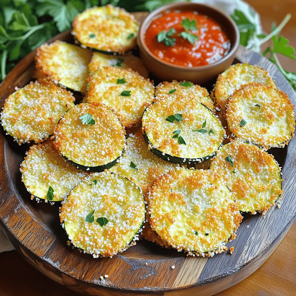 - Zucchini and Cheese Components - 2 medium zucchinis, sliced into thin rounds (about 1/4 inch thick) - 1 cup freshly grated Parmesan cheese - Bread Crumbs and Seasonings - 1 cup Panko breadcrumbs (for an extra crunchy texture) - 1 teaspoon garlic powder - 1 teaspoon onion powder - 1 teaspoon dried oregano - Salt and freshly ground black pepper, to taste - Egg and Olive Oil Preparation - 2 large eggs, beaten well - Olive oil spray for a light coating These ingredients come together to create a tasty, crunchy snack. The zucchini gives a fresh taste, while the Parmesan cheese adds a savory kick. The Panko breadcrumbs help achieve that perfect crunch. Each spice enhances the flavor, making these chips a hit. Using eggs ensures the coating sticks well. Olive oil spray keeps each chip crispy without adding too much fat. For the full recipe, check out the instructions that follow. First, I set my oven to 425°F (220°C). This temperature helps the chips get nice and crispy. While the oven warms, I line a baking sheet with parchment paper. The paper keeps the chips from sticking and makes cleanup easy. Next, I prepare the coating. In a shallow bowl, I mix together: - 1 cup freshly grated Parmesan cheese - 1 cup Panko breadcrumbs - 1 teaspoon garlic powder - 1 teaspoon onion powder - 1 teaspoon dried oregano - Salt and freshly ground black pepper, to taste I stir this mix well until it's all blended. In a separate bowl, I beat 2 large eggs until smooth. Now, I take each zucchini slice. I dip it into the egg, covering both sides. I let any extra egg drip off. After that, I plunge it into the breadcrumb mix. I press gently so the coating sticks well. Now it's time to bake! I lay the coated zucchini slices on the baking sheet in a single layer. I make sure they don’t overlap. This way, they can crisp up evenly. I lightly spray the tops with olive oil. This helps them get extra crispy. I slide the baking sheet into the oven and bake for 20-25 minutes. Halfway through, I flip the chips. This ensures they cook evenly and turn golden brown. When they are done, I take them out and let them cool for a few minutes. Enjoy these tasty snacks right away! For the full recipe, check it out [here](#). To make your crispy Parmesan zucchini chips even better, focus on two key points. First, use olive oil spray. A light coating helps the chips turn golden and crunchy. Without it, your chips may not achieve that desired crispiness. Just a quick spray on top before baking works wonders. Second, keep an eye on oven temperature and baking time. Preheat your oven to 425°F (220°C). This hot temperature cooks the chips quickly and evenly. Bake them for about 20-25 minutes. Flip them halfway for even cooking. This ensures they are crispy all around. Now, let’s talk about some common mistakes. The first mistake is overlapping zucchini slices. If you pile them on top of each other, they won’t crisp up. Instead, lay them out in a single layer. This allows hot air to circulate around each chip. The second mistake is using the wrong egg coating technique. Make sure each slice is fully coated in the beaten eggs before moving to the breadcrumb mix. If you don’t coat them well, the breadcrumbs won’t stick. This will leave you with sad, soggy chips instead of delicious ones. Follow these tips for perfect crispy zucchini chips every time! {{image_4}} You can easily change up your crispy Parmesan zucchini chips. One fun idea is to make spicy zucchini chips. Just add red pepper flakes to your breadcrumb mix. Adjust the amount to fit your taste. This kick will add a nice heat to every bite. Another option is to switch the cheese. Instead of Parmesan, try using cheddar or an Italian blend. Each cheese brings its own taste. Cheddar adds a sharp flavor, while an Italian blend gives a mix of herbs and spices. If you need a gluten-free option, use gluten-free breadcrumbs. They work just as well and keep the chips crispy. You can find these in most stores. You can also get creative with your seasonings. Try adding paprika, cumin, or even a hint of lemon zest. Each mix can change the flavor profile of your chips. Feel free to explore your spice cabinet for fun twists. For the full recipe, check out the recipe section. Enjoy your tasty, crispy snack! To keep your crispy Parmesan zucchini chips fresh, store them in an airtight container. This helps keep moisture out and crispiness in. Use a container with a tight seal, like a glass jar or a plastic food storage box. - Best Practices for Keeping Them Crispy: - Allow the chips to cool completely before storing. - Place a paper towel in the container to absorb any moisture. - Avoid stacking the chips; this can cause them to become soggy. - Recommended Container Types: - Glass jars with lids. - Plastic food storage containers with tight-sealing lids. - Zip-top bags can work too; just remove as much air as possible. When reheating zucchini chips, aim to restore their crunch. The oven is best for this task. - Oven vs. Microwave Methods: - Oven: Preheat to 350°F (175°C). Spread the chips in a single layer on a baking sheet. Heat for about 5-10 minutes until crispy. - Microwave: This method can make them soft. If you use it, place them on a plate and microwave for 20-30 seconds. - Tips for Retaining Crispiness: - Reheat in small batches for even crisping. - Avoid covering the chips while reheating. This traps steam and moisture. Following these tips will keep your crispy Parmesan zucchini chips tasty and ready to enjoy! For the full recipe, check your notes above. Yes, you can make Crispy Parmesan Zucchini Chips ahead of time. To prepare, bake the chips as per the [Full Recipe]. After baking, let them cool completely. Store the cooled chips in an airtight container. This keeps them fresh and crispy for a few days. If you want to enjoy them later, you can reheat them in the oven. Set your oven to 350°F (175°C) and heat for about 10 minutes. This will help regain their crispiness. Zucchini chips pair well with various dips. Here are a few tasty options: - Marinara sauce for a classic touch. - Garlic aioli for a creamy dip. - Ranch dressing for a zesty flavor. - Spicy salsa for a kick. These dips enhance the flavor and make your snack even more fun! Yes, you can make these chips gluten-free. Simply swap regular Panko breadcrumbs for gluten-free ones. Many brands offer gluten-free options that work well in this recipe. Always check the labels to ensure they meet your dietary needs. Enjoy your crispy snack without worry! In this blog post, we explored how to make crispy zucchini chips. We covered the ingredients—like zucchini, cheese, and spices—and the step-by-step process to bake them perfectly. Remember to watch for common mistakes and try variations to suit your taste. Store any leftovers properly to keep them crispy. By following these tips, you can enjoy tasty snacks that fit your diet. Making these zucchini chips is fun, easy, and healthy. Try it out!