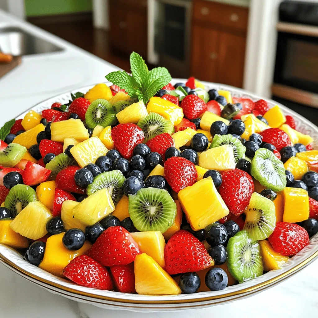 - Fresh strawberries - Ripe pineapple - Juicy mango - Plump blueberries - Kiwi - Natural honey - Freshly squeezed lime juice - Lime zest - Fresh mint leaves - Additional lime zest The ingredients for this Honey Lime Fruit Salad make it a bright and tasty treat. You can mix and match fruits based on what you like best. I love using fresh strawberries for their sweetness and bright color. Ripe pineapple adds a tropical twist, while juicy mango brings a rich flavor. Plump blueberries add a nice pop of color and taste. Kiwi gives it a fun tartness. To make the dressing, use natural honey for its smooth texture. Freshly squeezed lime juice brings a zesty kick, and lime zest enhances the flavor with its aromatic oils. You can add fresh mint leaves and extra lime zest as garnishes. These are optional but add a lovely touch. For the complete recipe, check out the Full Recipe section. Start with the strawberries. Hull and quarter them into bite-sized pieces. Next, grab the ripe pineapple. Dice it into small chunks. Then, take the juicy mango and dice it just like the pineapple. For the kiwi, peel it first, then slice it thin. Now, combine all these fruits in a large mixing bowl. Don't forget to add the plump blueberries. Their sweetness adds a nice touch! In a separate bowl, whisk together the natural honey, freshly squeezed lime juice, and lime zest. This mixture will create a sweet and tangy dressing. Make sure it blends smoothly. The honey gives a nice shine to the fruit salad! Now, it's time to toss! Drizzle your honey-lime dressing over the colorful fruits in the mixing bowl. Use a spatula or a wooden spoon to toss them gently. This ensures every piece gets coated in that delicious dressing. Let the salad sit for about 10-15 minutes. This resting time helps the flavors mix together. Before serving, toss it again lightly to refresh the mix. Top with fresh mint leaves for a bright finish. Enjoy your Honey Lime Fruit Salad! To create the best honey lime fruit salad, start by choosing ripe fruits. Ripe fruits taste sweeter and have a better texture. For strawberries, look for bright red ones. For pineapples, choose ones that smell sweet. Mangoes should feel slightly soft when you gently press them. Blueberries should be plump and firm, while kiwis should yield to gentle pressure. Allow the salad to rest for about 10-15 minutes after mixing. This time helps the flavors blend. The honey and lime dressing will soak into the fruits, making each bite burst with flavor. Serving is just as important as making the salad. Use chilled bowls or a nice platter to show off the colors. The vibrant reds, yellows, and greens look stunning together. You can also sprinkle some extra lime zest on top. A few more mint leaves add a pop of green and freshness. This fruit salad is not just tasty; it’s also healthy. Strawberries are full of vitamins and antioxidants. Pineapples help with digestion, while mangoes provide vitamin A. Blueberries are great for your heart, and kiwis are rich in vitamin C. Honey adds sweetness without refined sugar. It also has natural antioxidants. Lime juice gives a boost of vitamin C. Together, these ingredients create a refreshing and healthy dish. For the full recipe, check out the Honey Lime Fruit Salad Delight. {{image_4}} You can mix different fruits to keep things fresh. Try using seasonal fruits. In summer, add peaches or cherries. In fall, consider apples or pears. You can also add nuts or seeds for crunch. Sliced almonds or chia seeds work great. This boosts texture and adds healthy fats. For a vegan option, use agave syrup instead of honey. This keeps the sweetness while making it plant-based. If you're watching your sugar intake, consider using stevia or monk fruit sweetener. These alternatives provide sweetness without extra sugar. You can change the dressing to add new flavors. Try orange juice instead of lime for a sweeter taste. You can also add spices like cinnamon or ginger for a unique twist. Fresh herbs like basil can add freshness to the dressing, making it even more exciting. Feel free to explore these variations to make your Honey Lime Fruit Salad a special treat every time. For the full recipe, check the section above. To keep your Honey Lime Fruit Salad fresh, store it in the fridge. Use an airtight container to prevent air from spoiling the fruits. This salad stays fresh for about 2-3 days. After this time, fruits may lose their crispness and flavor. You can make the dressing ahead of time. Mix honey, lime juice, and zest in a jar. Store it in the fridge until you are ready to use it. For the fruit, wash and cut it as needed. Keep the prepared fruits in separate containers. This way, they stay fresh longer and you can mix them when you’re ready to enjoy your salad. If you have leftovers, get creative! You can mix the fruit salad with yogurt for a tasty breakfast. It also works as a topping for pancakes or waffles. Another idea is to use it as a filling for a smoothie. Each option adds a fun twist to the salad and helps reduce waste. You can use many fruits for this salad. I recommend fresh strawberries, ripe pineapple, juicy mango, plump blueberries, and kiwi. These fruits bring sweet and tart flavors. You can swap fruits based on what you have. For example, use apples or grapes if you want. Seasonal fruits like peaches or cherries are also great choices. Just remember to keep a balance of sweet and tangy fruits. Yes, you can prep this fruit salad ahead of time. Just cut the fruits and store them in an airtight container. To keep everything fresh, add the honey-lime dressing right before serving. This way, the fruits stay crisp, and the flavors stay bright. If you want to make the dressing early, store it separately in the fridge. It will keep well for a few days. This fruit salad is perfect for many occasions. Serve it at brunch, barbecues, or picnics. You can pair it with grilled chicken or fish for a refreshing side dish. It also works well as a dessert. Add a scoop of yogurt or ice cream on top for a sweet treat. You can even use it as a topping for pancakes or waffles. The options are endless! In this blog post, I shared how to create a fresh fruit salad. You learned about selecting ripe fruits like strawberries and mangoes. I explained how to make a simple dressing with honey and lime juice. Consider presenting your salad in a chilled bowl for a fun look. Don't forget the health benefits of these fruits. Enjoy customizing the recipe with seasonal ingredients. With these tips, you can make a vibrant dish that's perfect for any occasion.