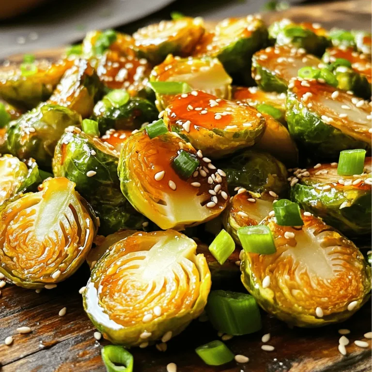 - 1 lb Brussels sprouts, trimmed and halved - 3 tablespoons extra virgin olive oil - Sea salt and freshly cracked black pepper, to taste - 2 tablespoons sriracha sauce - 2 tablespoons pure honey - 2 teaspoons rice vinegar - 1 tablespoon toasted sesame seeds - 2 green onions, finely sliced Choosing fresh Brussels sprouts is key. Look for bright green, firm sprouts. Avoid any that are yellow or wilted. Using high-quality olive oil makes a big difference. Extra virgin olive oil adds depth to the dish. It enhances flavor without overpowering the Brussels sprouts. For sriracha, I recommend popular brands like Huy Fong or Trader Joe’s. These brands balance heat and flavor well. Adjust the amount based on your spice preference. 1. Preheat your oven to 400°F (200°C). A hot oven cooks the sprouts evenly. 2. Trim the Brussels sprouts by cutting off the stems. Then, slice them in half. This helps them roast better. - Take a baking sheet and line it with parchment paper. This makes clean-up easy. - Spread the halved Brussels sprouts on the sheet in a single layer. Leave space between each sprout to allow for even roasting. - Roast them in the oven for 20-25 minutes. Halfway through, give them a gentle toss. You want them golden-brown and tender. - While the sprouts roast, make the sriracha honey glaze. In a bowl, mix sriracha, honey, and rice vinegar. Whisk them until the mixture is smooth. - When the sprouts are done, drizzle the glaze over them. Toss gently to coat each sprout evenly. - Return the glazed sprouts to the oven for an extra 5 minutes. This makes the glaze sticky and enhances the taste. For the full recipe, check the full recipe section above! To ensure even cooking and caramelization, spread the Brussels sprouts in a single layer. This helps them roast well without steaming. Toss them halfway through cooking for a nice golden-brown color. If you like more spice, add extra sriracha to the glaze. Taste as you mix to find your perfect balance. These Brussels sprouts go great with grilled chicken or fish. They also pair well with rice or quinoa. For a colorful presentation, use a bright dish. Drizzle some leftover glaze over the sprouts for extra flavor. Garnish with sesame seeds and green onions for a pop of color and crunch. Brussels sprouts are low in calories. One cup has about 38 calories. They are also high in vitamins C and K. Honey adds natural sweetness and some antioxidants. Sriracha brings heat and flavor. Together, they make a healthy and tasty dish. {{image_4}} You can elevate your Sriracha Honey Brussels sprouts. Add garlic for a savory kick. Minced garlic brings great depth. Ginger is another option. It adds a fresh, zesty note. You can also try different sweeteners. Maple syrup works well, giving a richer flavor. Brown sugar can add a hint of caramel too. Feel free to switch out vegetables. Cauliflower or carrots can work beautifully. They roast the same way as Brussels sprouts. You can also use different vinegars for a unique taste. Balsamic vinegar adds sweetness, while apple cider vinegar gives a nice tang. Experimenting with these swaps can make the dish your own. You can easily make this dish vegan. Just use agave syrup instead of honey. The flavor will still shine through. For gluten-free options, ensure your sriracha is gluten-free. Most brands are safe, but check the label. These simple changes let everyone enjoy this dish. To store your Sriracha Honey Brussels Sprouts, first let them cool. Place them in an airtight container. This keeps them fresh and tasty. Refrigerate your sprouts within two hours of cooking. They will stay good for about 3 to 5 days. Reheating Brussels sprouts can be tricky. I recommend using an oven or an air fryer. Preheat the oven to 350°F (175°C). Spread the sprouts on a baking sheet. Heat for about 10 to 15 minutes. This method helps keep them crispy. Avoid using a microwave, as it can make them soggy. You can freeze roasted Brussels sprouts, but it changes their texture. To freeze, let them cool completely. Place them in a freezer-safe bag, removing as much air as possible. They will last for up to 3 months. Thaw them overnight in the fridge before reheating. Use the oven or air fryer for best results. For the full recipe, refer to the original guide. How to make Sriracha Honey Brussels Sprouts from scratch? To make Sriracha Honey Brussels Sprouts, gather your ingredients. You will need Brussels sprouts, olive oil, sea salt, black pepper, sriracha, honey, rice vinegar, sesame seeds, and green onions. Start by trimming and halving the Brussels sprouts. Toss them with olive oil, salt, and pepper. Roast them in a preheated oven at 400°F for 20-25 minutes. While they roast, mix sriracha, honey, and rice vinegar for the glaze. After roasting, coat the sprouts with the glaze and roast for another 5 minutes. Finally, add sesame seeds and green onions. You can find the full recipe [here](#). Can I make these Brussels sprouts ahead of time? Yes, you can prepare Brussels sprouts ahead of time. Roast them and store in the fridge. They stay good for about 3 days. Just reheat them in the oven to keep them crispy. What do Brussels sprouts pair well with? Brussels sprouts pair well with many dishes. They go great with roasted meats like chicken or pork. They also work well with grains like quinoa or rice. Add them to salads for extra crunch. Can I use other types of hot sauce instead of sriracha? Yes, you can use other hot sauces if you prefer. Try chili garlic sauce for a similar heat. Just remember to adjust the amount to match your taste. Why are my Brussels sprouts not crispy? If your Brussels sprouts are not crispy, they may be crowded on the baking sheet. Spread them out to allow air to circulate. Also, ensure your oven is properly preheated to achieve that golden-brown finish. How do I prevent them from getting mushy? To avoid mushy Brussels sprouts, do not overcook them. Stick to the roasting time. Use fresh, firm sprouts. If they sit too long after cooking, they can lose their texture. Serve them right after roasting for the best results. You now know how to make tasty Sriracha Honey Brussels sprouts. We covered the key ingredients, quality tips, and whether you can try substitutions. I shared step-by-step instructions to roast them perfectly. You also learned how to store and reheat any leftovers. These sprouts make a great side dish. They add fun flavors to many meals. Enjoy experimenting with different herbs and spices.