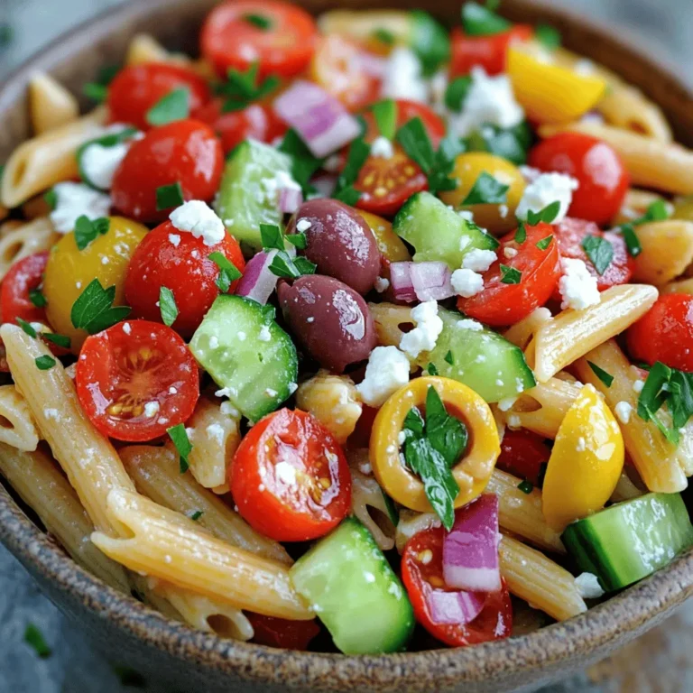- 2 cups whole wheat penne pasta - 1 cup cherry tomatoes, halved - 1 cucumber, diced - 1 red bell pepper, diced - 1/2 red onion, finely chopped - 1 cup Kalamata olives, pitted and sliced - 1 cup feta cheese, crumbled - 1/4 cup extra virgin olive oil - 3 tablespoons red wine vinegar (or lemon juice for a zestier alternative) - 1 teaspoon dried oregano - Salt and freshly cracked pepper to taste This Greek pasta salad is not only tasty but also healthy. It has about 200 calories per serving. You get around 6 grams of protein and 35 grams of carbs. The salad has healthy fats from olive oil and feta cheese. It offers fiber from whole wheat pasta and fresh veggies, making it a great choice for a light meal. Plus, it’s packed with vitamins. Enjoy this dish without worry! For the complete recipe, refer to the Full Recipe. To start, cook 2 cups of whole wheat penne pasta. Follow the package instructions. Aim for al dente texture, which means the pasta should be firm to the bite. Once cooked, drain the pasta well. Rinse it under cold water. This cools the pasta down and stops the cooking process. In a large mixing bowl, add the following fresh ingredients: - 1 cup cherry tomatoes, halved - 1 cucumber, diced - 1 red bell pepper, diced - 1/2 red onion, finely chopped - 1 cup Kalamata olives, pitted and sliced - 1 cup feta cheese, crumbled Mix these ingredients gently. They create a colorful and tasty base for your salad. Next, prepare the dressing. In a small bowl, whisk together: - 1/4 cup extra virgin olive oil - 3 tablespoons red wine vinegar (or lemon juice for more zest) - 1 teaspoon dried oregano - Salt and freshly cracked pepper to taste Mix well until all the ingredients combine smoothly. This dressing will add wonderful flavor to your salad. Now, add the cooled pasta to the bowl with the fresh ingredients. Drizzle the dressing over everything. Gently toss all the ingredients together. Make sure each piece is coated with the dressing. For a burst of flavor, fold in 1/4 cup of freshly chopped parsley. Allow the salad to rest for about 15-20 minutes. For the best taste, refrigerate it for up to 2 hours before serving. Enjoy this dish as an appetizer or a light meal. Check out the Full Recipe for more details! To achieve that perfect al dente pasta, cook the whole wheat penne just right. Follow the package instructions closely. Start checking the pasta a minute or two before the time is up. It should be firm to the bite but still cooked. Rinse the pasta with cold water after draining. This stops the cooking process and cools it down fast. It keeps your pasta from getting mushy in the salad. To enhance the dressing, try adding a pinch of fresh garlic. Minced garlic brings a strong punch to the mix. You can also add a teaspoon of Dijon mustard for a nice tang. If you want a little heat, a dash of red pepper flakes works well too. You can even swap out red wine vinegar for fresh lemon juice for a zesty twist. This adds brightness that pairs well with the veggies. For the best experience, chill your pasta salad for at least 2 hours. This allows the flavors to blend beautifully. If you’re short on time, resting it for 15-20 minutes at room temperature works too. Serve the salad cold or at room temperature. Garnish with extra parsley for a fresh look. This dish shines as a light meal or a starter. Enjoy it with friends at a picnic or a family gathering. {{image_4}} You can boost your Greek pasta salad with protein. Adding grilled chicken gives a savory flavor. Simply slice cooked chicken breast and mix it in. For a vegetarian option, use chickpeas. Rinse and drain a can, then add them for a hearty touch. Both options make the salad more filling. If you need gluten-free choices, swap whole wheat penne for gluten-free pasta. Many brands offer tasty options that work great. For a vegan version, leave out the feta cheese. You can use tofu or avocado for creaminess. This way, everyone can enjoy this dish. Feel free to get creative with vegetables and cheese. Instead of cherry tomatoes, try sun-dried tomatoes for a tangy flavor. Swap feta for goat cheese for a different taste. You can also add spinach or arugula for extra greens. Each swap gives your salad a unique twist. For more ideas, check out the Full Recipe. To keep your Greek pasta salad fresh, store it in an airtight container. Make sure to seal it well to keep out air and moisture. Refrigerate the leftovers right after serving. This will help maintain the taste and texture of the salad. Your Greek pasta salad stays good in the fridge for about 3 to 5 days. The flavors may deepen over time, but the veggies can lose their crunch. If you want the best taste, try to eat it within the first few days. If your salad sits for a few days, it may need a quick refresh. Add a splash of olive oil or lemon juice to brighten the flavors. Mixing in some fresh herbs can also revive the taste. Gently toss the salad to combine everything. This way, you can enjoy a tasty dish even after a few days! Yes, you can make Greek Pasta Salad ahead of time. This is perfect for gatherings. Prep the salad a few hours or even a day before. Keep it in the fridge until you’re ready to serve. The flavors will blend nicely as it sits. Just remember to stir it well before serving. You can use several options if you need a feta substitute. Try crumbled goat cheese or ricotta for a creamy touch. For a dairy-free option, use tofu or vegan feta. Nutritional yeast also adds a cheesy flavor. Each option brings its own taste and texture. Absolutely! You can use different pasta shapes for Greek Pasta Salad. Fusilli, farfalle, or even spaghetti work well. Each shape will change the salad's look and mouthfeel. Just cook it al dente for the best texture. This flexibility allows you to use what you have on hand. To keep the pasta salad fresh, rinse the cooked pasta under cold water. This stops the cooking process and cools it down. You can also use a small amount of olive oil on the pasta. This helps prevent sticking. Finally, keep the dressing separate until serving time. This way, your salad stays crisp and tasty. This blog post covered how to make a delicious Greek pasta salad. We listed ingredients, gave step-by-step cooking instructions, and shared tips for the perfect dish. Remember, using whole wheat penne and fresh veggies boosts taste and nutrition. Try adding protein for a heartier meal. You can store leftovers easily and keep flavors fresh. Enjoy experimenting with variations to make this salad your own. This dish is not just tasty; it is healthy and versatile. Dive in and share it with friends or enjoy it solo!
