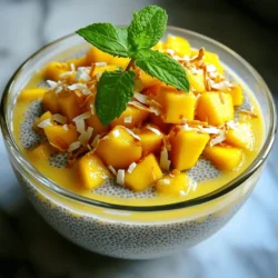 - 1 cup coconut milk (canned or carton) - 1/4 cup chia seeds - 2 tablespoons honey or maple syrup - 1 ripe mango, diced - 1/4 teaspoon vanilla extract - Pinch of salt - Toasted coconut flakes for garnish - Fresh mint leaves for garnish (optional) What are the health benefits of chia seeds? Chia seeds are tiny but powerful. They are full of fiber, protein, and omega-3 fatty acids. These seeds help with digestion and can keep you feeling full. They also support heart health and can lower cholesterol. What are the advantages of coconut milk in recipes? Coconut milk adds a rich and creamy texture. It is dairy-free and works well for those with lactose intolerance. It is also high in healthy fats, giving you energy and helping to absorb vitamins. What are the differences between honey and maple syrup as sweeteners? Honey is sweeter and has a unique flavor. It has antioxidants and can boost your immune system. Maple syrup, on the other hand, has a lower glycemic index. It is less sweet but adds a nice depth of flavor. You can choose based on your taste preference or diet needs. For the full recipe, check out the entire guide on how to make Mango Coconut Chia Pudding. Start by gathering your ingredients. In a medium bowl, mix the coconut milk, honey or maple syrup, vanilla extract, and a pinch of salt. Use a whisk to blend these ingredients well. You want a smooth and creamy texture, so whisk until there are no lumps. This step is key for the pudding's overall consistency. Next, it’s time to add the chia seeds. Gradually sprinkle them into the coconut milk mixture while stirring continuously. This helps to avoid clumping. Use a gentle mixing motion to ensure even distribution. The seeds will soak up the liquid and thicken the pudding, giving it that lovely creamy texture. Once the chia seeds are mixed in, cover the bowl with plastic wrap or transfer the mixture to a mason jar. Place it in the refrigerator. Chill for at least 4 hours, but overnight is best. This time allows the chia seeds to expand and create a thick pudding. After chilling, check the consistency by stirring. If it’s too thick, add a splash of coconut milk. To serve, use clear glass bowls for a stunning look. Spoon the chia pudding into the bowls, then layer it with diced mango. You can alternate layers or simply top the pudding with mango. For a final touch, sprinkle toasted coconut flakes on top. If you like, add fresh mint leaves for color and freshness. This makes your dessert not just tasty but also pretty! For the full recipe, check out the complete guide. To avoid clumping of chia seeds, sprinkle them slowly into the coconut milk. Stir as you add them, which helps them spread out. This method keeps the seeds from sticking together. If you notice clumps, stir the pudding well after chilling. You want it smooth and creamy. To adjust the thickness of the pudding, change the chia seeds or coconut milk amount. More chia seeds make a thicker pudding, while more milk makes it thinner. Experiment a bit to find your favorite texture. You can add spices to give your pudding a unique twist. Try a pinch of cinnamon or nutmeg for warmth. These spices work well with mango and coconut. You can also mix in a little ginger for a spicy kick. For sweetness, taste your pudding after mixing. You might want it sweeter or less sweet. Adjust the honey or maple syrup to your liking. Start with less and add more until it tastes just right. Mango pairs beautifully with many fruits. Consider adding berries for color and flavor. Slices of kiwi also look great and add a tart taste. Pineapple is another tasty option, giving a tropical vibe. When it comes to drinks, coconut water or iced tea works well. These beverages keep the tropical theme alive. For a fun twist, try a light sparkling water with lime. It refreshes and cleanses the palate. For the full recipe, check the earlier section! {{image_4}} You can switch the coconut milk for almond or soy milk. Both options work well and add unique flavors. If you want to try different sweeteners, consider agave or stevia. These can make your pudding lighter or sweeter, based on your taste. For a tropical twist, add diced pineapple or passion fruit to your pudding. These fruits enhance the fresh taste and add a pop of color. If you love chocolate, mix in cocoa powder for a rich, creamy dessert. This change gives a fun new twist to the classic recipe. This recipe is vegan-friendly, thanks to the coconut milk and natural sweeteners. You can enjoy this treat without any animal products. Plus, it is gluten-free, making it safe for those with gluten sensitivities. These adjustments keep the pudding delicious and suitable for various diets. For the full recipe, check out the Mango Coconut Chia Pudding. Store your mango coconut chia pudding in the fridge. Use a sealed container to keep it fresh. It stays good for about 5 days in the fridge. Make sure to check for any changes in smell or texture before eating. If you notice anything off, it’s best to throw it away. You can freeze your pudding if you want to save some for later. Use an airtight container to avoid freezer burn. When you’re ready to eat, let it thaw in the fridge overnight. Expect some changes in texture after freezing. The pudding may become a bit grainy, but it will still taste great. Just stir it well before serving. For the full recipe, check out the earlier section. Mango Coconut Chia Pudding can last up to five days in the fridge. To keep it fresh, store it in a sealed container. Always check for any off smells or changes in texture before eating. Yes, you can make this pudding a day or two ahead. Chia pudding tastes better after sitting, as the flavors meld. Just remember to cover it well and keep it chilled in the fridge. Absolutely! Frozen mango works well in this recipe. Just thaw the mango before adding it to the pudding. This can help save time and still give you that sweet, fruity flavor. Serve the pudding in clear glass bowls to show off the beautiful layers. Top it with diced mango and toasted coconut flakes for a lovely look. You can also add fresh mint leaves for a touch of green. You can use regular milk, but it will change the flavor. Coconut milk gives a creamy, tropical taste. If you want a similar flavor, consider using almond milk or oat milk for a good match. This article covered how to make Mango Coconut Chia Pudding. We looked at ingredients, health benefits, and preparation steps. I shared tips for perfect texture and flavor, plus serving ideas and variations. You can customize it to fit your taste and diet. Remember, this pudding is easy and fun to make. So, get creative and enjoy your delicious treat. It's a great way to eat healthy while having fun in the kitchen.