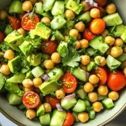 - 1 can (15 oz) chickpeas, thoroughly drained and rinsed - 2 ripe avocados, carefully diced - 1 cup cherry tomatoes, halved for a juicy burst - 1 cucumber, diced into small chunks - 1 small red onion, finely chopped to enhance flavor - 1/4 cup fresh cilantro, finely chopped for freshness - Juice of 1 lime for a zesty kick - 2 tablespoons extra virgin olive oil for richness - 1 teaspoon ground cumin to add warmth - Salt and freshly ground pepper to taste Chickpeas are the heart of this salad. They add protein and fiber. Avocados bring creaminess and healthy fats. Cherry tomatoes add sweetness, while cucumbers add crunch. Red onion gives a nice bite, and cilantro brings a fresh taste. Lime juice brightens the flavors, and olive oil adds richness. Ground cumin adds a warm, earthy note, while salt and pepper bring it all together. - Other vegetables, like bell peppers or carrots - Cheese variations, such as feta or goat cheese - Nuts or seeds for added crunch You can customize this salad. Add other veggies for more color and taste. Cheese adds creaminess and flavor. Nuts or seeds give a satisfying crunch. - Caloric content: Approximately 350 calories per serving - Macronutrients: About 15g protein, 20g fat, 30g carbs - Health benefits: High in fiber, healthy fats, vitamins, and minerals This salad is not just tasty; it's good for you too. It offers fiber for digestion and healthy fats for heart health. Plus, the vitamins and minerals from the fresh ingredients boost your overall health. The recipe I shared is a great way to enjoy a healthy meal. For the full recipe, check the section above. - Preparation of Ingredients Start by gathering all your ingredients. You need chickpeas, avocados, cherry tomatoes, cucumber, red onion, and cilantro. Rinse the chickpeas well and drain them. Dice the avocados and cucumber into small pieces. Halve the cherry tomatoes and chop the red onion finely. This colorful mix will bring joy to your dish. - Mixing the Salad In a large bowl, add the chickpeas, diced avocados, halved cherry tomatoes, diced cucumber, and chopped red onion. Use a spatula to mix gently. Be careful! We want to keep the avocado intact. This creates a vibrant salad that looks as good as it tastes. - Ingredients for the Dressing For the dressing, you will need lime juice, extra virgin olive oil, ground cumin, salt, and pepper. These ingredients will enhance the flavor of your salad. - Whisking Technique In a small bowl, combine the lime juice, olive oil, cumin, salt, and pepper. Use a whisk to mix well until the dressing is smooth. This simple step is key to balancing the flavors. - Tossing Method Drizzle the dressing over the salad mixture. Use a large spoon to gently toss everything together. Make sure all the ingredients are coated without smashing the avocados. - Final Adjustments for Taste Taste your salad. Add more salt, pepper, or lime juice if needed. This step is crucial. Let the salad rest for ten minutes. This allows the flavors to blend. Then, enjoy your fresh and tasty avocado chickpea salad! For the complete recipe, check out the [Full Recipe]. Ensuring Avocado Ripeness To pick the best avocados, look for ones that feel slightly soft when you press gently. If it's too firm, it is not ready. If it feels too mushy, it may be overripe. Always choose ripe avocados for a creamy texture in your salad. Seasoning Tips Seasoning is key to a great salad. Start with a pinch of salt and a dash of pepper. Taste as you mix to find the right balance. The lime juice adds brightness, but adjust it to match your taste. Don’t be shy with the cumin, as it adds warmth and depth. Presentation Ideas Serve the salad in a large shallow bowl. Drizzle some extra olive oil on top for shine. Garnish with fresh cilantro leaves for color. Add lime wedges on the side for those who crave more tang. Pairing Tips with Other Dishes This salad pairs well with grilled chicken or fish. It also works great as a filling for wraps or sandwiches. Serve it alongside rice or quinoa for a complete meal. How to Store Leftovers Store any leftover salad in an airtight container. This keeps it fresh and prevents browning. Use it within two days for the best taste and texture. Best Practices for Maintaining Freshness To maintain freshness, store the dressing separately. Combine it with the salad just before serving. This keeps the avocados and veggies crisp. {{image_4}} You can spice up your avocado chickpea salad in many ways. Adding spices like chili or paprika gives it a nice kick. Just sprinkle a bit on top before serving. The heat from chili makes it exciting. Paprika adds a mild smokiness that enhances the taste. You can also swap herbs to change the flavor. If you like basil, try it instead of cilantro. It adds a sweet touch that pairs well with the creamy avocado. Parsley is another great option. It brings a fresh and bright flavor to the mix. This salad is already vegan-friendly, but you can make it even more so. Use tahini instead of olive oil for added creaminess. It keeps the salad plant-based while adding a nutty flavor. You can also add nutritional yeast for a cheesy taste without dairy. If you need gluten-free options, this salad fits the bill perfectly. All the main ingredients are gluten-free. Just ensure any spices you add are also gluten-free. This way, everyone can enjoy the dish without worry. The beauty of this salad lies in its flexibility with the seasons. In summer, add juicy peaches or berries for sweetness. They bring a fresh burst of flavor. In fall, try adding roasted sweet potatoes or apples for warmth. Incorporating seasonal produce can elevate the dish. Use fresh corn in summer for a crunch. In winter, consider diced winter squash for a hearty touch. Adjusting the ingredients to the season keeps the salad interesting and tasty. Enjoy experimenting! To make Avocado Chickpea Salad, you need a few simple steps. First, gather your ingredients: - 1 can (15 oz) chickpeas, thoroughly drained and rinsed - 2 ripe avocados, carefully diced - 1 cup cherry tomatoes, halved for a juicy burst - 1 cucumber, diced into small chunks - 1 small red onion, finely chopped to enhance flavor - 1/4 cup fresh cilantro, finely chopped for freshness - Juice of 1 lime for a zesty kick - 2 tablespoons extra virgin olive oil for richness - 1 teaspoon ground cumin to add warmth - Salt and freshly ground pepper to taste Combine the chickpeas, avocados, tomatoes, cucumber, and onion in a bowl. Gently mix in cilantro. In a separate bowl, whisk lime juice, olive oil, cumin, salt, and pepper. Pour this dressing over the salad. Toss everything with care to keep the avocado intact. Let it rest for 10 minutes before serving, so flavors blend. For the full recipe, check the detailed instructions. Yes, you can prepare this salad ahead of time! To keep it fresh, store the salad in an airtight container. It lasts well in the fridge for up to two days. However, the avocado may brown slightly. To slow this down, add lime juice evenly over the avocado pieces. You can also store the dressing separately. Mix it in just before serving for the best taste and texture. This salad goes well with many dishes! Here are some great side options: - Grilled chicken or fish for protein - Quinoa or couscous for a grainy side - Pita bread or whole-grain crackers for crunch - A light soup, like tomato or cucumber gazpacho - Fresh fruit, such as watermelon or berries, for sweetness Pairing these items with your Avocado Chickpea Salad will elevate your meal and make it even more enjoyable! To make this Avocado Chickpea Salad, follow these steps: 1. Start by gathering your ingredients. You will need a can of chickpeas, ripe avocados, cherry tomatoes, cucumber, red onion, cilantro, lime, olive oil, cumin, salt, and pepper. 2. Drain and rinse the chickpeas. This step removes extra salt and keeps the salad fresh. 3. Dice the avocados and cucumber, and halve the cherry tomatoes. Chop the red onion and cilantro finely. 4. In a big bowl, mix the chickpeas, avocado, tomatoes, cucumber, and onion. Make sure to combine them well. 5. In a separate bowl, whisk together the lime juice, olive oil, cumin, salt, and pepper. This dressing adds flavor. 6. Pour this dressing over the salad. Gently toss everything together to coat the ingredients well. 7. Let the salad sit for about 10 minutes. This waiting time helps the flavors mix. When selecting ingredients, look for ripe avocados. They should feel slightly soft when you press them. Choose firm cucumbers and bright tomatoes for the best taste. Fresh cilantro enhances the flavor greatly, so use it if you can. Always taste and adjust seasoning to your liking. You can find the full recipe here. This article explored making a fresh Avocado Chickpea Salad. We covered key ingredients like chickpeas, avocados, and cherry tomatoes. You learned how to prepare the salad, mix the dressing, and combine it all for the best taste. I shared useful tips and variations to make the dish fit your style. Remember, this salad is not only tasty but also packed with nutrients. It's perfect for any meal. Enjoy making your version of this simple and healthy salad.