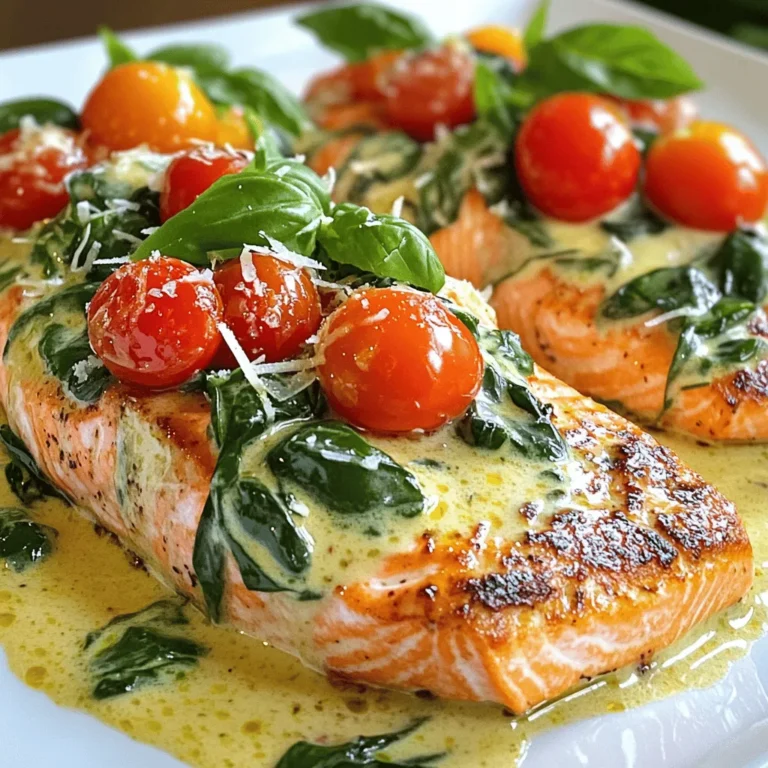 - 4 salmon fillets (approximately 6 oz each) - 2 tablespoons extra virgin olive oil - 4 cloves garlic, finely minced - 1 cup cherry tomatoes, halved - 1 cup fresh spinach, roughly chopped - 1 cup heavy cream - ½ cup freshly grated Parmesan cheese - 1 teaspoon Italian seasoning blend - Fresh basil leaves for garnishing - Salt and freshly ground black pepper to taste - Large non-stick skillet - Spatula - Measuring cups and spoons The main ingredients for this dish create a rich flavor. Salmon fillets are the star. They are full of healthy fats and cook quickly. Garlic adds depth and aroma. Cherry tomatoes bring sweetness and color. Spinach gives a nice touch of green. Heavy cream makes the sauce silky. Parmesan cheese adds a savory kick. Some optional ingredients can enhance the dish. Italian seasoning adds extra flavor. Fresh basil offers a bright touch. Salt and pepper help balance the taste. For kitchen tools, you need a large, non-stick skillet. This pan helps cook the salmon evenly. A spatula makes it easy to flip the fillets. Measuring cups and spoons help with accuracy. This dish is simple yet elegant. You can find the full recipe for Creamy Garlic Tuscan Salmon to guide you further. Enjoy making this delightful meal! 1. Heating the olive oil: Start by heating 2 tablespoons of extra virgin olive oil in a large, non-stick skillet over medium heat. Let the oil get hot but not smoking. This is key for a good sear. 2. Seasoning the salmon: While the oil heats, take your 4 salmon fillets. Generously season both sides with salt and freshly ground black pepper. This step adds flavor from the start. 3. Searing the salmon: Once the oil shimmers, carefully place the salmon fillets skin-side down in the skillet. Sear them for about 4-5 minutes. Look for a golden brown color and ensure they cook through. After cooking, transfer the salmon to a plate and cover it with foil to keep warm. 4. Sautéing garlic and tomatoes: In the same skillet, lower the heat slightly. Add 4 finely minced garlic cloves and sauté for about 1 minute. You want the garlic fragrant but not burnt. Next, toss in 1 cup of halved cherry tomatoes and cook for 3-4 minutes. Stir occasionally until they soften and release their juices. 5. Adding spinach: Stir in 1 cup of roughly chopped fresh spinach. Allow it to wilt and reduce in volume. This should take about 2 minutes. The spinach adds color and nutrition to your dish. 6. Combining heavy cream and cheese: Reduce the heat to low. Carefully pour in 1 cup of heavy cream, stirring to mix well. This will form the base of your creamy sauce. 7. Adjusting flavor with seasonings: Add ½ cup of freshly grated Parmesan cheese and 1 teaspoon of Italian seasoning. Stir continuously until the cheese fully melts and the sauce becomes creamy. Taste and adjust seasoning with salt and black pepper if needed. 8. Finishing with the salmon: Return the cooked salmon fillets to the skillet. Spoon the creamy sauce generously over each fillet. Let it simmer for another 2 minutes. This melds the flavors and warms the salmon through. For the full recipe, including tips on serving and presentation, check out the complete guide. Enjoy the deliciousness of Creamy Garlic Tuscan Salmon! - Ensuring salmon is cooked perfectly: Cook the salmon for 4-5 minutes per side. Look for a golden-brown color. It should flake easily with a fork. Always check the thickest part for doneness. The internal temperature should reach 145°F. - Preventing garlic from burning: Sauté garlic on low heat. Stir it often to keep it from burning. If garlic burns, it becomes bitter. Always add it after the salmon. - Best sides to pair with Creamy Garlic Tuscan Salmon: Serve with garlic bread or creamy risotto. A fresh green salad also complements the dish well. Roasted vegetables add color and flavor too. - Plating ideas for presentation: Use white plates for a clean look. Place salmon in the center and drizzle sauce over it. Garnish with fresh basil and extra Parmesan. This makes the dish pop visually. - Overcooking the salmon: Salmon can dry out quickly if overcooked. Keep an eye on the time and check for flakiness. Remove it from heat when it’s just done. - Using low-quality ingredients: Always choose fresh, high-quality ingredients. Good salmon makes a big difference. Fresh garlic and ripe tomatoes enhance flavor. Don’t skimp on the cream or cheese either. {{image_4}} You can switch up the protein in Creamy Garlic Tuscan Salmon. Chicken or shrimp work great. For chicken, use boneless thighs or breasts. If you choose shrimp, make sure they are peeled and deveined. Both will soak up the creamy sauce well. Want a dairy-free option for the sauce? Use coconut cream instead of heavy cream. This will add a slight sweetness while keeping it creamy. You can also try cashew cream. Just blend soaked cashews with water until smooth. This gives you a rich, creamy texture without dairy. Herbs can boost the flavor of your dish. Try adding fresh dill or parsley for a fresh taste. They add brightness and pair well with the creaminess of the sauce. Just chop them finely and stir them in at the end. Adding extra veggies can also enhance your dish. Consider bell peppers or zucchini. They add color and crunch. Simply chop and sauté them with the garlic before adding the cream. This gives your meal more texture and nutrition. If you need gluten-free options, this recipe is already safe. All ingredients are gluten-free. Just check your Parmesan cheese label to be sure. For low-carb choices, skip heavy cream and use a low-carb alternative. You can use a mix of broth and cream cheese. This keeps the dish creamy but cuts down on carbs. Enjoy your meal without worry! For the full recipe, be sure to check the [Full Recipe]. To store leftovers, let the salmon cool down first. Place it in an airtight container. Make sure to add the creamy sauce on top to keep the fish moist. This will help the flavors stay fresh. You can keep it in the fridge for up to three days. For proper sealing, use plastic wrap or foil before closing the container. This extra layer keeps air out and helps prevent spoilage. You can freeze individual fillets or the sauce. If you freeze the salmon, wrap each fillet in plastic wrap. Then, place them in a freezer-safe bag. This method keeps the fish fresh for up to three months. When freezing the sauce, let it cool first. Pour it into a separate container, leaving some space at the top. It will expand when frozen. For thawing, place the salmon or sauce in the fridge overnight. This slow method helps keep the texture nice. You can also use the microwave on defrost mode if you are in a hurry. To reheat the salmon, the best method is low heat on the stove. Place the salmon in a skillet with a bit of water. Cover it to keep moisture in. Heat it for about 5-7 minutes until warm. For the sauce, you can also use the stove. Heat it gently in a saucepan while stirring. This keeps the flavors rich and creamy. Avoid high heat to prevent splitting or burning the sauce. You can tell the salmon is done when it flakes easily with a fork. The color should change from bright pink to a light peach. Make sure the center is no longer translucent. Use a meat thermometer if you want to be precise. The internal temperature should reach 145°F. Yes, you can make the creamy sauce ahead of time. Just store it in an airtight container in the fridge. When you are ready to use it, reheat gently on low heat. Stir well before adding the salmon. This helps keep the sauce smooth and creamy. You can use half-and-half or whole milk as a lighter option. For a dairy-free choice, try coconut cream or cashew cream. These options will change the flavor slightly but still create a nice sauce. Adjust the seasoning to suit your taste. Leftovers will last about 3 to 4 days in the fridge. Make sure to store them in a sealed container. To keep the salmon moist, add a little sauce on top before sealing. This helps maintain flavor and texture. Yes, you can use frozen salmon. Just thaw it in the fridge overnight before cooking. You can also place it in a sealed bag and submerge it in cold water for quicker thawing. Cook the salmon as you normally would once it is fully thawed. For the complete cooking experience, check out the Full Recipe. This blog post explored making Creamy Garlic Tuscan Salmon. We discussed key ingredients, kitchen tools, and step-by-step cooking instructions. Tips helped ensure a perfect cook, while serving ideas enhanced your meal. I shared helpful variations for dietary needs and storage info for leftovers. In closing, this dish is simple yet flavorful. With the right techniques, you'll impress anyone at your table. Enjoy cooking and savor every bite!