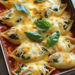 For Chicken and Spinach Stuffed Shells, you need: - 20 jumbo pasta shells - 2 cups cooked chicken, shredded - 1 cup fresh spinach, finely chopped - 1 cup creamy ricotta cheese - 1 cup shredded mozzarella cheese - 1/2 cup grated Parmesan cheese - 1 large egg, beaten - 2 cups marinara sauce (homemade or store-bought) - 1 teaspoon garlic powder - 1 teaspoon onion powder - Salt and pepper, to taste - Fresh basil leaves, for garnish These ingredients come together to create a rich and comforting dish that your family will love. You can also customize it by adding vegetables or herbs of your choice to the filling. If you want to change things up, consider these options: - Alternative proteins: Use turkey or tofu instead of chicken for different flavors. Both options work well with spinach and cheese. - Dairy-free cheese: For a vegan version, look for dairy-free ricotta and mozzarella. Many brands offer great taste and texture. - Gluten-free pasta: If you need a gluten-free option, swap the jumbo shells with gluten-free pasta shells. They cook similarly and hold the filling well. This flexibility helps you tailor the dish to fit your dietary needs while still enjoying a delicious meal. Check out the Full Recipe to get started on this delightful dish! To start, preheat your oven to 375°F (190°C). This temperature helps the dish bake evenly. While the oven heats, fill a large pot with water and add a good amount of salt. Bring it to a boil. Once boiling, add the jumbo pasta shells. Cook them according to the package instructions. You want them al dente, not too soft. When done, drain the shells and set them on a baking sheet to cool. This keeps them from sticking together. In a big mixing bowl, combine your filling ingredients. Start with 2 cups of shredded cooked chicken and add 1 cup of finely chopped fresh spinach. Then, mix in 1 cup of creamy ricotta cheese, 1/2 cup of grated Parmesan cheese, and half of the shredded mozzarella cheese. Crack one large egg into the bowl. Sprinkle in 1 teaspoon of garlic powder and 1 teaspoon of onion powder. Add salt and pepper to taste. Mix everything well until smooth. This mixture should be creamy and flavorful. Now, it’s time to stuff the shells. Take each cooled pasta shell and fill it with your chicken and spinach mixture. Don’t be shy; pack it in well! Place each filled shell seam-side up in a lightly greased 9x13 inch baking dish. Once all the shells are in, pour 2 cups of marinara sauce over them. Make sure each shell gets coated. Finally, sprinkle the remaining mozzarella cheese on top. Cover the dish with aluminum foil. Bake for 25 minutes. This keeps the shells moist. After that, remove the foil and bake for another 10-15 minutes. You want the cheese to bubble and turn golden brown. Once baked, let it cool for 5 minutes before serving. This wait helps the filling set. You’re ready to enjoy your delicious Chicken and Spinach Stuffed Shells! For the full recipe, see the section above. For perfect pasta shells, cook them for 8-10 minutes in boiling water. They should be al dente, firm but cooked. After draining, place them on a baking sheet. This keeps them from sticking together. Letting the dish rest for 5 minutes is key. This helps the filling set and makes serving easier. The flavors also meld together during this time, enhancing the taste. To spice up the recipe, add fresh herbs like basil or parsley. A pinch of red pepper flakes gives a nice kick. You can also mix in some Italian seasoning for extra flavor. Pair these stuffed shells with a simple salad or garlic bread. A drizzle of extra marinara on top adds moisture and taste. You can also serve them with a side of roasted vegetables for a colorful plate. If you want the full recipe, check out the complete guide above. {{image_4}} To make Chicken and Spinach Stuffed Shells vegetarian, swap chicken for mushrooms or lentils. Both options add great flavor and texture. You can also use ricotta and spinach alone. For gluten-free shells, look for pasta made from rice or corn. These options taste great and hold the filling well. You can play with the filling by adding different veggies. Chopped bell peppers, zucchini, or carrots work well. Just sauté them lightly before mixing with other ingredients. This keeps the filling fresh and adds nice flavors. Cheese blends can change the taste of your stuffed shells. Try using gouda or feta instead of ricotta. Combining different cheeses can create a rich flavor. You might also mix in some cream cheese for extra creaminess. For sauces, marinara is a classic choice, but you can use alfredo for a creamy twist. Pesto adds a fresh, herby flavor. Top the shells with a sprinkle of red pepper flakes for heat or add fresh herbs for a burst of color. After enjoying your Chicken and Spinach Stuffed Shells, store any leftovers safely. First, allow the dish to cool to room temperature. Then, place the shells in an airtight container. Use glass or plastic containers that seal tightly. If you want to freeze them, wrap the shells tightly in plastic wrap before placing them in a freezer-safe bag. This helps prevent freezer burn. Keep the leftovers in the fridge for up to four days. For frozen shells, they can last up to three months. To reheat your stuffed shells, the oven is the best method. Preheat it to 350°F (175°C). Place the shells in a baking dish, cover with foil, and warm for about 20 minutes. This keeps the shells moist and tasty. If you prefer the microwave, place them on a microwave-safe plate. Heat on medium power for 2-3 minutes. Check to make sure they are warm throughout. For both methods, add a splash of marinara sauce to keep them flavorful. Enjoy your delicious meal again! How can I make Chicken and Spinach Stuffed Shells ahead of time? You can prepare the stuffed shells a day in advance. Just follow the recipe until you fill the shells. Then, place them in a baking dish and cover with foil. Store them in the fridge overnight. When you are ready, bake them straight from the fridge. You may need to add a few extra minutes to the baking time. Can I prepare these shells with raw chicken? I do not recommend using raw chicken. The shells need fully cooked chicken for the best flavor and safety. Cooking the chicken before mixing it with other ingredients ensures your dish is tasty and safe to eat. What should I serve with Chicken and Spinach Stuffed Shells? These stuffed shells pair well with a simple side salad or garlic bread. A light salad with fresh veggies adds crunch. Garlic bread gives a nice touch to soak up any extra sauce. What are the best marinara sauce options? You can use homemade marinara for a fresh taste. If you go for store-bought, opt for a brand with no added sugars. Look for sauces that highlight fresh tomatoes and herbs. This will enhance the flavors of your stuffed shells. How do I know when stuffed shells are fully cooked? Check the cheese on top; it should be bubbly and golden brown. You can also insert a knife into the center. If it feels hot and the filling is warm, they are ready to enjoy. Letting them rest a few minutes helps the filling set, making them easier to serve. For a full recipe, check the complete guide! Chicken and Spinach Stuffed Shells are a delightful meal that you can easily customize. This dish is about fresh ingredients, clear steps, and tasty variations. You learned how to prep, fill, and bake these shells for a satisfying dinner. Remember, you can swap ingredients based on your needs and preferences. Storing leftovers is simple, and reheating is easy to keep flavors intact. With a few tips and tricks, you can make this dish shine every time. Enjoy creating your perfect stuffed shells!